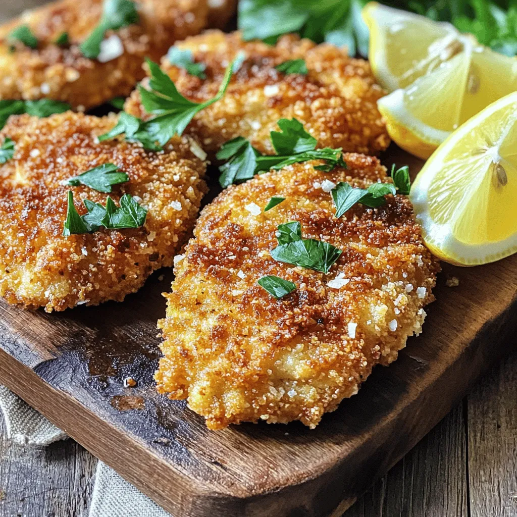 - Chicken: 4 boneless, skinless chicken breasts - Coating: 1 cup all-purpose flour, 2 large eggs, 1 cup breadcrumbs (preferably panko for extra crunch), 1/2 cup grated Parmesan cheese - Seasoning: 1 teaspoon garlic powder, 1 teaspoon paprika, salt, and pepper to taste - Garnish and Cooking: 1/4 cup fresh parsley, chopped, olive oil for frying To make crispy Parmesan crusted chicken cutlets, gather these ingredients. Each part plays a key role in the final taste. The chicken should be fresh and good quality. Panko breadcrumbs add that extra crunch we all love. Use fresh Parmesan for the best flavor. Make sure to have your seasonings ready. Garlic powder and paprika give great taste. Salt and pepper are a must to enhance all flavors. Fresh parsley adds color and freshness when serving. Olive oil is essential for frying and achieving that golden crust. With these ingredients, you are ready to start your cooking adventure. Let's make something delicious! To start, take your chicken breasts and place them between two sheets of plastic wrap. Use a meat mallet to pound them to an even thickness of about 1/2 inch. This step is crucial because it helps the chicken cook evenly. Next, set up your breading station. You will need three shallow dishes. In the first dish, add 1 cup of all-purpose flour and season it with salt and pepper. In the second dish, crack and beat 2 large eggs until smooth. In the third dish, mix 1 cup of breadcrumbs with 1/2 cup of grated Parmesan cheese, 1 teaspoon of garlic powder, 1 teaspoon of paprika, and a pinch of salt and pepper. Now it's time to coat the chicken. First, dip each chicken breast into the flour. Make sure to coat it evenly and shake off any excess. This helps the next layer stick better. Next, take the floured chicken and dip it into the beaten eggs. Let any extra egg drip off so the coating stays crisp. Finally, it’s time for the breadcrumb and Parmesan mixture. Press the chicken into the mixture firmly. This step ensures a thick, crunchy crust. Repeat this process with all the chicken pieces. Heat about 1/4 inch of olive oil in a large skillet over medium heat. To check if the oil is hot enough, drop in a piece of breadcrumb. If it sizzles, you’re ready to go. Carefully place the coated chicken cutlets into the hot oil. Don’t overcrowd the pan; cook in batches if needed. Fry each cutlet for about 4-5 minutes on each side. You want them to turn golden brown and crispy. Once cooked, use tongs to move the cutlets to a paper towel-lined plate. This step helps drain any extra oil. Before serving, garnish with chopped fresh parsley for a pop of color. To get that perfect crispy crust, always use panko breadcrumbs. Panko adds a light and crunchy texture that regular breadcrumbs cannot match. They are larger and airier, which helps create a great crunch when fried. For oil temperature, heat it over medium. Test it by dropping a small piece of breading in. If it sizzles, you're ready to fry! Fry in batches to prevent overcrowding. This keeps the temperature steady, ensuring each cutlet cooks evenly. To boost flavor, add more seasonings to the breadcrumb mix. Try adding onion powder or black pepper for a kick. You can also mix in dried herbs like oregano or thyme. For cheese variations, experiment with grated Pecorino Romano or even a sprinkle of smoked cheddar. These changes can elevate your chicken cutlets and keep your taste buds excited. Enjoy your cooking! {{image_2}} You can switch up the flavors of your crispy chicken cutlets. Here are two tasty ideas: - Lemon Herb Chicken Cutlets: Add zest and juice from one lemon to the egg. Mix fresh herbs like thyme or rosemary into the breadcrumb mixture. This gives the chicken a bright, fresh taste. - Spicy Parmesan Crusted Chicken: Mix cayenne pepper or red pepper flakes into the breadcrumb mix. This adds a nice kick to the flavor. You can also use spicy cheese for an extra boost. Pair your chicken cutlets with sides that enhance their flavor. Here are some ideas: - Ideal Sides: Serve with a simple salad of mixed greens. You can also try roasted vegetables or creamy mashed potatoes. These add color and balance to your meal. - Creative Presentations: For gatherings, place cutlets on a rustic wooden board. Garnish with lemon wedges and chopped parsley. This makes your dish look beautiful and inviting. To keep your chicken cutlets tasty, store them in the fridge. Place them in an airtight container. They will stay fresh for about three days. If you want to save them longer, freeze the cutlets. Wrap each piece in plastic wrap, then place them in a freezer bag. This helps prevent freezer burn. To reheat, use the oven for the best results. Preheat your oven to 375°F. Place the cutlets on a baking sheet and heat for about 10 to 15 minutes. This keeps them crispy. You can also reheat them in a skillet with a little oil over medium heat. Cook for about 5 minutes on each side until warmed through. For best taste, eat your cutlets within three days if refrigerated. If frozen, they can last up to three months. Look for signs of spoilage before eating. If you see any discoloration or an off smell, it’s best to throw them away. Always trust your senses; they can help keep you safe. To make chicken cutlets extra crispy, use panko breadcrumbs. They add great crunch. Ensure the oil is hot before frying. If the oil is not hot, the cutlets will absorb it, making them soggy. Fry in batches to avoid overcrowding. This helps each piece cook evenly. Yes, you can bake chicken cutlets. Preheat your oven to 400°F (200°C). Place the breaded cutlets on a baking sheet lined with parchment. Spray or brush them lightly with olive oil. Bake for about 20-25 minutes, flipping halfway. Look for a golden color to know they are done. If you need a substitute for Parmesan, try Pecorino Romano. It has a similar taste but is saltier. For a vegan option, use nutritional yeast. It adds a cheesy flavor without dairy. You can also use other hard cheeses, like Grana Padano, if you're not strict about it. To check if chicken cutlets are cooked, use a meat thermometer. The internal temperature should reach 165°F (75°C). If you don’t have a thermometer, cut into the thickest part. The meat should be white, not pink. Juices should run clear, indicating doneness. In this post, I shared how to create delicious chicken cutlets. You learned about key ingredients, the step-by-step breading and cooking process, and tips for a crispy crust. Flavor variations add fun and freshness, while proper storage keeps leftovers tasty. Keep these ideas in mind as you cook. Enjoy impressing your family and friends with your skills. Cooking brings joy, and these chicken cutlets can be a new favorite dish. Happy cooking!