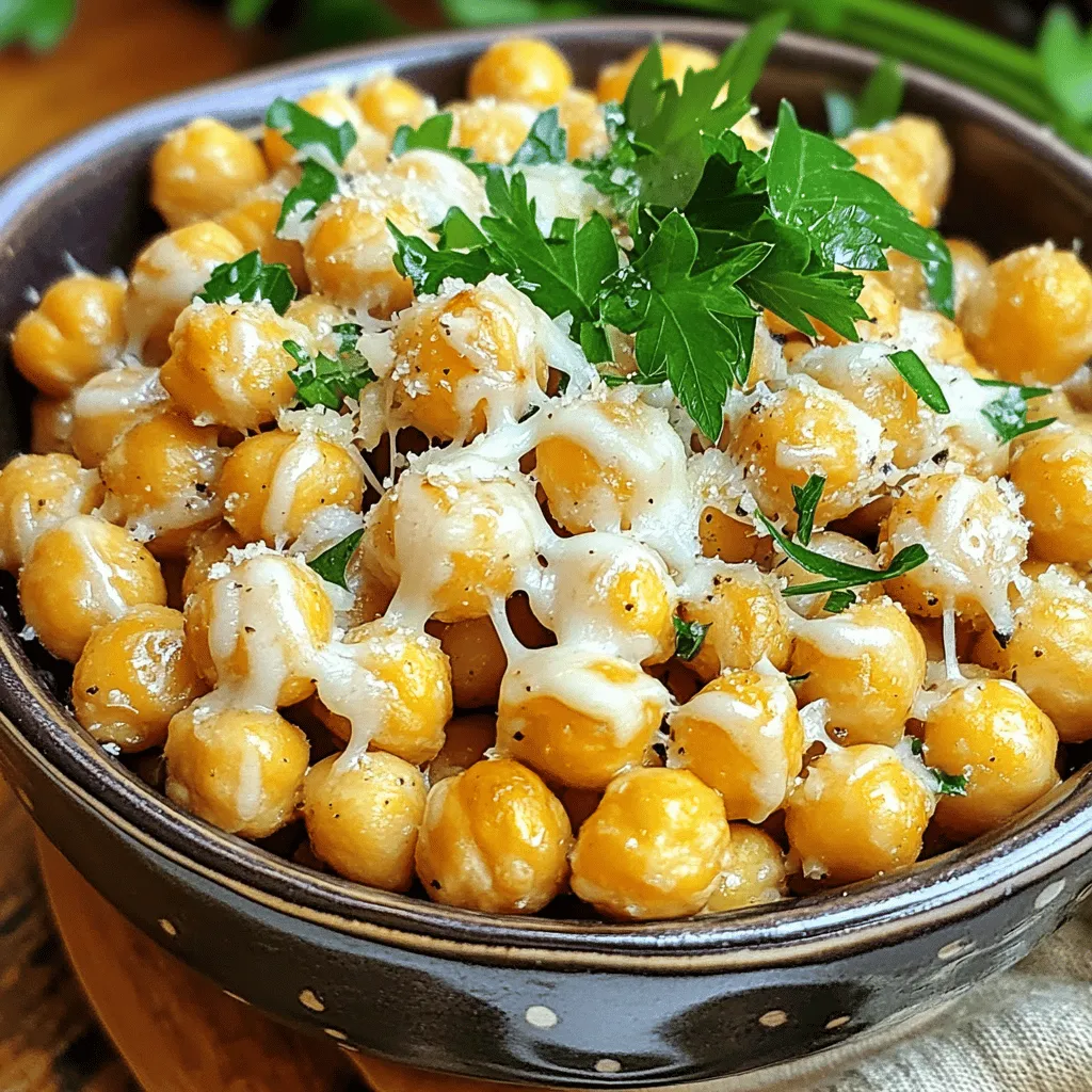 For Garlic Parmesan Roasted Chickpeas, you will need: - 1 can (15 oz) chickpeas, drained and rinsed - 3 tablespoons olive oil - 2 teaspoons garlic powder - 1 teaspoon onion powder - 1 teaspoon smoked paprika - 1 teaspoon sea salt - 1/2 teaspoon black pepper - 1/2 cup grated Parmesan cheese - Fresh parsley, chopped (for garnish) These simple ingredients create a tasty, crunchy snack. The chickpeas provide protein and fiber, making them a healthy choice. You can make this snack even more fun with different flavors. Here are some ideas: - Add cayenne pepper for heat - Use nutritional yeast for a vegan twist - Try Italian seasoning for an herby flavor - Squeeze fresh lemon juice right before serving for brightness These extra touches can change your chickpeas into something special. You can mix and match according to your taste. Here’s a quick look at the nutrition for one serving (assuming 4 servings): - Calories: 160 - Protein: 6g - Carbohydrates: 14g - Fat: 8g - Fiber: 5g Chickpeas are packed with nutrients. This snack not only tastes great but also supports your health. Enjoy making this dish and feel good about what you eat! First, gather your ingredients. You need one can of chickpeas, olive oil, garlic powder, onion powder, smoked paprika, sea salt, black pepper, and Parmesan cheese. Preheat your oven to 400°F (200°C). Next, line a baking sheet with parchment paper. This helps with easy cleanup later. Now, drain and rinse the chickpeas in a colander. After rinsing, pat them dry with a paper towel. This step is key. Removing moisture makes them crispier. After drying, place the chickpeas in a mixing bowl. Add three tablespoons of olive oil. Then, sprinkle in two teaspoons of garlic powder, one teaspoon of onion powder, one teaspoon of smoked paprika, one teaspoon of sea salt, and half a teaspoon of black pepper. Mix well until the chickpeas are fully coated with the spices. Spread the seasoned chickpeas on the prepared baking sheet. Make sure they are in a single layer. This ensures they roast evenly. Place the baking sheet in the oven. Roast the chickpeas for 25-30 minutes. Remember to shake the pan halfway through. This helps them cook evenly. After roasting, check if they are golden brown and crispy. Remove them from the oven. While they are hot, sprinkle half a cup of grated Parmesan cheese on top. Toss them gently to coat the chickpeas. Return them to the oven for another five minutes. This allows the cheese to melt slightly and stick to the chickpeas. After five minutes, take them out and let them cool a bit. Once cooled, transfer the chickpeas to a serving bowl. For a fresh twist, garnish with chopped parsley. These chickpeas make a great snack at parties or a healthy munch during movie night. Enjoy them on their own or add them to salads for extra crunch. To get crispy chickpeas, you must start with dry ones. After rinsing, pat them with a paper towel. A dry surface helps them roast better. Use enough olive oil to coat them well, but not too much. The oil helps to crisp up the chickpeas in the oven. Remember to spread them in a single layer on the baking sheet. This allows hot air to circulate around each chickpea. Shake the pan halfway through cooking to ensure even crispiness. While garlic and Parmesan shine in this recipe, feel free to mix it up. You can try adding cayenne pepper for heat or curry powder for a twist. Smoked paprika gives a nice depth, but you might love some cumin too. If you want fresh herbs, rosemary or thyme can add a great flavor. Experiment with spices that you enjoy. Each new mix can bring a fun twist to your snack. One common mistake is not drying the chickpeas enough before roasting. This leads to a soggy texture, not crispy. Another mistake is overcrowding the baking sheet. If you pile them up, they will steam instead of roast. Always make sure to shake the pan during cooking. Lastly, don’t skip the final oven step with the cheese. This helps the Parmesan melt and stick to the chickpeas, adding flavor and texture. {{image_2}} To add heat to your Garlic Parmesan roasted chickpeas, try this spicy twist. Start with the basic recipe. Add 1 teaspoon of cayenne pepper or red pepper flakes to your spice mix. This gives your chickpeas a nice kick. Adjust the spice level to your taste. You can even serve them with a side of ranch dressing for dipping. For a taste of Italy, use Italian herbs. Mix in 1 teaspoon of dried oregano and 1 teaspoon of dried basil with the garlic and onion powders. These herbs give the chickpeas a fresh, herbaceous flavor. The Parmesan cheese pairs perfectly with the herbs, making each bite a true delight. You can also add a squeeze of lemon juice for brightness. If you want a vegan option, skip the Parmesan cheese. Instead, use nutritional yeast for a cheesy flavor. Toss the chickpeas with 2 tablespoons of nutritional yeast before roasting. This adds a rich taste without the dairy. You can also try using cashew cheese or any vegan cheese of your choice. These swaps keep the dish flavorful and enjoyable for everyone. To keep your Garlic Parmesan roasted chickpeas fresh, store them in an airtight container. Use a glass jar or a resealable plastic bag. Make sure they cool completely before sealing. This prevents moisture, which can make them soggy. For the best crunch, keep them at room temperature. Avoid the fridge, as it can soften them. If you want to enjoy your chickpeas warm again, reheat them in the oven. Preheat your oven to 350°F (175°C). Spread the chickpeas on a baking sheet in a single layer. Heat them for about 10 minutes, checking to see if they are crispy. You can also use an air fryer for a quick reheat. Set it to 350°F (175°C) for 5-7 minutes. Properly stored, Garlic Parmesan roasted chickpeas last about 3-5 days. They taste best within the first couple of days. After that, they may lose their crunch. If you notice any off smells or flavors, it’s best to discard them. Enjoy them fresh for the best snacking experience! Yes, you can use an air fryer for this recipe. Just preheat your air fryer to 400°F (200°C). Toss the chickpeas with olive oil and spices in a bowl. Place them in the air fryer basket in a single layer. Cook for about 15-20 minutes. Shake the basket halfway through for even cooking. Add Parmesan cheese in the last 2 minutes. This method gives you a crunchy snack without using the oven. Garlic Parmesan roasted chickpeas make a great snack on their own. You can also serve them with dips like hummus or tzatziki. They pair well with salads, adding crunch and flavor. Use them as a topping on soups for extra texture. These chickpeas can even fill a platter alongside veggies or pita chips for a fun appetizer. This recipe is already gluten-free! Chickpeas are a natural gluten-free food. Just be sure to check your Parmesan cheese label. Most brands are gluten-free, but it’s good to confirm. If you use an alternative cheese, make sure it is gluten-free too. Enjoy this snack without any worries! In this post, we explored how to make crispy, flavorful roasted chickpeas. We covered the essential ingredients and seasonings to enhance taste. I shared step-by-step instructions for preparation and roasting. You learned helpful tips to achieve the perfect crunch and some tasty variations to try. Proper storage and reheating methods keep your chickpeas fresh. Remember, you can always tweak the recipe to fit your taste. Enjoy these snacks anytime and impress your friends with your cooking skills!