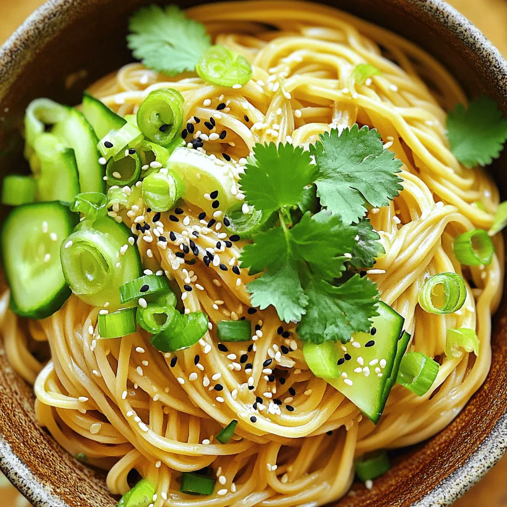 To make Sesame Garlic Soba Noodles, gather these ingredients: - 200g soba noodles - 3 tablespoons sesame oil - 4 cloves garlic, minced - 2 tablespoons soy sauce (or tamari for gluten-free) - 1 tablespoon rice vinegar - 2 teaspoons sesame seeds (white and black mix) - 1/2 teaspoon red pepper flakes (adjust to taste) - 2 green onions, chopped - 1 small cucumber, julienned - Fresh cilantro for garnish If you need to convert measurements, here are some quick tips: - 1 tablespoon equals 15 milliliters. - 1 teaspoon equals 5 milliliters. - 200 grams of soba noodles is about 7 ounces. - For cups, 1 tablespoon is about 0.06 cups. Having these conversions helps if you only have measuring cups or a scale. You can swap out some ingredients if needed: - Use olive oil instead of sesame oil for a lighter flavor. - If you don’t have soy sauce, use coconut aminos for a soy-free option. - For extra crunch, try chopped nuts instead of sesame seeds. - If you lack fresh cilantro, parsley makes a good substitute. These substitutions keep the dish tasty and fresh, even if you run out of something. To start, fill a large pot with water. Bring it to a boil over high heat. Once the water is bubbling, add 200 grams of soba noodles. Cook them according to the package directions. This usually takes about five to seven minutes. Stir the noodles occasionally so they don’t stick together. When they are al dente, drain them in a colander. Rinse the noodles with cold water to stop the cooking. This also helps remove extra starch. While the noodles cook, you can make the sauce. In a small bowl, add three tablespoons of sesame oil. Then, add four cloves of minced garlic. Next, mix in two tablespoons of soy sauce. If you want a gluten-free option, use tamari instead. Add one tablespoon of rice vinegar and two teaspoons of sesame seeds to the bowl. For some heat, include half a teaspoon of red pepper flakes. Whisk all these together until they blend well. Set the sauce aside for later. Once your noodles are ready, it’s time to mix them with the sauce. In a large mixing bowl, combine the cooked soba noodles and the sauce. Toss everything well so the noodles get coated evenly. Next, add in two chopped green onions and a small julienned cucumber. Mix gently to combine. Now, taste the noodles. If you want more flavor, adjust with extra soy sauce or red pepper flakes. When ready to serve, plate the noodles. Finish by garnishing them with a sprinkle of sesame seeds and fresh cilantro. Enjoy your meal! To achieve the best texture for soba noodles, cook them just right. Bring a large pot of water to a rolling boil. Add the soba noodles and cook for about 5-7 minutes. Always check the package for exact times. You want them al dente, so they hold up well when mixed with the sauce. Once cooked, drain and rinse them under cold water. This step removes extra starch and stops the cooking process. It keeps the noodles from getting mushy. The key to great flavor is in the sauce. Combine sesame oil, minced garlic, soy sauce, rice vinegar, and red pepper flakes. Whisk these ingredients well in a small bowl. The sesame oil gives richness, while the garlic adds depth. Adjust the red pepper flakes for spice to fit your taste. If you want a touch of sweetness, consider adding a bit of honey or maple syrup. This balance makes the dish pop! A beautiful plate can make any dish shine. Start by plating the soba noodles in a large bowl or on a plate. Sprinkle the sesame seeds on top for a nice crunch. Add fresh cilantro leaves for color and aroma. The julienned cucumber and chopped green onions can be arranged on the side for a fresh look. For a fun twist, serve the noodles in individual bowls with a lime wedge for a dash of citrus. This adds both flair and flavor! {{image_2}} You can easily add proteins to your sesame garlic soba noodles. Tofu is a great choice for a vegetarian option. Cube firm tofu, then pan-fry it until golden. Add it to the noodles for extra texture. If you prefer chicken, slice it into thin strips. Cook it in a hot pan until it’s fully cooked. Shrimp also works well. Just sauté them until they turn pink. All these proteins boost flavor and make the dish more filling. For a vegan twist, use vegetable broth instead of chicken broth. You can swap soy sauce for tamari if you want it gluten-free. Use maple syrup instead of honey for sweetness. Add chickpeas or lentils for protein. These options make the dish rich and satisfying without losing flavor. You can customize your soba noodles with many vegetables. Try adding bell peppers for crunch and color. Broccoli is also a great choice; just steam it lightly before mixing in. Carrots, shredded or julienned, add sweetness. You can even toss in snap peas for a fresh bite. These veggies not only enhance flavor, but they also make your meal more colorful and nutritious. To keep your sesame garlic soba noodles fresh, place leftovers in an airtight container. Make sure the noodles cool down before sealing. Store them in the fridge for up to three days. This way, you can enjoy them later without losing flavor. When you’re ready to eat, reheating is easy. Place the noodles in a pan over low heat. Add a splash of water or soy sauce to prevent sticking. Stir occasionally until warmed through. You can also use a microwave. Heat in short bursts, stirring in between, until hot. If you want to save your soba noodles for longer, freezing is a great option. First, store the noodles in a freezer-safe container. You can also use freezer bags. Just make sure to remove as much air as possible. They will stay good for up to three months. When ready to eat, thaw in the fridge overnight and reheat as needed. You can easily make soba noodles gluten-free by choosing a brand made from 100% buckwheat. Many brands mix buckwheat with wheat, so check labels carefully. Look for "gluten-free" on the package. Tamari is a great soy sauce to use in this recipe since it is usually gluten-free too. Yes, you can prepare these noodles ahead of time. Cook the noodles and sauce, then mix them together. Store them in the fridge for up to three days. When ready, just reheat in a pan with a splash of water. This keeps them moist and tasty. If you don't have sesame oil, you can use olive oil or avocado oil. These oils have a milder flavor but still work well. You might miss the nutty taste, but the dish will still be delicious. You can also try a mix of peanut oil and a bit of toasted sesame oil for a twist. This blog post covered the ingredients, cooking steps, and tips for making sesame garlic soba noodles. You learned about ingredient lists, replacements, and cooking methods. I shared ways to enhance flavors and different serving ideas. You can add proteins and veggies for extra nutrition, plus tips on storing leftovers. Soba noodles are simple to make and customize. Enjoy experimenting with your own flavors. Happy cooking!