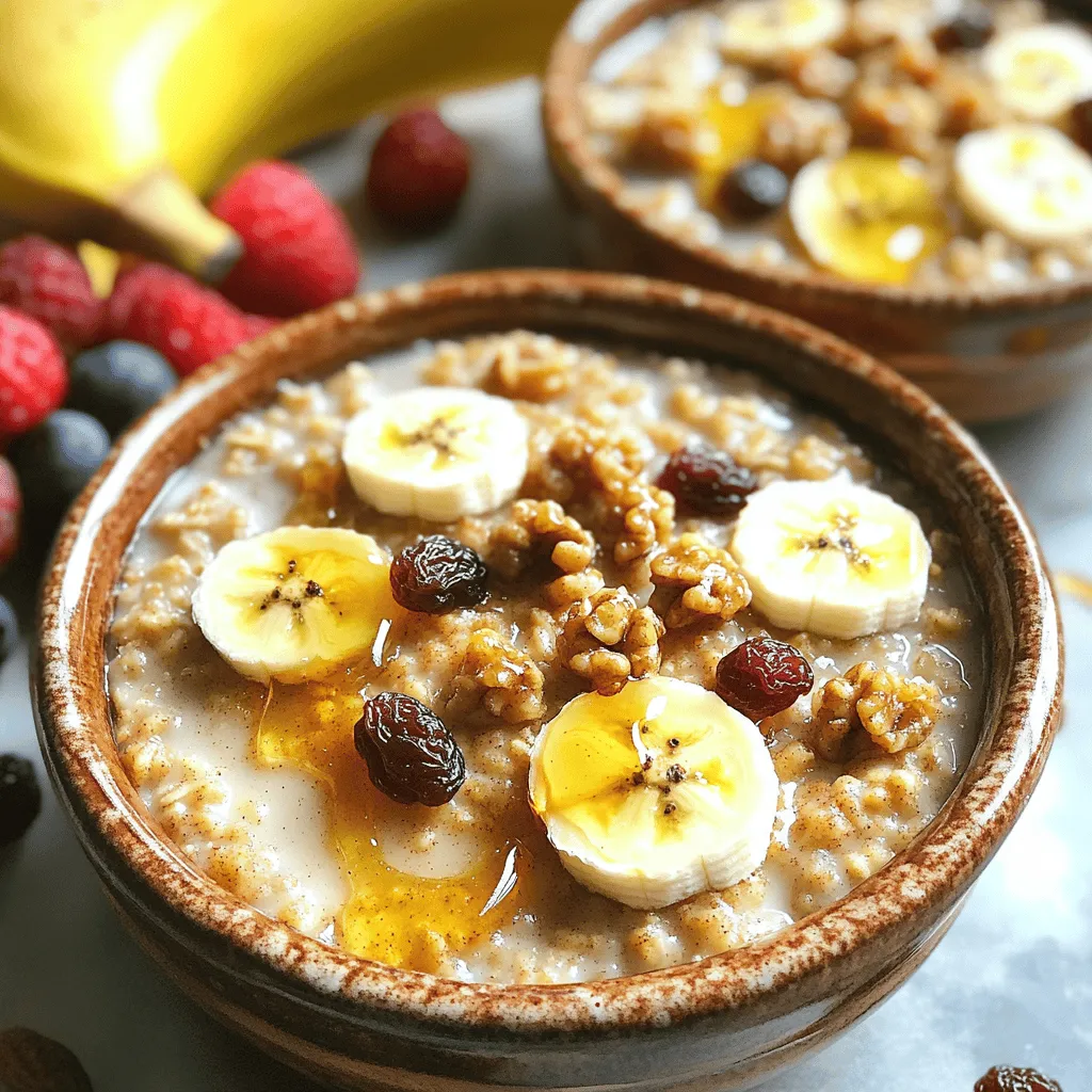 - 2 cups rolled oats - 2 cups almond milk (or any milk of choice) - 1/2 cup raisins - 1/4 cup brown sugar (adjust to taste) - 1 teaspoon cinnamon - 1/2 teaspoon vanilla extract - 1/4 teaspoon salt - 2 tablespoons coconut oil (melted) - 1/2 cup chopped walnuts (optional) - 1 ripe banana, mashed (for natural sweetness) - Fresh fruit for topping (optional) You can switch almond milk for any milk you prefer. If you need sugar alternatives, use honey or maple syrup. For nut-free options, skip the walnuts or use seeds like pumpkin or sunflower. These swaps keep the dish tasty and friendly for everyone's needs. 1. Start by preheating your oven to 350°F (175°C). This heat will help cook the oatmeal evenly. 2. In a large bowl, mix the rolled oats, brown sugar, cinnamon, and salt. Stir them well to blend the flavors. 1. In a separate bowl, whisk together the almond milk, melted coconut oil, vanilla extract, and mashed banana. This mix adds moisture and natural sweetness. 2. Pour the wet mixture into the dry ingredients. Stir until the oats are well coated. Now, fold in the raisins and walnuts if you chose to add them. 1. Grease an 8x8-inch baking dish with coconut oil or spray to prevent sticking. Pour the oatmeal mix into the dish, spreading it evenly. 2. Bake in the preheated oven for 25-30 minutes. To check for doneness, look for a golden brown top. The center should not be jiggly. Let it rest for a few minutes before serving. To achieve the perfect texture in your oatmeal, use rolled oats. They cook evenly and give a nice chew. Be sure to mix the wet and dry ingredients well. This helps the oats soak up all the moisture. To avoid overbaking, keep an eye on the color. Bake until the top is golden brown, usually around 25-30 minutes. If it starts browning too fast, cover it with foil. This way, it cooks evenly without burning. The best toppings for Cinnamon Raisin Baked Oatmeal include fresh fruits like bananas or berries. A drizzle of honey or maple syrup adds sweetness. You can also sprinkle more cinnamon for extra flavor. For pairing ideas, enjoy it with yogurt for a creamy touch. It also goes well with a cup of coffee or tea to start your day right. You can add spices like nutmeg or cardamom for a flavor boost. A pinch of ginger can give it a warm kick. Don't be afraid to experiment with flavors you love. To make it gluten-free, use certified gluten-free oats. This simple swap keeps your breakfast safe while tasting delicious. Enjoy this tasty treat without worry! {{image_2}} You can easily change the taste of your baked oatmeal. Try adding chocolate chips for a sweet twist. Dark chocolate pairs well with cinnamon. You can also mix in other fruits like apples, berries, or peaches. For a seasonal treat, use pumpkin spice in the fall. Just swap out the cinnamon for a cozy pumpkin flavor. These options help keep your breakfast fun and exciting. Need a vegan version? Replace the almond milk with oat milk or coconut milk. Use maple syrup instead of brown sugar. This keeps it plant-based and still tasty. For a high-protein alternative, add a scoop of protein powder to the oats. You can also sprinkle in some hemp seeds or chia seeds. These changes boost protein without changing the flavor much. You can adjust the recipe for one or two servings. Simply cut the ingredients in half and bake in a smaller dish. This is great for a quick breakfast. If you want mini portions, use a muffin tin instead. Fill each cup with the oatmeal mixture and bake until golden. Mini muffins are perfect for on-the-go mornings or snacks. To keep your baked oatmeal fresh, store it in an airtight container. Place it in the fridge if you plan to eat it within a week. For longer storage, you can freeze it. Cut the oatmeal into squares, wrap each piece in plastic wrap, and place them in a freezer-safe bag. This way, you have easy portions ready to go. When you want to enjoy baked oatmeal again, use one of these methods: - Microwave: Place a portion on a microwave-safe dish. Heat for 30-60 seconds until warm. - Oven: Preheat your oven to 350°F (175°C). Put the oatmeal in a baking dish, cover it with foil, and heat for about 10-15 minutes. To keep your baked oatmeal soft, add a splash of almond milk when reheating. This helps maintain the right texture. Baked oatmeal stays fresh for about 5-7 days in the fridge. If frozen, it can last for up to three months. Check for spoilage by looking for any off smells or changes in color. If it smells odd or looks different, it's best to throw it away. Cinnamon Raisin Baked Oatmeal is a warm, hearty dish made from oats, raisins, and cinnamon. It bakes in the oven, creating a soft, cake-like texture. This meal is appealing because it combines comfort with nutrition. You can enjoy it for breakfast or a snack. The sweet aroma of cinnamon fills your kitchen as it bakes. Each bite is packed with flavor and goodness! Yes! You can prepare this dish in advance. Mix the dry ingredients the night before. Store them in an airtight container. In the morning, combine the wet ingredients and mix them with the dry ones. Bake it fresh for breakfast. You can also bake it the night before and reheat it in the morning. Cinnamon Raisin Baked Oatmeal is quite healthy. It is rich in fiber from the oats and raisins. Fiber helps with digestion and keeps you full longer. The oatmeal also includes healthy fats if you add walnuts. Using almond milk keeps it dairy-free and lower in calories. Just watch the sugar amount if you want it even healthier. You can use steel-cut oats, but you will need to change the cooking time. Steel-cut oats take longer to cook than rolled oats. You may need to soak them overnight to soften them. If you use steel-cut oats, add extra liquid and increase the baking time. There are many ways to boost the flavor of your oatmeal! You can add: - A pinch of nutmeg for warmth. - A spoonful of peanut or almond butter for richness. - Fresh fruits like bananas or berries for added sweetness. - A dash of maple syrup for extra flavor. - Chopped nuts for crunch. Try different combinations to find your favorite! Cinnamon Raisin Baked Oatmeal is easy to make and delicious. We talked about the ingredients, steps, and variations. You can customize it to fit your taste and dietary needs. Remember, it’s great for breakfast or dessert. Store leftovers well for later. Enjoy your baked oatmeal warm or with fresh toppings. It’s a meal that’s nourishing and satisfying. With these tips, you can make it perfect every time. Don't hesitate to mix it up and create your own version. Happy baking!