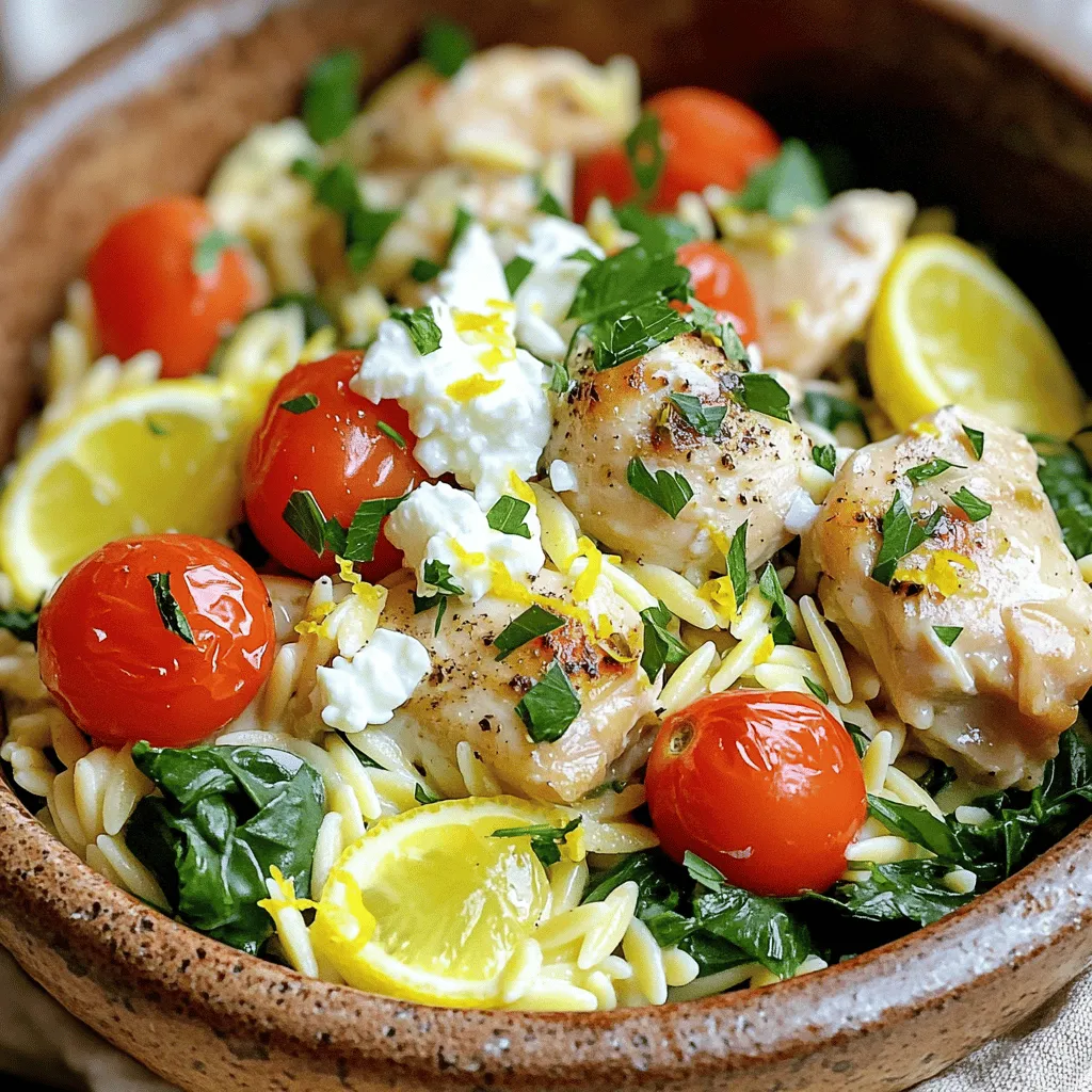 To make this tasty dish, gather these key ingredients: - 1 pound boneless, skinless chicken thighs, diced - 1 cup orzo pasta - 2 cups chicken broth - 1 cup spinach, chopped - 1 cup cherry tomatoes, halved - 1/2 cup feta cheese, crumbled - 1/4 cup Greek yogurt - 2 cloves garlic, minced - 2 tablespoons olive oil - 1 teaspoon dried oregano - 1 teaspoon lemon zest - Salt and pepper to taste These ingredients will create a rich and creamy meal that bursts with flavor. You can elevate your dish with a few simple garnishes: - Fresh parsley, chopped - Extra crumbled feta cheese - A slice of lemon These add a fresh look and a zesty touch. If you need to swap out some items, here are some ideas: - Use chicken breast instead of thighs for a leaner option. - Substitute quinoa for orzo to make it gluten-free. - Try different greens like kale or arugula instead of spinach. - Use sour cream if you don’t have Greek yogurt. These substitutions keep the dish tasty while fitting your needs. Start by boiling the chicken broth in a big pot. Once it’s boiling, add 1 cup of orzo pasta. Cook it for about 8 to 10 minutes, following the package instructions. When done, drain the orzo and set it aside. This pasta will soak up all the flavors later. In the same pot, pour 2 tablespoons of olive oil. Heat it over medium heat. Add 1 pound of diced chicken thighs. Season with salt, pepper, and 1 teaspoon of dried oregano. Cook for about 6 to 7 minutes. You want the chicken to be golden brown and fully cooked. Once done, take the chicken out and set it aside. Now, add 2 cloves of minced garlic into the pot. Sauté it for 1 to 2 minutes until it smells amazing. Then, toss in 1 cup of halved cherry tomatoes and 1 cup of chopped spinach. Cook these for 3 to 4 minutes. You want the spinach to wilt and the tomatoes to soften. Return the cooked chicken to the pot with your veggies. Stir in the cooked orzo. Lower the heat and add 1/4 cup of Greek yogurt, 1 teaspoon of lemon zest, and 1/2 cup of crumbled feta cheese. Mix everything together until it is creamy and well combined. Taste and adjust the seasoning with salt and pepper if needed. Once everything is mixed, take the pot off the heat. Let it rest for a couple of minutes. This helps the flavors meld even more. Before serving, sprinkle fresh chopped parsley on top for a nice touch. Enjoy your creamy Greek chicken orzo! To cook orzo well, use plenty of water. This helps it not stick. Cook it until it's al dente. This means it should still have a little bite. Drain it well and set it aside. You can coat it with a touch of olive oil to keep it separate. To boost flavor, use fresh herbs like parsley. The zest of lemon adds brightness. Feta cheese gives a salty kick that pairs well with chicken. Finally, sauté garlic before adding veggies to release its rich taste. Don't overcook the orzo. It can turn mushy and lose texture. Make sure to season the chicken well. Underseasoning can dull the entire dish. Avoid adding cold yogurt directly to the hot pot. It can curdle. Instead, let it warm a bit first. {{image_2}} You can easily make a vegetarian version of this dish. Instead of chicken, use mushrooms or chickpeas. Both options add great flavor and texture. Use vegetable broth instead of chicken broth. This change keeps the dish tasty without meat. You can still use all the other ingredients like spinach, tomatoes, and feta. The Greek yogurt keeps it creamy. Feel free to add more veggies to your orzo. Bell peppers, zucchini, or even broccoli work well. Just chop them up and add them when you cook the other vegetables. This adds color and nutrients to the dish. Plus, it makes it more filling. The more veggies, the merrier! If you like some heat, add red pepper flakes or diced jalapeños. Stir them in when you cook the garlic. This will kick up the flavor and make your dish exciting. Adjust the amount based on your spice level preference. Just remember, a little goes a long way! After you make Creamy Greek Chicken Orzo, let it cool down to room temperature. Transfer it to an airtight container. This dish will stay fresh in the fridge for about three to four days. Make sure to label the container with the date. This way, you won't forget when you made it! To reheat your leftovers, you can use the microwave or the stove. If using the microwave, place the orzo in a bowl. Add a splash of chicken broth or water to keep it moist. Heat it in short bursts, stirring in between. If using the stove, warm it in a pot over low heat. Stir often to avoid sticking. It should take about five to ten minutes to heat through. You can freeze Creamy Greek Chicken Orzo for later. First, let it cool completely. Then, place portions in freezer-safe bags or containers. Remove as much air as possible to prevent freezer burn. It can last in the freezer for up to three months. When you're ready to eat it, thaw it overnight in the fridge before reheating. Enjoy your delicious meal again! Yes, you can use other pasta types. Penne or fusilli work well. They soak up flavors like orzo. Just adjust cooking time based on the pasta you choose. Always check the package for guidance. To make it healthier, add more veggies. Try bell peppers, zucchini, or mushrooms. You can also use whole grain orzo for extra fiber. Reduce the amount of feta or Greek yogurt if you want. This keeps the taste but lowers calories. If you need a substitute for Greek yogurt, use sour cream or cottage cheese. Both add creaminess. You can also use dairy-free yogurt for a vegan option. Adjust the amount to your taste. Yes, this dish is great for meal prep! It stores well in the fridge for up to 3 days. Just reheat it in the microwave or on the stove. Add a splash of broth to keep it creamy. In this blog post, I shared the main ingredients and instructions for making Creamy Greek Chicken Orzo. You learned about optional garnishes and ingredient swaps to suit your taste. I also offered tips to enhance flavor and avoid common mistakes. Variations and storage info help you adapt the dish and keep it fresh. Remember, cooking is fun, and you can make this dish your own. Enjoy your creamy orzo adventure!