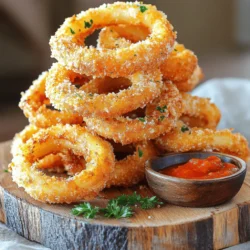 - 2 large onions - 1 cup all-purpose flour - 1 teaspoon garlic powder - 1 teaspoon onion powder - 1 teaspoon paprika - ½ teaspoon salt - ½ teaspoon black pepper - 2 large eggs - 1 cup breadcrumbs (preferably panko for extra crunch) - ½ cup grated Parmesan cheese - Cooking spray To make these crispy garlic Parmesan onion rings, you need just a few items. Start with two large onions. They should be firm and fresh. Next, gather one cup of all-purpose flour. This flour will help the seasoning stick. Next, you need seasoning. Use one teaspoon of garlic powder, onion powder, and paprika. Add half a teaspoon of salt and black pepper too. These spices give the onion rings a nice flavor. You also need two large eggs. Whisk these in a bowl until they are smooth. Then, grab one cup of breadcrumbs. I recommend panko for extra crunch. Finally, use half a cup of grated Parmesan cheese. This cheese adds a rich taste that pairs perfectly with the onion. Don't forget cooking spray! This helps achieve that golden, crunchy finish when air frying. With these ingredients, you are all set to create a delightful snack or side dish. First, you need to preheat your air fryer. Set it to 400°F (200°C) and let it run for about 5 minutes. This step helps the onion rings cook evenly and get crispy. Next, take your two large onions. Peel them and slice them into thick rings, about ½ inch wide. After slicing, separate the rings. This way, each piece gets coated well. Now, it’s time to set up your breading stations. You will need three bowls: - In the first bowl, mix 1 cup of all-purpose flour, 1 teaspoon of garlic powder, 1 teaspoon of onion powder, 1 teaspoon of paprika, ½ teaspoon of salt, and ½ teaspoon of black pepper. - In the second bowl, crack and whisk two large eggs until they are smooth. - In the third bowl, combine 1 cup of breadcrumbs (use panko for extra crunch) and ½ cup of grated Parmesan cheese. Take each onion ring and dip it into the flour mixture first. Make sure it is well-coated. Next, dip it into the egg wash, letting the excess drip off. Finally, roll it in the breadcrumb and Parmesan mixture. Press down gently to help the coating stick. Once all your onion rings are coated, place them in a single layer in the air fryer basket. Give them a light spray with cooking spray for added crispiness. Cook the onion rings for 10-12 minutes. Shake the basket halfway through to ensure they cook evenly. When they are golden brown and crispy, they are ready. Let them cool for a few minutes before serving. This helps them stay crispy and delicious. To get your onion rings extra crispy, use panko breadcrumbs. Panko is lighter and crunchier than regular breadcrumbs. Make sure to coat the rings well in the breadcrumb mix. A light spray of cooking spray will help them brown beautifully. Air fry at 400°F for 10-12 minutes. Shake the basket halfway through to ensure even cooking. Letting them cool for a few minutes before serving will help maintain that crispiness. You can switch things up with different seasonings. Try adding cayenne pepper for heat or dried herbs for flavor. Instead of Parmesan, you can use cheddar or even a dairy-free cheese for a different taste. If you want a gluten-free option, use gluten-free flour and breadcrumbs. These swaps keep the recipe fun and exciting while still being delicious. I love serving these onion rings stacked high on a platter. Garnish with fresh parsley for a pop of color. Serve them with marinara sauce or garlic aioli for dipping. They make a great appetizer or side dish for burgers. Pair with a refreshing drink to balance the flavors. Enjoying them fresh out of the air fryer is the best way to experience their crunch! {{image_2}} To add some heat, try making spicy garlic Parmesan onion rings. Start by mixing in some cayenne pepper or red pepper flakes with your seasoning. This will give your onion rings a nice kick. You can also use hot sauce in the egg wash for extra flavor. Adjust the spice level to your taste. For cheesy onion rings, switch up the cheese! Instead of just Parmesan, add cheddar or mozzarella. Mix these cheeses with your breadcrumbs. The blend will create a rich taste. You can even use a combination of cheeses for a unique flavor. Just remember to keep the ratios balanced for the best results. If you want gluten-free onion rings, swap the all-purpose flour for a gluten-free flour blend. Make sure your breadcrumbs are also gluten-free. Many brands offer gluten-free panko that keeps the crunch. This way, everyone can enjoy crispy garlic Parmesan onion rings without worry. It’s just as simple, yet just as delicious. After enjoying your crispy garlic Parmesan onion rings, you may have some left. To store them, let the rings cool completely. Place them in an airtight container. They will stay fresh in the fridge for about 3 days. If you want to keep them longer, freezing is a great option. To reheat your onion rings, use your air fryer for the best results. Preheat the air fryer to 375°F (190°C). Place the onion rings in the basket in a single layer. Heat them for about 5 to 7 minutes. This method keeps them crispy. You can also use an oven. Heat the oven to 375°F (190°C) and bake for about 10 minutes. Keep an eye on them to ensure they don't burn. If you want to freeze onion rings, prepare them first. After coating, place the rings on a baking sheet in a single layer. Freeze them for 1 to 2 hours until solid. Then, transfer them to a freezer bag. They can last up to 3 months in the freezer. When ready to enjoy, cook them straight from frozen. Just add a few extra minutes to the cooking time. You can store leftover onion rings in the fridge for about 3 to 4 days. Make sure to place them in an airtight container. This keeps them fresh and prevents odors from mixing. When you’re ready to eat, you can reheat them in the air fryer for a crispy finish. Yes, you can make onion rings ahead of time! To do this, prepare and coat the onion rings, then place them on a baking sheet. Cover with plastic wrap and refrigerate. You can air fry them later when you're ready to serve. Just remember to add a few extra minutes to the cooking time if they are cold. Several factors can lead to soggy onion rings. The most common reason is moisture. Ensure the onion rings are well-coated in flour, egg, and breadcrumbs. Using panko breadcrumbs also helps add extra crunch. Additionally, make sure not to overcrowd the air fryer basket. This allows hot air to circulate, giving you that perfect crispy texture. In this post, I covered how to make tasty onion rings. We explored ingredients, step-by-step instructions, and tips to achieve crispiness. I also shared fun variations for different flavors and storage tips to keep them fresh. Remember, using the right techniques helps you enjoy tasty onion rings at home. With these tips, you can impress friends and family. Enjoy your crispy treats!