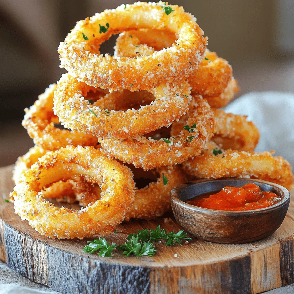 - 2 large onions - 1 cup all-purpose flour - 1 teaspoon garlic powder - 1 teaspoon onion powder - 1 teaspoon paprika - ½ teaspoon salt - ½ teaspoon black pepper - 2 large eggs - 1 cup breadcrumbs (preferably panko for extra crunch) - ½ cup grated Parmesan cheese - Cooking spray To make these crispy garlic Parmesan onion rings, you need just a few items. Start with two large onions. They should be firm and fresh. Next, gather one cup of all-purpose flour. This flour will help the seasoning stick. Next, you need seasoning. Use one teaspoon of garlic powder, onion powder, and paprika. Add half a teaspoon of salt and black pepper too. These spices give the onion rings a nice flavor. You also need two large eggs. Whisk these in a bowl until they are smooth. Then, grab one cup of breadcrumbs. I recommend panko for extra crunch. Finally, use half a cup of grated Parmesan cheese. This cheese adds a rich taste that pairs perfectly with the onion. Don't forget cooking spray! This helps achieve that golden, crunchy finish when air frying. With these ingredients, you are all set to create a delightful snack or side dish. First, you need to preheat your air fryer. Set it to 400°F (200°C) and let it run for about 5 minutes. This step helps the onion rings cook evenly and get crispy. Next, take your two large onions. Peel them and slice them into thick rings, about ½ inch wide. After slicing, separate the rings. This way, each piece gets coated well. Now, it’s time to set up your breading stations. You will need three bowls: - In the first bowl, mix 1 cup of all-purpose flour, 1 teaspoon of garlic powder, 1 teaspoon of onion powder, 1 teaspoon of paprika, ½ teaspoon of salt, and ½ teaspoon of black pepper. - In the second bowl, crack and whisk two large eggs until they are smooth. - In the third bowl, combine 1 cup of breadcrumbs (use panko for extra crunch) and ½ cup of grated Parmesan cheese. Take each onion ring and dip it into the flour mixture first. Make sure it is well-coated. Next, dip it into the egg wash, letting the excess drip off. Finally, roll it in the breadcrumb and Parmesan mixture. Press down gently to help the coating stick. Once all your onion rings are coated, place them in a single layer in the air fryer basket. Give them a light spray with cooking spray for added crispiness. Cook the onion rings for 10-12 minutes. Shake the basket halfway through to ensure they cook evenly. When they are golden brown and crispy, they are ready. Let them cool for a few minutes before serving. This helps them stay crispy and delicious. To get your onion rings extra crispy, use panko breadcrumbs. Panko is lighter and crunchier than regular breadcrumbs. Make sure to coat the rings well in the breadcrumb mix. A light spray of cooking spray will help them brown beautifully. Air fry at 400°F for 10-12 minutes. Shake the basket halfway through to ensure even cooking. Letting them cool for a few minutes before serving will help maintain that crispiness. You can switch things up with different seasonings. Try adding cayenne pepper for heat or dried herbs for flavor. Instead of Parmesan, you can use cheddar or even a dairy-free cheese for a different taste. If you want a gluten-free option, use gluten-free flour and breadcrumbs. These swaps keep the recipe fun and exciting while still being delicious. I love serving these onion rings stacked high on a platter. Garnish with fresh parsley for a pop of color. Serve them with marinara sauce or garlic aioli for dipping. They make a great appetizer or side dish for burgers. Pair with a refreshing drink to balance the flavors. Enjoying them fresh out of the air fryer is the best way to experience their crunch! {{image_2}} To add some heat, try making spicy garlic Parmesan onion rings. Start by mixing in some cayenne pepper or red pepper flakes with your seasoning. This will give your onion rings a nice kick. You can also use hot sauce in the egg wash for extra flavor. Adjust the spice level to your taste. For cheesy onion rings, switch up the cheese! Instead of just Parmesan, add cheddar or mozzarella. Mix these cheeses with your breadcrumbs. The blend will create a rich taste. You can even use a combination of cheeses for a unique flavor. Just remember to keep the ratios balanced for the best results. If you want gluten-free onion rings, swap the all-purpose flour for a gluten-free flour blend. Make sure your breadcrumbs are also gluten-free. Many brands offer gluten-free panko that keeps the crunch. This way, everyone can enjoy crispy garlic Parmesan onion rings without worry. It’s just as simple, yet just as delicious. After enjoying your crispy garlic Parmesan onion rings, you may have some left. To store them, let the rings cool completely. Place them in an airtight container. They will stay fresh in the fridge for about 3 days. If you want to keep them longer, freezing is a great option. To reheat your onion rings, use your air fryer for the best results. Preheat the air fryer to 375°F (190°C). Place the onion rings in the basket in a single layer. Heat them for about 5 to 7 minutes. This method keeps them crispy. You can also use an oven. Heat the oven to 375°F (190°C) and bake for about 10 minutes. Keep an eye on them to ensure they don't burn. If you want to freeze onion rings, prepare them first. After coating, place the rings on a baking sheet in a single layer. Freeze them for 1 to 2 hours until solid. Then, transfer them to a freezer bag. They can last up to 3 months in the freezer. When ready to enjoy, cook them straight from frozen. Just add a few extra minutes to the cooking time. You can store leftover onion rings in the fridge for about 3 to 4 days. Make sure to place them in an airtight container. This keeps them fresh and prevents odors from mixing. When you’re ready to eat, you can reheat them in the air fryer for a crispy finish. Yes, you can make onion rings ahead of time! To do this, prepare and coat the onion rings, then place them on a baking sheet. Cover with plastic wrap and refrigerate. You can air fry them later when you're ready to serve. Just remember to add a few extra minutes to the cooking time if they are cold. Several factors can lead to soggy onion rings. The most common reason is moisture. Ensure the onion rings are well-coated in flour, egg, and breadcrumbs. Using panko breadcrumbs also helps add extra crunch. Additionally, make sure not to overcrowd the air fryer basket. This allows hot air to circulate, giving you that perfect crispy texture. In this post, I covered how to make tasty onion rings. We explored ingredients, step-by-step instructions, and tips to achieve crispiness. I also shared fun variations for different flavors and storage tips to keep them fresh. Remember, using the right techniques helps you enjoy tasty onion rings at home. With these tips, you can impress friends and family. Enjoy your crispy treats!