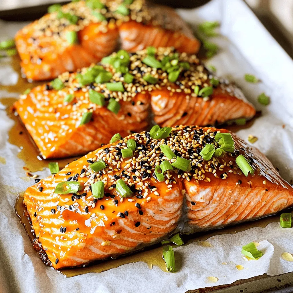 - 4 salmon fillets - 3 tablespoons honey - 4 cloves garlic, minced - 2 tablespoons soy sauce - 1 teaspoon fresh ginger, grated - 1 tablespoon sesame oil - ½ cup sesame seeds (mix of white and black) - Salt and pepper to taste - Chopped green onions for garnish Use a kitchen scale for precise weight. Each salmon fillet should weigh about 6 ounces. This ensures even cooking. Honey should be thick and sticky for the best coating. Mince the garlic finely for a stronger flavor. Fresh ginger should be grated, not chopped, to release its oils. When measuring sesame seeds, use a dry measuring cup. Mix white and black seeds for a nice contrast. This adds visual appeal and flavor. Be sure to taste the marinade before using. Adjust salt and pepper to your liking. You can swap salmon for another fish, like trout or tilapia. Just adjust the cooking time based on thickness. For a vegan option, try tofu. Use the same marinade and bake it the same way. If you are allergic to sesame, use breadcrumbs instead. They will give a nice crunch. Honey can be replaced with maple syrup for a different flavor. Always check for allergies with your guests. Start by preheating your oven to 400°F (200°C). This heat will help cook the salmon quickly and evenly. Next, line a baking sheet with parchment paper. This step makes cleanup easy and prevents the salmon from sticking. In a small mixing bowl, whisk together the following: - 3 tablespoons honey - 4 cloves garlic, minced - 2 tablespoons soy sauce - 1 teaspoon fresh ginger, grated - 1 tablespoon sesame oil - A pinch of salt and pepper This mixture adds a sweet and savory kick to the salmon. Make sure to mix well so all the flavors blend together. Place 4 salmon fillets skin-side down on the baking sheet. Use a brush to generously coat each fillet with the honey garlic mixture. Ensure each piece is fully covered to get the best flavor. Next, sprinkle ½ cup of sesame seeds on top. Press them down gently. This will help them stick when baking. Now, bake the salmon in the oven for about 12-15 minutes. Look for the salmon to be fully cooked and flaky. If you want a crispy finish, broil the salmon for 2-3 minutes at the end. This step gives the crust a nice golden color. When it’s done, let the salmon rest for a few minutes before serving. Enjoy with chopped green onions on top for added flavor! To get a great crust on your salmon, use fresh sesame seeds. Mix white and black seeds for a nice look. Press the seeds down gently when you coat the fillets. This helps them stick better. For extra crunch, broil the salmon for a few minutes after baking. This will toast the crust nicely. You can mix things up with the honey garlic sauce. Try adding a touch of lime juice for zing. A pinch of red pepper flakes gives a nice kick. If you want a sweeter sauce, add more honey. Fresh herbs, like cilantro or basil, can also boost the flavor. They add a fresh twist that pairs well with salmon. Serve your salmon with a side of rice or quinoa. They soak up the sauce nicely. Steamed veggies, like broccoli or carrots, add color and crunch. You can also make a salad with mixed greens and a light dressing. Garnish the salmon with chopped green onions for a fresh touch. Consider adding extra sesame seeds on top for flair. {{image_2}} You can swap salmon for other fish like tilapia or trout. Chicken works well, too. Just adjust the cooking time. For a plant-based option, try tofu. Firm tofu absorbs flavors nicely and provides a great texture. Press it first, then coat it with the honey garlic mix. If you like spice, add red pepper flakes to the honey garlic mix. You can also mix in some sriracha for a kick. For a citrus twist, use lemon or lime juice instead of part of the soy sauce. This adds a fresh, tangy flavor that brightens the dish. You can grill the salmon for a smoky taste. Brush the honey garlic mix on and place it on a hot grill. Cook for about six to eight minutes per side. If you prefer pan-searing, heat oil in a skillet over medium-high heat. Cook the salmon for about four to five minutes on each side. Make sure to press the sesame seeds in well for a crispy crust. To keep your Honey Garlic Sesame Crusted Salmon fresh, store leftovers in a sealed container. Place the salmon in the fridge right after it cools down. It stays good for about three days. If you want to keep it longer, consider freezing it. When it's time to enjoy your leftovers, reheat them gently. I suggest using an oven. Preheat it to 350°F (175°C). Place the salmon on a baking sheet and cover it with foil. Heat for about 10 minutes or until warm. This keeps the fish from drying out. You can also use a microwave, but be careful. Heat in short bursts to avoid overcooking. Freezing is a great option for this salmon. Wrap each fillet tightly in plastic wrap. Then, place them in a freezer bag or airtight container. Label the bag with the date. You can freeze it for up to three months. When you're ready to eat, thaw in the fridge overnight before reheating. You should bake salmon for about 12 to 15 minutes. The fish is done when it flakes easily with a fork. A good rule is to check it at 12 minutes. If it is still raw in the middle, return it to the oven. Baking time may vary based on your oven and the thickness of the fillets. Yes, you can use other fish like trout or tilapia. These fish will cook similarly to salmon. They will soak up the honey garlic flavor well. Just adjust the cooking time if the fish is thinner or thicker. Many sides go well with this salmon. Here are a few ideas: - Steamed broccoli - Garlic mashed potatoes - Quinoa salad - Rice with herbs - Roasted asparagus These sides complement the sweet and savory flavors of the salmon. They add color and texture to your meal. This blog post covered all you need for making Honey Garlic Sesame Crusted Salmon. We explored the key ingredients, detailed step-by-step instructions, and shared helpful tips for the best flavor. Variations let you switch up the recipe with different proteins or spices. I also explained how to store leftovers and answered common questions. With these points in mind, you can confidently make a delicious salmon dish that fits your taste. Enjoy your cooking adventure!