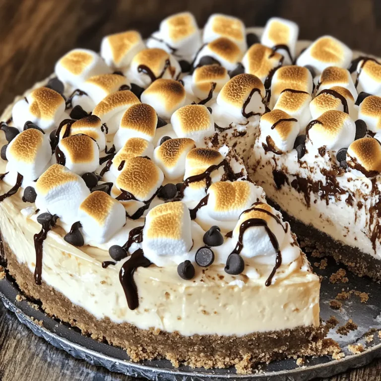 - 1 ½ cups graham cracker crumbs - ½ cup unsalted butter, melted - 2 tablespoons brown sugar - 16 oz cream cheese, softened - 1 cup powdered sugar - 1 teaspoon vanilla extract - 1 cup heavy whipping cream - 1 cup mini marshmallows - ½ cup chocolate chips (semi-sweet or milk chocolate) - Additional mini marshmallows and chocolate shavings for topping When you measure ingredients, use dry measuring cups for solids. This helps ensure accurate amounts. For butter, use a liquid measuring cup if melted. It’s best to pack brown sugar tightly in the cup. Cream cheese should be soft for easy mixing. You can swap graham crackers with chocolate cookies for a richer crust. Use dairy-free butter for a vegan option. If you need a sugar-free version, try using a sugar substitute like erythritol. For the cream cheese, vegan cream cheese works well. You can also replace mini marshmallows with whipped coconut cream for a lighter touch. Use any chocolate you prefer, like dark or white chocolate, for a different flavor twist. First, gather your ingredients for the crust. You need graham cracker crumbs, melted butter, and brown sugar. In a medium bowl, mix the crumbs, butter, and sugar until crumbly. Make sure it sticks together when you pinch it. Press this mixture evenly into the bottom of a 9-inch springform pan. Use a flat bottom to pack it tightly. Place the crust in the refrigerator to firm up while you work on the filling. Now it’s time for the filling. In a large mixing bowl, beat the softened cream cheese. Do this on medium speed for about three minutes. It should be smooth and creamy. Slowly add in the powdered sugar and vanilla extract. Keep beating until it blends well. In a separate bowl, whip the heavy cream until it forms stiff peaks. Gently fold the whipped cream into the cream cheese mixture. Add the mini marshmallows and chocolate chips. Fold these in carefully so the mixture stays fluffy. Pour the cream cheese filling into your prepared crust. Use a spatula to smooth the top flat. Cover the cheesecake with plastic wrap and place it in the fridge. Let it chill for at least 4-6 hours, but overnight is best. This step allows the cheesecake to set properly. Before serving, you can add a fun touch. Use a kitchen torch to toast extra mini marshmallows on top or broil them in the oven for a few seconds. Just watch closely so they don’t burn! Finally, garnish with chocolate shavings and enjoy your tasty treat. To get a smooth and creamy cheesecake, start with soft cream cheese. Let it sit at room temperature for about 30 minutes before mixing. This helps blend it well. When you add the whipped cream, fold it gently. This keeps your filling light and fluffy. If you mix too hard, it can deflate. One common mistake is not chilling the crust long enough. If the crust is warm, the filling can become too soft. Always chill it for at least 30 minutes. Another mistake is not using enough cream cheese. Make sure you use the full 16 oz for the best taste. Lastly, don’t skip the chilling time for the cheesecake. It needs at least 4-6 hours to set. To boost flavors, use high-quality chocolate chips. They add richness. You can also try adding a pinch of sea salt. This brings out the sweetness. For a twist, add a splash of almond extract with the vanilla. It adds a nice depth. Don’t forget to toast the extra mini marshmallows before serving. This gives a smoky touch that pairs well with the sweet cheesecake. {{image_2}} To make a gluten-free version, swap regular graham crackers for gluten-free ones. You can find these at most grocery stores. The rest of the recipe stays the same. The flavor remains delicious, and everyone can enjoy it! For a vegan s'mores cheesecake, use vegan cream cheese instead of regular cream cheese. Also, replace heavy cream with coconut cream. Use maple syrup instead of powdered sugar for sweetness. Mini vegan marshmallows and dairy-free chocolate chips work great here. This version is just as tasty and friendly for plant-based diets. You can easily change the flavor of your cheesecake. For a chocolate mint twist, add 1 teaspoon of peppermint extract to the cream cheese filling. For a peanut butter flavor, mix in ½ cup of creamy peanut butter. Both options bring a fun twist to the classic s'mores taste. Don't be afraid to try new flavors! To keep your S’mores no-bake cheesecake fresh, cover it well. Use plastic wrap or aluminum foil. You can also store it in an airtight container. This helps prevent it from drying out and keeps it tasty. Always store cheesecakes in the fridge. This dessert loves the cold! You can freeze the cheesecake for later. To do this, chill it first in the fridge. Once set, wrap the cheesecake tightly in plastic wrap. After this, place it in a freezer-safe container. It can last up to three months in the freezer. When ready to eat, let it thaw in the fridge overnight. This keeps the texture nice and creamy. Your S’mores cheesecake stays good for about five days in the fridge. After that, the flavors may not taste the same. If you see any signs of spoilage, like an off smell or mold, throw it away. Always trust your senses! Enjoy this sweet treat while it’s fresh for the best taste. Yes, you can use different types of chocolate. Semi-sweet and milk chocolate both work well. Dark chocolate gives a richer taste. You can even try white chocolate for a sweet twist. Just remember to adjust the sweetness if needed. If your cheesecake doesn't set, it might need more time in the fridge. Make sure it chills for at least 4-6 hours. If it's still soft, check the cream cheese. It should be well-beaten and smooth. You can also add more whipped cream to help it firm up. You can assemble the cheesecake up to a day before serving. It needs time to chill and set properly. This also helps the flavors blend well. Just cover it tightly with plastic wrap in the fridge. It stays fresh and ready to serve when you need it. This blog post covered the key steps to make a S’mores No-Bake Cheesecake. We looked at ingredients, measurements, and tasty substitutes. You learned how to prepare the crust and make the cream cheese filling. Tips helped you avoid mistakes and enhance flavor. We also explored gluten-free, vegan, and flavored variations. Finally, storage info ensured your cheesecake stays fresh. Enjoy creating this delicious treat, and share it with friends and family!