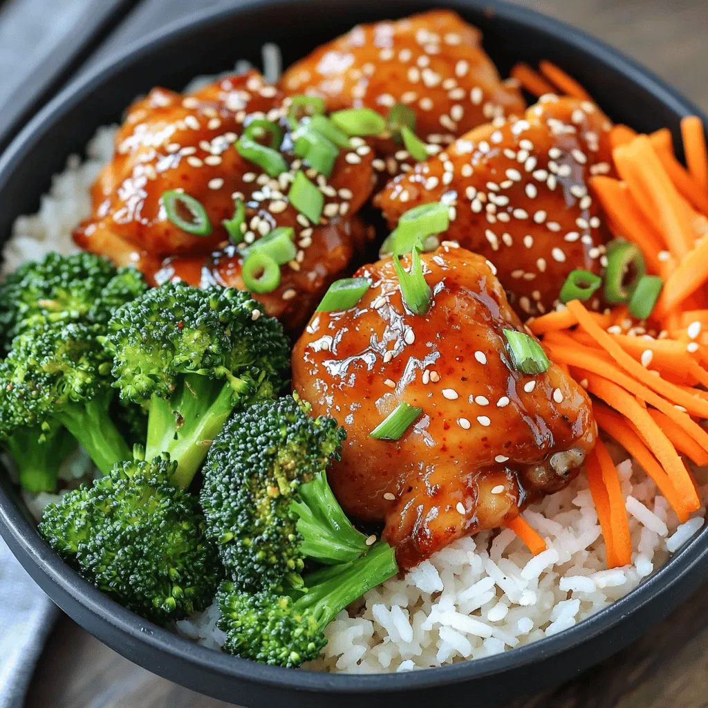 To make these spicy Korean chicken bowls, you need some key items. Here’s what you will need: - 1 lb boneless, skinless chicken thighs, sliced - 1 cup jasmine rice - 1 1/2 cups water These main ingredients form the base of your dish. Chicken thighs keep the meat juicy and tender. Jasmine rice adds a nice touch of flavor and texture. The right mix of condiments and seasonings will bring your chicken to life. Here are the essentials: - 2 tablespoons gochujang (Korean chili paste) - 2 tablespoons soy sauce - 1 tablespoon sesame oil - 2 garlic cloves, minced - 1 teaspoon ginger, grated - 1 tablespoon honey or maple syrup These ingredients create a rich and spicy sauce. Gochujang gives it a kick while honey balances the heat. Sesame oil adds a nutty depth that makes everything better. Fresh veggies and garnishes add color and crunch. You will need: - 1 cup broccoli florets - 1 cup carrots, julienned - 1/2 cup green onions, sliced - Sesame seeds for garnish Broccoli and carrots provide a nice crunch and vibrant colors. The green onions on top add a fresh taste, while sesame seeds provide a lovely finish. This combination makes each bite exciting! To start, mix gochujang, soy sauce, sesame oil, minced garlic, grated ginger, and honey in a bowl. This mix gives the chicken a great flavor. Add the sliced chicken thighs to the bowl. Make sure each piece gets coated well. Let it sit for at least 30 minutes. You can also put it in the fridge for up to 2 hours for more flavor. Rinse jasmine rice under cold water until it looks clear. This step helps remove extra starch. Then, put the rinsed rice and water in a saucepan. Bring it to a boil. Once it boils, lower the heat to low. Cover the pot and let it simmer for about 18 to 20 minutes. Your rice will be fluffy and ready to serve. Heat a large skillet over medium-high heat. Once hot, add the marinated chicken. Cook it for about 7 to 10 minutes. Stir it occasionally. The chicken should turn brown and cook all the way through. You want it juicy and flavorful. While the chicken cooks, fill a small pot with water and bring it to a boil. Add the broccoli florets and julienned carrots. Blanch them for 2 to 3 minutes. You want them bright and tender-crisp. After that, drain the water and set the veggies aside. Take the cooked rice and fluff it with a fork. Divide the rice among serving bowls. Next, place the spicy chicken on top of the rice. Arrange the blanched broccoli and carrots on the side. This makes the bowl look colorful and appetizing. To finish, sprinkle sliced green onions and sesame seeds over each bowl. This adds crunch and extra flavor. Serve the bowls right away and enjoy your meal! Marinating your chicken is key for great flavor. In a bowl, mix gochujang, soy sauce, sesame oil, minced garlic, grated ginger, and honey. Add sliced chicken thighs and stir until well coated. For the best taste, let it marinate for at least 30 minutes. If you have more time, marinate it for up to 2 hours in the fridge. This will make the chicken extra flavorful. Fluffy rice is a must for your bowls. First, rinse jasmine rice under cold water until the water runs clear. This removes excess starch. In a saucepan, combine the rinsed rice and 1 ½ cups of water. Bring it to a boil, then lower the heat, cover, and let it simmer for 18-20 minutes. This method ensures your rice turns out soft and fluffy. Want more heat? You can easily adjust the spice. Add more gochujang to the marinade for a spicier kick. If you prefer milder flavors, reduce the amount of gochujang. You can also serve extra chili paste on the side for those who love heat. It’s all about what you enjoy! Garnishes add fun and flavor. After assembling your bowls, sprinkle sliced green onions and sesame seeds on top. They add a nice crunch and extra taste. You can also add pickled vegetables or avocado slices for more texture and flavor. Get creative and make it your own! {{image_2}} If you want to switch things up, try using other proteins. You can use sliced beef or pork for a different taste. Tofu is also a great choice for a plant-based meal. Cook the proteins the same way as chicken. Each option brings unique flavors to your bowl. For a vegetarian or vegan meal, skip the chicken. Use tofu or tempeh instead. Both soak up flavors well. You can also add chickpeas for protein and texture. Just marinate them like the chicken. This keeps the dish tasty and satisfying. You can make this dish healthier by swapping a few ingredients. Use brown rice instead of jasmine rice for more fiber. Try coconut aminos instead of soy sauce for a lower sodium option. You can also replace honey with agave syrup for a vegan sweetener. These simple swaps let you enjoy a tasty and healthy meal. After you enjoy your spicy Korean chicken bowls, you may have leftovers. To keep them fresh, let the bowls cool down first. Transfer the chicken, rice, and veggies into airtight containers. This helps keep them tasty and safe to eat later. Store the containers in the fridge for up to three days. Remember to label them with the date. When you're ready to eat your leftovers, reheating is easy. You can use a microwave or a skillet. If using a microwave, put the food in a microwave-safe bowl. Cover it with a damp paper towel to keep it moist. Heat for about 2-3 minutes or until warm. If you prefer a skillet, add a splash of water and heat over medium. Stir until everything is hot and ready to eat. If you want to keep your spicy Korean chicken bowls for longer, freezing works well. Place the cooled leftovers in freezer-safe bags or containers. Make sure to remove as much air as possible. This will keep the food fresh for up to three months. When you’re ready to eat, thaw the bowls in the fridge overnight or use the microwave to defrost. Then, reheat and enjoy a delicious meal any time! Yes, you can use chicken breast instead of thighs. Chicken breast is leaner and cooks faster. Just remember, thighs are juicier and more flavorful. If you choose breast, keep an eye on cooking time. Overcooking can lead to dryness. If you don't have gochujang, use a mix of red chili paste and a bit of sugar. You can also try Sriracha for a different kick. Just adjust the amount to match your spice level. To make this dish gluten-free, swap soy sauce for gluten-free tamari. Ensure all other ingredients are gluten-free, like the rice and honey. This way, you can enjoy all the flavors without the gluten. Some great side dishes include: - Pickled vegetables - Kimchi - Cucumber salad - Steamed dumplings - Asian slaw These sides add extra texture and flavor to your meal. Enjoy experimenting with different combinations! We covered how to make delicious Korean chicken bowls from start to finish. We talked about key ingredients, step-by-step cooking methods, and tips for success. I also shared ways to store leftovers and variations to keep your meals fresh. Enjoy making these tasty bowls at home. You can adapt them to fit your tastes and diet. With the right ingredients and techniques, you can impress yourself and others. Happy cooking!