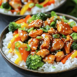 - 2 boneless, skinless chicken breasts, diced - 1/4 cup Sriracha sauce - 1/4 cup honey The chicken is the star of this dish. It needs to be fresh and high quality. Sriracha gives a nice kick, while honey balances the heat with sweet flavor. Together, they make a bold sauce that coats the chicken perfectly. - 2 tablespoons soy sauce - 1 tablespoon rice vinegar - 1 tablespoon sesame oil Soy sauce adds a savory taste. Rice vinegar brings brightness and tang. Sesame oil gives a warm, nutty flavor that ties everything together. The mix creates a marinade that infuses the chicken with rich flavor. - 2 green onions, sliced for garnish - Sesame seeds for garnish - 1 cup mixed vegetables (bell peppers, carrots, and broccoli) Garnishes add color and texture. Green onions provide a fresh crunch. Sesame seeds give a nice toastiness. Mixed vegetables add nutrition and vibrant color to the bowl. They should be crisp and tender for the best bite. Start by mixing the Sriracha sauce, honey, soy sauce, rice vinegar, and sesame oil. Whisk them well in a medium bowl. Add minced garlic and grated ginger for extra flavor. This marinade brings a sweet and spicy kick. Next, take your diced chicken and coat it in the marinade. Make sure every piece is well-covered. Let it marinate for at least 30 minutes. If you want more flavor, marinate it for up to 2 hours in the fridge. Heat a large skillet over medium-high heat. Add a drizzle of oil to the pan once it's hot. Then, add the marinated chicken. Cook it for about 6-8 minutes. You want it to be fully cooked and slightly caramelized. Season it with salt and pepper to taste. After the chicken is done, add your mixed vegetables to the same skillet. Use bell peppers, carrots, and broccoli for color and crunch. Stir-fry them for around 5 minutes. You want them tender but still crisp. Now, it's time to put it all together. Start with a scoop of cooked jasmine rice at the bottom of each bowl. Top the rice with the spicy Sriracha honey chicken and sautéed vegetables. Finish by garnishing with sliced green onions and a sprinkle of sesame seeds. Enjoy your bold and flavorful meal! For the best flavor, marinate the chicken for at least 30 minutes. This allows the spices and sauces to seep into the meat. If you can, marinate for up to 2 hours in the fridge. This longer time boosts the taste and makes the chicken really tender. When cooking your chicken, use medium-high heat. This temperature helps the chicken cook evenly and caramelize nicely. Make sure your skillet is hot before adding the chicken. A hot skillet gives you that perfect sear. You can easily make this dish fit your needs. If you are vegetarian, swap the chicken for tofu or tempeh. For those avoiding gluten, use a gluten-free soy sauce. You can also add more veggies, like snap peas or mushrooms, for extra flavor and crunch. {{image_2}} You can switch up the protein in your Spicy Sriracha Honey Chicken Bowls. Tofu works well for a vegetarian option. It soaks up the marinade nicely. Shrimp is another great choice. It cooks quickly and adds a nice texture. Beef can also be used if you prefer a heartier dish. Just slice it thinly to keep it tender. Adjust the heat to match your taste. Use less Sriracha for a milder flavor. A tablespoon less can tone down the spice. If you crave more heat, add an extra tablespoon. You can also mix in chili flakes for added warmth. Remember to taste as you go. This way, you find the perfect balance. While jasmine rice is classic, try other grains. Brown rice is a healthier option with more fiber. Quinoa is also a good choice. It adds protein and has a nutty flavor. Cauliflower rice can be used for a low-carb version. Each grain brings a different taste, making your bowls unique. Store your Spicy Sriracha Honey Chicken Bowls in an airtight container. Keep them in the fridge for up to three days. This way, you can enjoy your tasty leftovers safely. Make sure the chicken and veggies cool before sealing. This helps prevent moisture build-up. To reheat, use a skillet over medium heat. Add a splash of water or broth to keep it moist. Stir frequently. This method keeps the chicken juicy and the veggies crisp. You can also use a microwave. Heat in short bursts, stirring in between. This way, the bowl warms evenly without drying out. For longer storage, freeze the chicken bowls in airtight containers. They can last up to two months in the freezer. Make sure to separate the rice and chicken for best results. When you're ready to eat, thaw them overnight in the fridge. Then, reheat them in a skillet or microwave. Enjoy your bold flavors any time! Yes, you can make this dish ahead of time. Meal prep is easy with Spicy Sriracha Honey Chicken Bowls. You can marinate the chicken a day before. Just store it in the fridge. This allows the flavors to build up. You can also cook the chicken and vegetables ahead. Store them in separate containers. When you are ready to eat, just reheat everything. Many side dishes go well with this meal. Try a fresh salad for a crisp bite. A cucumber salad adds a cool contrast. You can also serve spring rolls for extra crunch. If you want more carbs, add some steamed dumplings. These sides bring balance to the bold flavors of the chicken bowls. To make the dish less spicy, use less Sriracha sauce. Start with one tablespoon instead of a quarter cup. You can also add more honey. This sweetens the dish and balances the heat. Another option is to mix in some sour cream. It cools down the spice without losing flavor. Yes, this recipe is perfect for meal prep. The chicken and veggies store well in the fridge. Use airtight containers to keep them fresh. You can assemble the bowls daily. Just add the rice, chicken, and veggies. This way, you enjoy a fresh meal each day. This recipe for Spicy Sriracha Honey Chicken Bowls uses simple yet bold flavors. Key ingredients like chicken, Sriracha, and honey create a tasty marinade that will impress. Cooking techniques help achieve perfect texture, while garnishes enhance the dish's appeal. You can customize the bowls to fit your tastes or dietary needs. In conclusion, this meal is easy to prepare and pack full of flavor. Enjoy making it your own with variations and creative sides. Happy cooking!