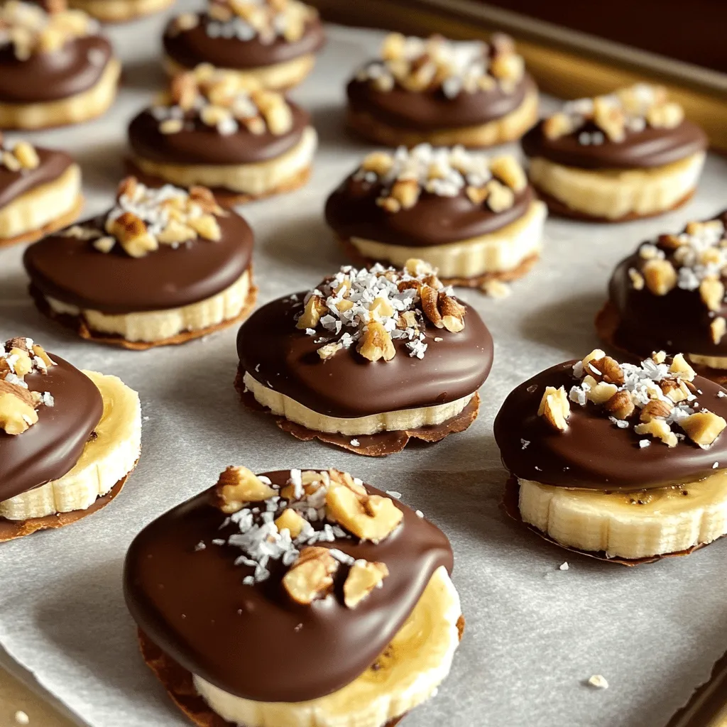 For these tasty chocolate-covered banana bites, you need simple ingredients. Here’s what you will need: - 2 large ripe bananas - 1 cup dark chocolate chips - 1 tablespoon coconut oil - Sea salt (for sprinkling) - 1/4 cup crushed nuts (such as almonds or walnuts) - 1/4 cup shredded coconut (optional) These ingredients come together to create a sweet and creamy treat. The ripe bananas provide natural sweetness. The dark chocolate gives a rich flavor, while coconut oil helps the chocolate melt smoothly. You can swap some ingredients if needed. For example, if you want a sweeter taste, use milk chocolate chips instead of dark. If you’re looking for a dairy-free option, choose vegan chocolate chips. You can also replace coconut oil with another oil. Choose something neutral, like canola oil. If you don’t have nuts, try seeds like sunflower seeds. They add a nice crunch too. You can get creative with toppings. After dipping the bananas, sprinkle sea salt for a salty-sweet bite. Crushed nuts add texture and flavor. Try adding shredded coconut for a tropical twist. You can even drizzle extra melted chocolate on top for fun. For a colorful touch, use colorful sprinkles or mini chocolate chips. These options let you make the treats your own. Enjoy experimenting with different flavors and textures! Start by lining a baking sheet with parchment paper. This keeps the chocolate from sticking. Next, peel the bananas. Slice them into 1-inch thick rounds. Set these slices aside for later. Grab a microwave-safe bowl for the chocolate. Add 1 cup of dark chocolate chips and 1 tablespoon of coconut oil. Microwave the bowl in 30-second bursts. Stir between each burst. Keep going until the chocolate is smooth and fully melted. Now, take a fork or toothpick. Dip each banana slice into the melted chocolate. Make sure each slice is fully coated. Then, place the chocolate-covered slices on your lined baking sheet. While the chocolate is still warm, sprinkle a little sea salt on top. You can also add crushed nuts or shredded coconut if you like. Put the baking sheet in your freezer. Let it sit for about 30 minutes. This helps the chocolate harden. Once set, you can serve the banana bites right away. If you want to save some, put them in an airtight container and keep them in the freezer. Enjoy! To melt chocolate well, start with high-quality dark chocolate chips. They melt evenly and taste great. Use a microwave-safe bowl for easy melting. Heat the chocolate in short bursts of 30 seconds. Stir the mixture in between to help it melt evenly. This method keeps your chocolate from burning. If you add a tablespoon of coconut oil, it helps the chocolate become smooth and shiny. To get that perfect smooth look, dip each banana slice carefully. Use a fork or toothpick for easy handling. Make sure the banana slice is fully covered with chocolate. Tap off any excess chocolate gently before placing it on the baking sheet. This helps keep the bites neat. A sprinkle of sea salt right after coating adds a touch of flair. Add texture by including crushed nuts or shredded coconut. These toppings not only taste great but also give a nice crunch. Sprinkle the nuts or coconut right on top while the chocolate is still wet. You can also mix in some spices, like cinnamon, for a fun twist. This extra step makes your chocolate-covered banana bites even more special! {{image_2}} You can use any chocolate for these bites. Dark chocolate adds a rich flavor. Milk chocolate offers sweetness and creaminess. White chocolate gives a fun, sweet twist. Each type brings its own taste and character. Try mixing chocolates for a unique look and flavor. You can make the chocolate even better. Add a dash of vanilla extract for warmth. A sprinkle of cinnamon brings a cozy touch. You can also mix in a bit of peanut butter for extra creaminess. These small changes can take your bites to a new level. Bananas are great, but other fruits work well too. Try strawberries for a fresh taste. Apple slices offer a crunch that contrasts nicely. Pineapple chunks add a tropical flair. Each fruit brings its own flavor and fun to the mix. Get creative and enjoy different fruits! After making your chocolate covered banana bites, let them cool completely. Once cooled, I recommend placing them in an airtight container. This keeps them fresh and prevents freezer burn. You can layer parchment paper between the bites to avoid sticking. Chocolate covered banana bites last about two months in the freezer. If stored properly, they stay tasty and safe to eat. To freeze, place the bites in a single layer first. Once frozen, you can stack them in the container. This saves space and keeps them intact. When you want to enjoy your frozen treats, take them out of the freezer. Let them sit at room temperature for about five to ten minutes. This softens them just enough to enjoy right away. You can also serve them straight from the freezer for a cool snack. The best way to melt chocolate is in the microwave. Use a microwave-safe bowl. Add dark chocolate chips and a tablespoon of coconut oil. Heat in 30-second intervals. Stir the mixture well between heats. This method helps prevent burning. You want the chocolate smooth and shiny. If you don't have a microwave, you can use a double boiler. Heat water in a pot, place a bowl on top, and stir until melted. Both methods work great! Yes, you can use frozen bananas for this recipe. However, fresh bananas work best. Frozen bananas may be softer and mushy after thawing. If you use frozen bananas, slice them while still frozen. This helps keep their shape. Dip them in melted chocolate right after slicing. This keeps them firm and tasty. Just remember they should be eaten soon after dipping. To make vegan chocolate-covered banana bites, use dairy-free chocolate chips. Look for dark chocolate that doesn’t have milk. All the other ingredients are already vegan. You can still use coconut oil for melting. Follow the same steps for dipping and freezing. Add your favorite toppings like crushed nuts or shredded coconut. Enjoy your tasty vegan treat! Making chocolate-covered banana bites is fun and easy. We discussed the main ingredients, including sub options and tasty toppings. I shared step-by-step instructions, helpful tips, and fun variations. Remember to store your bites well for the best taste. These treats are simple to customize and share with friends. Enjoy experimenting with flavors, coatings, and storage tips. Try different fruits and toppings to create your favorite version. With this guide, you’re ready to make delicious banana bites anytime!
