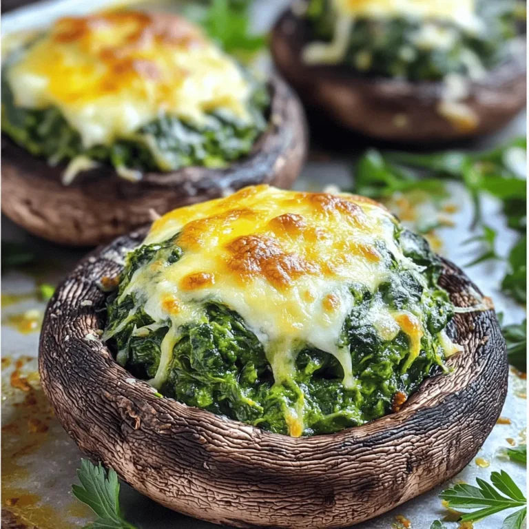 When you want to make Cheesy Spinach Stuffed Portobello Caps, gather these ingredients: - 4 large Portobello mushroom caps - 2 cups fresh spinach, chopped - 1 cup ricotta cheese - 1/2 cup mozzarella cheese, shredded - 1/4 cup Parmesan cheese, grated - 2 cloves garlic, minced - 1 tablespoon olive oil - 1/2 teaspoon salt - 1/4 teaspoon black pepper - 1/4 teaspoon crushed red pepper flakes (optional) - Fresh herbs (such as parsley or basil) for garnish Each ingredient plays a key role in creating a tasty dish. Portobello mushrooms are sturdy and hold the filling well. Fresh spinach gives it a bright green color and nutrients. Ricotta cheese adds a creamy texture, while mozzarella and Parmesan give that rich, cheesy flavor. Garlic adds a nice aroma and taste. Olive oil keeps everything moist. Salt and pepper enhance all the flavors. The red pepper flakes, if you choose to use them, lend a hint of heat. Finally, fresh herbs finish the dish beautifully. These ingredients make the perfect blend for a savory and delightful meal. - First, clean the Portobello caps. Use a damp paper towel to wipe them. - Remove the stems and place the caps on a baking sheet. Make sure the gill side faces up. - In a skillet, heat olive oil over medium heat. Add minced garlic and cook for one minute. - Next, add the chopped spinach. Sauté until the spinach wilts, about three to four minutes. - Take the cheese mixture and fill each Portobello cap generously. Press the filling down gently. - Sprinkle the remaining mozzarella cheese on top of the stuffed mushrooms. - Preheat your oven to 375°F (190°C). This helps the cheese melt nicely. - Bake the stuffed mushrooms for 20 to 25 minutes. Check when the mushrooms are tender and cheese is bubbly. To make a tasty stuffing, start with fresh ingredients. Use bright, vibrant spinach. Mix in creamy cheeses for a rich flavor. I love using ricotta, mozzarella, and Parmesan. They melt well and create a smooth texture. To avoid soggy mushrooms, do not overcook the spinach. Sauté it just until it wilts. This keeps the moisture in check. After stuffing, press the mixture gently into the caps. This helps it stay in place while baking. For the best flavor, fresh herbs are key. I recommend using parsley or basil. They add a nice color and taste. You can also sprinkle some red pepper flakes for heat. Consider adding breadcrumbs on top for crunch. This creates a delightful contrast to the soft filling. These stuffed caps pair well with a simple salad. A light green salad with lemon vinaigrette works great. You can also serve them with roasted veggies for a hearty meal. For drinks, a chilled white wine enhances the flavors. Try a Sauvignon Blanc or a light Pinot Grigio. These wines balance the richness of the cheese and the earthiness of the mushrooms. {{image_2}} You can use many types of cheese in this dish. Each adds a unique flavor. Try using goat cheese for a tangy twist. Cream cheese also works well for a richer taste. For a lighter option, use cottage cheese. If you need a dairy-free choice, look for vegan cheeses made from nuts or soy. These can melt nicely and still taste great. Want to make this dish heartier? Adding protein is an excellent idea. Cooked chicken or crispy bacon can enhance the flavor. Simply chop them into small pieces and mix them into the cheese filling. If you prefer vegetarian options, consider using beans or lentils. They add protein and a nice texture. Tofu is another great choice. Just crumble it and mix it in with the cheese. Spices can transform your stuffed mushrooms. Consider adding garlic powder or onion powder for extra depth. A pinch of cumin or smoked paprika can give a warm flavor. If you like heat, add some cayenne pepper or more crushed red pepper flakes. You can also mix in other veggies. Chopped sun-dried tomatoes or bell peppers add color and taste. Just make sure to sauté them before adding to the filling. To keep your Cheesy Spinach Stuffed Portobello Caps fresh, use airtight containers. Glass or plastic containers work well. Place the caps in a single layer to avoid crushing them. They will last in the fridge for about three days. When reheating, the oven is your best friend. Preheat it to 350°F (175°C). Place the caps on a baking sheet and heat for about 10-15 minutes. This method keeps the mushrooms soft and the cheese nice and melty. Avoid using the microwave. It can make the texture rubbery and dry. You can prepare Cheesy Spinach Stuffed Portobello Caps in advance. Here’s how: - Preparation steps for make-ahead: Clean and stuff the mushroom caps. Place them in a baking dish. Cover and store in the fridge for up to 24 hours. When ready to bake, just pop them in the oven. - Freezing options: You can freeze the uncooked stuffed caps. Wrap them tightly in plastic wrap and then in foil. They last up to three months in the freezer. Bake from frozen, adding a few extra minutes to the cooking time. Yes, Portobello mushrooms are quite healthy. They are low in calories and high in nutrients. Here are some benefits: - They provide fiber, which helps with digestion. - They offer B vitamins, which support energy. - They contain minerals like selenium and copper, important for health. Mushrooms also have antioxidants that may help fight disease. These stuffed caps pair well with many dishes. Here are some ideas: - Recommended side dishes: A crisp green salad with a light vinaigrette complements the rich flavors. - You can also serve them with roasted vegetables for a hearty meal. - Salads: A simple arugula salad with lemon dressing adds freshness to your plate. Enjoying these sides will enhance your dining experience! In this blog post, we explored the simple steps to make Cheesy Spinach Stuffed Portobello Caps. We covered ingredients, prep work, cooking methods, and tips for perfecting your dish. You can easily customize it with different cheeses or protein options. Remember to store leftovers properly and reheat them to keep their texture. This dish not only tastes great but also offers health benefits. Enjoy making it your own and share it with friends!