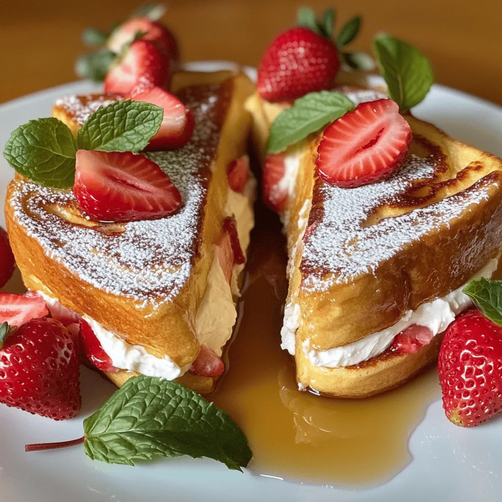 To make Strawberry Cheesecake French Toast, you need: - 4 slices thick-cut bread (like brioche or challah) - 1 cup cream cheese, softened - 1/4 cup powdered sugar - 1 teaspoon vanilla extract - 1/2 cup fresh strawberries, hulled and sliced - 2 large eggs - 1/4 cup milk (or cream for extra richness) - 1 teaspoon ground cinnamon - 1 tablespoon butter (for cooking) - Maple syrup, for serving These ingredients are key to getting a rich, creamy, and sweet taste. You can make your dish even better with some tasty garnishes. Consider: - Additional fresh strawberries - Mint leaves for a pop of color - Whipped cream for extra sweetness - A dusting of powdered sugar These add a nice touch and make your plate look lovely. If you have allergies, there are easy swaps. For example: - Use gluten-free bread if you're avoiding gluten. - Swap cream cheese for a dairy-free option like cashew cream. - Use almond milk or oat milk instead of regular milk. These changes keep the recipe tasty while meeting your needs. Start by grabbing a mixing bowl. Add 1 cup of softened cream cheese. Then, pour in 1/4 cup of powdered sugar. Finally, add 1 teaspoon of vanilla extract. Mix these until the mixture is smooth and creamy. This will be your delicious filling. Now, take 4 slices of thick-cut bread, like brioche or challah. Spread a generous layer of the cream cheese mixture on one side of each slice. Next, take your fresh strawberries, which should be hulled and sliced. Place these sliced strawberries on top of the cream cheese. Then, place another slice of bread on top, forming a sandwich. In a separate bowl, whisk together 2 large eggs, 1/4 cup of milk, and 1 teaspoon of ground cinnamon. Mix well until all ingredients blend together. Carefully dip each sandwich into the egg mixture, ensuring they get coated evenly. Don’t let them soak too long. Preheat a skillet over medium heat and add 1 tablespoon of butter. Once the butter melts, place the sandwiches onto the skillet. Cook for about 3-4 minutes on each side. Look for a golden brown color. After cooking, let them cool for a minute before cutting each sandwich in half. Serve warm with maple syrup, fresh strawberries, and mint leaves for garnish. Enjoy your tasty breakfast! To get the best texture for your Strawberry Cheesecake French Toast, use thick-cut bread. Brioche or challah works great. They soak up the egg mix but stay soft inside. When cooking, keep the heat at medium. This helps the toast cook evenly without burning. Flip them carefully after 3-4 minutes. You want a golden brown color on both sides. To boost flavor, mix in a bit of cinnamon to the egg mix. This adds warmth and depth. Also, use fresh strawberries for a bright taste. They bring a nice contrast to the cream cheese. Drizzle with maple syrup for added sweetness. You can even add a touch of lemon zest to the cream cheese mix for a fresh twist. Choosing the right bread is key for great French toast. Thick, soft breads like brioche or challah are perfect. They have a rich flavor and hold up well. You can also try French bread or Texas toast for a different texture. Avoid thin or dry breads, as they may fall apart when dipped in the egg mix. {{image_2}} You can add chocolate to make this dish even more special. Use chocolate spread on the bread before adding the cream cheese mixture. You can also sprinkle chocolate chips on top of the strawberries. This adds a rich and sweet touch that pairs well with the cream cheese. To make a vegan version, replace the cream cheese with a vegan cream cheese. You can use almond milk or soy milk instead of regular milk. Use flaxseed meal mixed with water in place of eggs. This way, everyone can enjoy this tasty breakfast treat. You can mix in other fruits for a fun twist. Try blueberries, raspberries, or bananas. These fruits add different tastes and colors to your dish. Just slice them thin and layer them with the strawberries. Be creative and find your favorite combo! To keep your leftover French toast fresh, let it cool first. Then, place it in an airtight container. You can store it in the fridge for up to three days. If you want to save it longer, consider freezing it. To enjoy your French toast again, reheat it in a skillet. Heat it on medium for about two minutes on each side. You can also use a toaster oven. This keeps it warm and crisp. Avoid the microwave, as it may make it soggy. If you want to prep ahead, freeze your French toast. Place each slice between parchment paper before freezing. This helps prevent sticking. You can store it in the freezer for up to a month. When you’re ready to eat, thaw it overnight in the fridge. Then follow the reheating steps for the best taste. Yes, you can use frozen strawberries. Let them thaw first. Drain any extra juice. This will keep the bread from getting soggy. The flavor will still be great! To make this French toast gluten-free, use gluten-free bread. Brands like Udi's or Schar work well. Just check the label to ensure it's safe for your needs. You can replace cream cheese with Greek yogurt or ricotta. Both options will keep the creamy texture. Alternatively, use a dairy-free cream cheese for a vegan version. This blog shared how to prepare delicious strawberry cheesecake French toast. We covered essential ingredients, optional toppings, and allergy substitutions. You learned step-by-step how to mix the cream cheese and assemble the sandwiches. I shared tips for the best texture and flavor. With various recipe ideas and storage tips, you can enjoy this dish anytime. Try these methods, and enjoy this tasty treat with friends or family. You now have all you need to make this great breakfast.