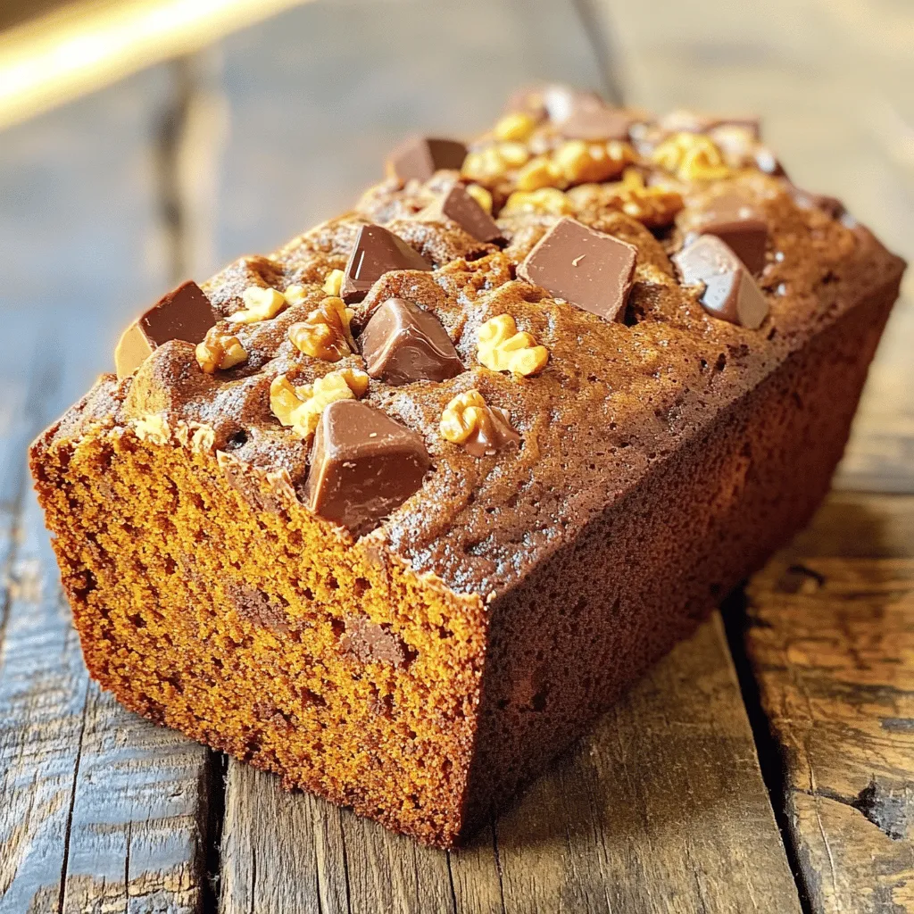 To make the best chocolate chip pumpkin bread, gather these key ingredients: - 1 cup canned pumpkin puree - 1/2 cup vegetable oil - 1 cup brown sugar, packed - 1/2 cup granulated sugar - 2 large eggs - 2 cups all-purpose flour - 1 teaspoon baking soda - 1/2 teaspoon baking powder - 1 teaspoon ground cinnamon - 1/2 teaspoon ground nutmeg - 1/2 teaspoon ground ginger - 1/4 teaspoon salt - 1 cup semi-sweet chocolate chips - 1/2 cup chopped walnuts (optional) Each ingredient plays a role in making your bread moist and flavorful. The pumpkin puree adds richness and moisture. The vegetable oil helps keep the bread soft. Both sugars give it sweetness and depth. Eggs bind all the ingredients together. When you mix the flour, baking soda, and spices, you create a warm aroma that fills your kitchen. The chocolate chips offer a sweet surprise in every bite. If you choose to add walnuts, they give a nice crunch. This combination makes a delicious bread that is perfect for fall baking. First, set your oven to 350°F (175°C). This is the perfect temperature for baking. While the oven heats up, take a 9x5-inch loaf pan. Grease it with some butter or oil. Then, dust it lightly with flour. This will help your bread come out easily. In a large bowl, combine 1 cup of canned pumpkin puree, 1/2 cup of vegetable oil, 1 cup of brown sugar, and 1/2 cup of granulated sugar. Mix these together well. Next, crack in 2 large eggs. Whisk everything until the mixture is smooth and creamy. In another bowl, sift together 2 cups of all-purpose flour, 1 teaspoon of baking soda, and 1/2 teaspoon of baking powder. Add 1 teaspoon of ground cinnamon, 1/2 teaspoon of ground nutmeg, 1/2 teaspoon of ground ginger, and 1/4 teaspoon of salt. Stir these dry ingredients together. Slowly, fold the dry ingredients into the wet mixture. Be gentle! Mixing too much can make your bread tough. Now, it's time for the fun part! Fold in 1 cup of semi-sweet chocolate chips. If you like, add 1/2 cup of chopped walnuts too. Mix until the chocolate chips and nuts are spread evenly throughout the batter. Pour the batter into your prepared loaf pan. Smooth the top with a spatula. Place it in the oven and bake for 60 to 70 minutes. To check if it’s done, insert a toothpick into the center. If it comes out clean, your bread is ready! Once baked, let it cool in the pan for 10 minutes. Then, move it to a wire rack to cool completely. Enjoy the warm, rich flavors of your chocolate chip pumpkin bread! To get a fluffy texture in your chocolate chip pumpkin bread, avoid overmixing. Mix the wet and dry ingredients until just combined. Overmixing can make your bread dense and heavy. Remember, a few lumps are okay! Using room temperature ingredients also helps. When your eggs and oil are at room temperature, they blend better with the pumpkin puree. This makes the batter smooth and helps the bread rise nicely. Oven calibration is key for great baking. An oven that runs too hot or too cold can change the baking time. Invest in an oven thermometer to check if your oven is accurate. This simple step can save your bread from being underbaked or burnt. To test for doneness, use a toothpick. Insert it into the center of the bread. If it comes out clean or with a few crumbs, it’s ready. If it has wet batter on it, bake for a few more minutes. Serve chocolate chip pumpkin bread warm for the best taste. It pairs well with a nice cup of coffee or tea. You can also spread some butter or cream cheese on top for extra flavor. For a fun twist, try adding a scoop of vanilla ice cream. The warm bread with the cold ice cream creates a great contrast. You can also enjoy it with a drizzle of maple syrup or a sprinkle of cinnamon sugar. {{image_2}} If you need a gluten-free option, you can use almond flour or a gluten-free all-purpose blend. These substitutes work well, but you may need to add extra moisture. Use an extra 1/4 cup of pumpkin puree or a splash of milk to keep your bread moist. For a twist, try adding different spices. A teaspoon of vanilla or a pinch of cloves can deepen the flavor. You can also mix in dried fruits like cranberries or raisins for extra sweetness. Nuts, like pecans or walnuts, add a nice crunch too. To make this bread vegan, replace the eggs with flax eggs. Mix one tablespoon of ground flaxseed with three tablespoons of water for each egg. For chocolate chips, look for dairy-free options to keep it vegan-friendly. This way, you can enjoy the taste without any animal products. To keep your chocolate chip pumpkin bread fresh, store it properly. If you plan to eat it within a few days, you can keep it at room temperature. Place it in an airtight container. This will help it stay moist and tasty. Make sure to keep it away from direct sunlight or heat. If you want to keep it longer, refrigeration works well too. Wrap the bread tightly in plastic wrap or aluminum foil. Then, place it in an airtight container. This will keep it fresh for up to a week. Just remember to let it sit at room temperature for a bit before serving. To freeze your chocolate chip pumpkin bread, you need to package it right. First, let the bread cool completely. Then, slice it if you like. Wrap each slice in plastic wrap. After that, place the wrapped slices in a freezer bag. Remove as much air as you can before sealing. This helps prevent freezer burn. When you're ready to enjoy a slice, you can thaw it easily. Take the slice out of the freezer and let it sit at room temperature for about an hour. If you want it warm, you can reheat it in the oven. Just set it to 350°F (175°C) and warm it for about 10 minutes. Enjoy your delicious treat! To make your chocolate chip pumpkin bread more moist, try these tips: - Add an extra egg. This will help bind the ingredients and add moisture. - Use more pumpkin puree. An extra 1/4 cup can make a big difference. - Mix in sour cream or yogurt. About 1/4 cup will add creaminess. - Avoid overbaking. Check it a few minutes early to prevent dry bread. These tips ensure your bread stays soft and delicious. Yes, you can use fresh pumpkin instead of canned. Here's how: - Start with a small pumpkin. A sugar or pie pumpkin works best. - Cut it in half and remove the seeds. - Roast the halves face down in the oven at 350°F (175°C) for about 45 minutes. - Once cool, scoop out the flesh and blend it until smooth. - Measure out 1 cup for your recipe. Using fresh pumpkin gives a nice, rich flavor. For clean slices of pumpkin bread, follow these steps: - Use a serrated knife. This type cuts through soft bread best. - Let the bread cool completely before slicing. This helps prevent squishing. - Start at one end and cut slowly. Take your time for even slices. These steps will give you perfect slices every time. Chocolate chip pumpkin bread lasts about 3-4 days at room temperature. - Store it in an airtight container. This keeps it fresh. - If you refrigerate it, it can last a week. - For longer storage, freeze it. Wrap it tightly in plastic wrap and foil. It can stay good for up to three months. Following these tips helps keep your bread tasty for longer. This chocolate chip pumpkin bread is easy to make and full of flavor. We covered the ingredients, mixing steps, and baking tips to ensure success. Remember, avoid overmixing to keep it fluffy! Try different spices or add nuts for a fun twist. Store it properly to enjoy for days. With these tips, you’ll create a treat that family and friends will love. Enjoy each slice and share your baking adventures!