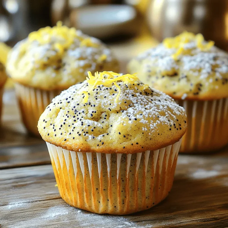 - 1 cup whole wheat flour - 1/2 cup almond flour - 1/2 cup protein powder (vanilla flavor) - 1/4 cup poppy seeds - 1/2 cup honey or maple syrup - 1/2 cup unsweetened applesauce - 1/4 cup Greek yogurt - 2 large eggs - Zest of 1 lemon - 1/4 cup freshly squeezed lemon juice - 1 teaspoon baking powder - 1/2 teaspoon baking soda - 1/4 teaspoon salt These ingredients come together to create a tasty muffin that is both healthy and satisfying. Whole wheat flour adds fiber, making these muffins a smart choice. Almond flour gives a nutty flavor and boosts nutrients. The protein powder adds extra protein, helping you feel full longer. Poppy seeds give a nice crunch and a fun look. Honey or maple syrup sweetens without refined sugar. Applesauce keeps the muffins moist while reducing fat. Greek yogurt adds creaminess and protein. When mixing, the lemon zest and juice brighten the flavor. The baking powder and baking soda help the muffins rise, while salt balances the sweetness. Each ingredient plays a key role in making these muffins delicious and healthy. 1. Preheat your oven to 350°F (175°C). This is key for even baking. Line your muffin tin with paper liners or use cooking spray to prevent sticking. 2. In a large bowl, combine the following dry ingredients: - 1 cup whole wheat flour - 1/2 cup almond flour - 1/2 cup protein powder (vanilla flavor) - 1/4 cup poppy seeds - 1 teaspoon baking powder - 1/2 teaspoon baking soda - 1/4 teaspoon salt Mix these well. This step ensures even distribution of flavors. 3. In another bowl, mix the wet ingredients: - 1/2 cup honey or maple syrup - 1/2 cup unsweetened applesauce - 1/4 cup Greek yogurt - 2 large eggs - Zest of 1 lemon - 1/4 cup freshly squeezed lemon juice Whisk until smooth. This mixture adds moisture and flavor. 1. Pour the wet ingredients into the dry ingredients. Gently fold the batter together with a spatula. Be careful not to overmix. A few lumps are okay. This keeps your muffins light and fluffy. 2. Fill the muffin tins about 3/4 full with the batter. This gives them room to rise. 3. Bake for 18-20 minutes. To check doneness, insert a toothpick into the center of a muffin. If it comes out clean, they are ready. 4. Once baked, let the muffins cool in the tin for about 5 minutes. Then, transfer them to a wire rack to cool completely. Enjoy the bright lemon scent filling your kitchen! To make your lemon poppy seed protein muffins the best they can be, avoid overmixing the batter. Overmixing makes muffins tough. Mix just until the dry and wet ingredients blend. This keeps them light and fluffy. To check if your muffins are done, use a toothpick. Insert it into the center of a muffin. If it comes out clean, they are ready. If not, bake for a few more minutes. When serving your muffins, a light dusting of powdered sugar adds a nice touch. You can also drizzle a lemon glaze on top for extra sweetness. Pair these muffins with a warm cup of tea. They also taste great with a side of yogurt or fresh fruit. Enjoy! {{image_2}} You can easily make these muffins gluten-free. Just swap the whole wheat flour with a gluten-free blend. Brands like Bob's Red Mill or King Arthur Flour work well. This change keeps the muffins light and fluffy. For a low-sugar option, consider using stevia or erythritol. Both are great sugar substitutes. They add sweetness without the extra calories. If you prefer, you can also use unsweetened applesauce or mashed bananas to cut down on sugar. This keeps the muffins moist and tasty. You can take these muffins to the next level by adding fruits or nuts. Blueberries or raspberries add a burst of flavor. Chopped walnuts or almonds lend a nice crunch. Mix in about half a cup of your choice for extra texture. If you want to switch up the poppy seeds, try chia seeds or sunflower seeds instead. They bring a different taste and a new look. You can also add spices like cinnamon or ginger for warmth. This makes each bite exciting and unique. How do you store muffins for freshness? To keep your lemon poppy seed protein muffins fresh, place them in an airtight container. This prevents air from drying them out. Make sure they are completely cool before storing. You can keep them at room temperature for up to three days. What if you want to store muffins for longer? Freezing muffins is a great option. Wrap each muffin tightly in plastic wrap, then place them in a freezer bag. This way, they last for up to three months. When you're ready to eat, just take one out and let it thaw at room temperature. How can you reheat muffins without drying them out? The best way to reheat muffins is in the oven. Preheat it to 350°F (175°C). Place the muffins on a baking sheet and cover them with foil. Heat for about 10 minutes. This keeps them moist and tasty. Can you use the microwave for reheating? Yes, you can use the microwave, but with care. Place the muffin on a microwave-safe plate and cover it with a damp paper towel. Heat for 15-20 seconds. Check if it’s warm enough, but avoid overheating. This method can dry them out quickly. Can I use regular flour instead of whole wheat? Yes, you can use regular flour. Whole wheat flour adds more fiber. If using all-purpose flour, the muffins may be lighter but less healthy. How can I make these muffins vegan? To make vegan muffins, replace the eggs with flax eggs. Mix one tablespoon of ground flaxseed with three tablespoons of water. Let it sit for a few minutes. You can also use almond yogurt instead of Greek yogurt. What causes muffins to be dense, and how to fix it? Dense muffins often happen due to overmixing. When you mix too much, the gluten develops. To fix this, mix until just combined. Also, check your baking powder and soda for freshness. Can I make these muffins ahead of time? Absolutely! You can bake them a day or two in advance. Store them in an airtight container at room temperature. How long do lemon poppy seed muffins last? These muffins last about three days at room temperature. For longer storage, keep them in the fridge for up to a week. Can I double this recipe for a larger batch? Yes, you can double the recipe easily. Just make sure to use a bigger mixing bowl and muffin tin. Adjust the baking time slightly if needed. This blog post gave you all the tools to make delicious lemon poppy seed muffins. You learned the key ingredients, step-by-step instructions, and useful tips. Nutrition facts showed you what you're feeding your body. Plus, we explored ways to tweak the recipe to fit your needs. Remember, with simple storage tips, you can keep them fresh for longer. Enjoy baking and sharing these tasty muffins with friends and family!