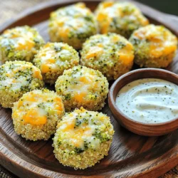 - 1 cup cooked quinoa - 1 cup fresh broccoli florets, finely chopped - 1 cup shredded sharp cheddar cheese - 2 large eggs, beaten - 1/2 cup breadcrumbs (preferably whole wheat) - 1/4 cup green onions, finely chopped - 1 teaspoon garlic powder - 1/2 teaspoon onion powder - Salt and pepper to taste - Olive oil spray for baking Gathering fresh ingredients is the first step to great flavor. I love using cooked quinoa because it's a super grain. It packs a punch of protein and fiber. Fresh broccoli is key here. It adds crunch and color to our bites. I prefer sharp cheddar cheese for its bold taste. It really shines through in every bite. Eggs help bind everything together. Whole wheat breadcrumbs give a nice texture. Green onions add a fresh pop of flavor. Garlic and onion powders give warmth without overpowering the dish. Don’t forget salt and pepper! They enhance all the flavors. Lastly, a light spray of olive oil helps the bites crisp up nicely in the oven. Each serving has about 80 calories. You get a good mix of protein and fiber. Broccoli is loaded with vitamins. It helps boost your immune system. Quinoa is gluten-free and full of amino acids. Together, these ingredients make a healthy snack you can enjoy anytime. - Preheat your oven to 375°F (190°C). - Line a baking sheet with parchment paper. - In a large mixing bowl, combine: - 1 cup cooked quinoa - 1 cup fresh broccoli florets, finely chopped - 1 cup shredded sharp cheddar cheese - 2 large eggs, beaten - 1/2 cup breadcrumbs (preferably whole wheat) - 1/4 cup green onions, finely chopped - 1 teaspoon garlic powder - 1/2 teaspoon onion powder - Salt and pepper to taste Mix all these ingredients until they are well combined. - Use your hands to form the mixture into small bite-sized balls, about 1.5 inches wide. - Place the balls on the prepared baking sheet. - Lightly spray the tops of the quinoa bites with olive oil spray. This helps them get crispy. - Bake in the preheated oven for 20-25 minutes. Look for a golden brown color and a firm touch. - Let the quinoa bites cool for a few minutes before serving. This helps them set and makes them easier to eat. - For a fun twist, serve them on a platter with a side of tangy dipping sauce. A yogurt-based ranch or a zesty avocado dip works well. Enjoy your tasty snack! To avoid mushy bites, make sure your quinoa is fully cooked and cooled. If it is hot, it can make the mixture too wet. Use fresh broccoli florets and chop them finely. This ensures they cook evenly. Mix your ingredients gently, but well. Over-mixing can make the bites tough. For even cooking, shape the bites into uniform sizes. About 1.5 inches works best. Space them out on the baking sheet. This allows hot air to circulate around each bite. Lightly spraying olive oil helps create a nice, crispy texture. To elevate the taste, consider adding spices like paprika or cumin. Fresh herbs like parsley or dill work well too. These add freshness and depth to each bite. If you want a different flavor, try using mozzarella or gouda cheese instead of cheddar. You can also use feta for a tangy twist. When reheating, use an oven to keep them crispy. Heat at 350°F for about 10 minutes. Avoid the microwave, as it can make them soggy. For freezing, place cooled bites in an airtight container. They can last up to three months. When ready to eat, bake straight from the freezer. This keeps their texture and flavor intact. {{image_2}} You can swap grains in this recipe. Try brown rice or millet instead of quinoa. These grains work well and add different flavors. For the cheese, use dairy-free options like almond or cashew cheese. This keeps the bites creamy while catering to dairy-free diets. Get creative with veggies! Spinach and bell peppers make great additions. They give extra color and nutrients. You can also add protein. Cooked chicken or turkey blends in nicely. This turns your snack into a more filling meal. You can transform these bites into a full meal. Serve them with a salad or roasted veggies. They also pair well with dips. Try a yogurt-based ranch or a zesty avocado dip. These dips add flavor and make the dish more fun! How to make broccoli cheddar quinoa bites gluten-free? To make these bites gluten-free, use gluten-free breadcrumbs. You can find them at most grocery stores. If you can't find them, you can make your own using ground oats. Just blend oats into a fine powder, and you have your gluten-free binder! Can these bites be made ahead of time and frozen? Yes, you can make these bites ahead of time. Just prepare them, bake, and let them cool. Then, place them in a freezer-safe bag. They can last up to three months in the freezer. When ready to eat, just reheat in the oven until warm. How do I know when the bites are fully cooked? The bites are done when they are golden brown and firm to the touch. You can also insert a toothpick. If it comes out clean, they are ready to eat! Can I use fresh instead of frozen broccoli? Absolutely! Fresh broccoli works great. Just chop it finely, as you want it to mix well. Fresh broccoli adds a nice crunch and bright flavor to the bites. How can I make these bites spicier? To add some heat, mix in red pepper flakes or diced jalapeños. You can also use a spicier cheese like pepper jack. This will give the bites a zesty kick. What do I do if my batter is too dry or wet? If the batter is too dry, add a bit more beaten egg or a splash of water. If it's too wet, add more breadcrumbs until you reach the right consistency. The mixture should hold together but not be sticky. These broccoli cheddar quinoa bites combine tasty ingredients and are easy to make. We covered the recipe, nutritional benefits, and tips for the best results. You can customize them to fit your taste and dietary needs. Whether for a snack or a meal, these bites are a healthy choice. Keep experimenting and have fun with different flavors. Enjoy your cooking journey!