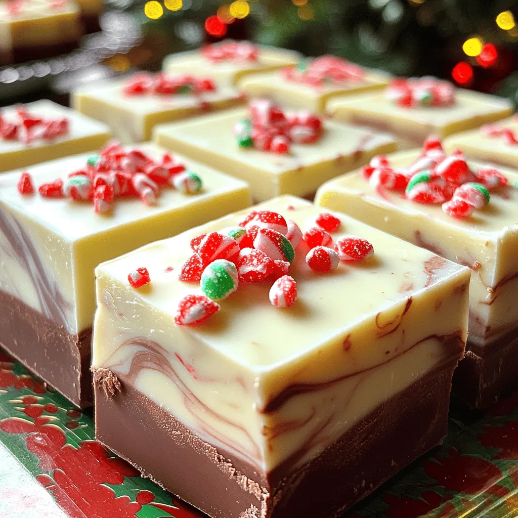 - 2 cups white chocolate chips - 1 can (14 oz) sweetened condensed milk - 1 teaspoon peppermint extract - 1 cup crushed peppermint candies (or candy canes) - 1/4 cup unsweetened cocoa powder - Pinch of salt - Additional crushed peppermint for garnishing - Medium saucepan - Baking pan (8x8 inch) - Parchment paper - Mixing spoon I love making White Chocolate Peppermint Fudge. It’s easy and fun. First, gather all the ingredients. You need white chocolate chips, sweetened condensed milk, peppermint extract, crushed candies, cocoa powder, salt, and extra peppermint. The equipment is simple too. Grab a medium saucepan to melt the chocolate. Use an 8x8 inch baking pan lined with parchment paper. This helps to lift the fudge out easily later. A mixing spoon will help you stir everything together. Each item plays a key role. The white chocolate gives a creamy base. The sweetened condensed milk adds sweetness and smoothness. The peppermint extract gives that fresh flavor we love. Crushed candies add a nice crunch and color. Cocoa powder creates a lovely swirl, making it pretty. Make sure to have everything ready. This way, you can enjoy the process without rushing. Trust me, having all your ingredients and tools ready makes cooking a breeze! - Step 1: Line the baking pan with parchment paper. This helps with easy removal later. Leave some paper overhanging the sides for easy lifting. - Step 2: Melt white chocolate and condensed milk. Use a medium saucepan over low heat. Stir often until the chocolate is smooth. This step is key for a creamy fudge. - Step 3: Mix in peppermint extract and salt. This adds a fresh flavor that makes the fudge pop. Stir well to ensure even distribution. - Step 4: Fold in crushed peppermint candies. Reserve about 2 tablespoons of candies for later. This gives the fudge a fun crunch and festive look. - Step 5: Pour half of the fudge mixture into the pan. Spread it evenly for a nice base layer. - Step 6: Refrigerate until set. This usually takes about three hours. Once set, you can lift the fudge out using the parchment paper. Cut it into squares and enjoy! To melt white chocolate smoothly, use low heat. This helps keep it from burning. Stir the chocolate often as it melts. This way, it will blend well with the sweetened condensed milk. If the chocolate seizes, it might get thick and clumpy. You can fix this by adding a little more liquid, like milk or cream. To ensure your fudge is just right, follow the recipe closely. The mixture should be thick but smooth. If your fudge is too hard, it might need more sweetened condensed milk. You can also gently reheat it and add a splash of milk. If it’s too soft, let it chill longer in the fridge. For a fun way to present the fudge, cut it into colorful squares. Place them on a festive platter. You can also add whole peppermint candies on top. This makes it look more cheerful. Wrap the fudge in clear bags tied with ribbons for gifts. This adds a nice touch for the holidays. {{image_2}} You can change the taste of your fudge easily. Adding other extracts can give it a twist. Try using vanilla or almond extract. Each will add a new layer of flavor. You can also mix in different types of chocolate. Dark chocolate chips or milk chocolate can change the fudge's look and taste. This makes it fun to experiment. If you want to swap out white chocolate, try using yogurt chips. They offer a creamy texture. For a dairy-free option, go for coconut milk chips. They bring a nice sweetness and are great for those with dietary needs. Always check the labels to ensure they fit your needs. Seasonal ingredients can make your fudge even better. During the holidays, add in crushed gingerbread or nutmeg. These spices can give your fudge a festive feel. You can also use dried cranberries or orange zest for a bright touch. Mixing in these seasonal delights can make your fudge stand out at any gathering. To keep your fudge fresh, use an airtight container. Glass or plastic containers work well. Store the fudge in a cool place, away from direct sunlight. The ideal temperature is around 60 to 70 degrees Fahrenheit. Your white chocolate peppermint fudge can last up to two weeks at room temperature. To maximize freshness, keep it sealed tight. If you notice any signs of spoilage, like a strange smell or mold, discard it. Fresh fudge has a sweet scent and a smooth texture. You can freeze the fudge for longer storage. First, cut it into squares. Wrap each piece in plastic wrap. Then, place wrapped fudge in a freezer-safe container. It can last up to three months in the freezer. When ready to eat, thaw it in the fridge overnight for the best flavor and texture. What can I use instead of white chocolate? You can use white chocolate bars or chips. If you're looking for a vegan option, try using dairy-free white chocolate or even a creamy cashew butter. Both can mimic the taste and texture well. Can I make this fudge ahead of time? Yes! You can make this fudge up to a week in advance. Just store it in an airtight container in the fridge. It keeps the flavors fresh and the texture perfect. How do I fix grainy fudge? Grainy fudge happens when the sugar doesn't dissolve well. To fix it, heat the fudge gently while stirring. If it remains grainy, add a bit of water and stir. Heat until smooth and creamy. Is there an alternative for sweetened condensed milk? You can use coconut milk with sugar for a dairy-free option. Just cook it down to thicken before mixing. You could also try evaporated milk with sugar, but it will change the taste slightly. How long does the fudge last at room temperature? This fudge lasts about two hours at room temperature. After that, it’s best to store it in the fridge. It can last up to two weeks when kept cool and sealed. This blog post guides you through making delicious white chocolate peppermint fudge. We covered ingredients, equipment, and a simple step-by-step process. You learned how to melt chocolate, mix flavors, and set the fudge perfectly. We also shared tips for storage and variations to try. In conclusion, making this fudge is fun and easy. With a few adjustments, you can create your perfect treat. Enjoy your delicious creation and share it with friends!