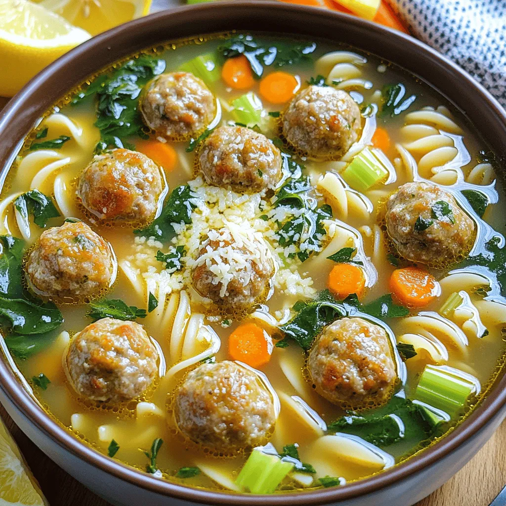 - 1 pound ground turkey - 1/4 cup grated Parmesan cheese - 6 cups chicken broth - 1 medium onion, diced - 2 carrots, diced - 2 stalks celery, diced - 2 cloves garlic, minced - 1 teaspoon Italian seasoning - Salt and pepper to taste - 1/4 cup breadcrumbs - 1 egg, beaten - 4 cups fresh spinach, roughly chopped - 1/2 cup small pasta (such as acini di pepe or orzo) - 1 tablespoon olive oil - Lemon wedges for serving (optional) When I create Italian wedding soup, I focus on fresh, simple ingredients. Ground turkey is a great choice for meatballs. It’s lean and packed with flavor. I add grated Parmesan cheese to the meatball mix. This gives a rich taste and binds the meat together. The chicken broth forms the soup's base. It adds depth to the flavors. Next, I chop some vegetables. Diced onion, carrots, and celery bring color and crunch. I always use fresh garlic, as it boosts the flavor. Italian seasoning adds warmth, while salt and pepper balance all the tastes. For the meatballs, I mix breadcrumbs and a beaten egg with the turkey. This helps the meatballs stay together. Spinach adds a lovely green touch. It also brings vitamins to the soup. Finally, I choose small pasta like acini di pepe or orzo. These tiny shapes soak up the broth perfectly. A drizzle of olive oil adds richness. Lemon wedges are optional but give a nice zing when you serve the soup. Using these quality ingredients makes this Italian wedding soup a hit every time! - Mixing the meatball ingredients: In a large bowl, combine 1 pound of ground turkey, 1/4 cup of grated Parmesan cheese, 1/4 cup of breadcrumbs, and 1 beaten egg. Add 2 minced garlic cloves, 1 teaspoon of Italian seasoning, and salt and pepper to taste. Mix everything well with your hands or a spoon until fully blended. - Forming the meatballs and placement: Shape the mixture into small meatballs, about 1 inch wide. You should get around 20 meatballs. Place them on a baking sheet lined with parchment paper. This keeps them from sticking and makes for easy handling later. - Browning the meatballs in a pot: Heat 1 tablespoon of olive oil in a large pot over medium heat. Once hot, add the meatballs in batches. Avoid overcrowding the pot, as this helps them brown evenly. Cook each batch for about 5 minutes, turning them to brown all sides. Remove them from the pot and set them aside. - Proper meatball handling tips: Use a spatula or tongs to turn the meatballs gently. This prevents them from breaking apart. If they stick, let them cook a bit longer before trying to move them. - Sautéing vegetables: In the same pot, add the diced onion, carrots, and celery. Sauté for 5 to 7 minutes until the veggies are tender. Stir occasionally to avoid burning. - Adding broth and pasta: Pour in 6 cups of chicken broth and bring it to a gentle boil. Add 1/2 cup of small pasta, like acini di pepe or orzo. Cook according to the package instructions, about 8 to 10 minutes. - Incorporating meatballs and spinach: Once the pasta is cooked, return the browned meatballs to the pot. Add 4 cups of roughly chopped spinach. Let it simmer for 3 to 5 minutes, until the spinach wilts and the meatballs are heated through. Adjust the seasoning with more salt and pepper if needed. This simple process brings together flavors that make the soup delicious and comforting. Enjoy each step as you create your own version of Italian wedding soup with turkey meatballs! To make great meatballs, focus on the texture. You want them moist but firm. - Use ground turkey: It’s lean and keeps the meatballs light. - Add cheese and breadcrumbs: These help bind the meatballs and add flavor. - Mix gently: Over-mixing makes meatballs tough. Use a light hand when combining. For flavor, try these tips: - Use fresh garlic: Fresh garlic packs a punch. - Season well: Don't skip salt and pepper. They make a big difference. - Chill before cooking: Letting meatballs sit in the fridge helps them hold shape. When you brown the meatballs, avoid overcrowding the pot. This helps them get a nice brown color. - Cook in batches: Brown a few at a time for best results. - Heat the oil first: This helps the meatballs sear quickly. For the pasta, cook it until just tender. You want it al dente. - Follow package directions: This tells you the exact cooking time. - Add pasta to broth: This helps it soak up all the flavors. Season the soup well. Taste as you go. This way, you can make it just right. - Add salt gradually: It’s easy to add more, but hard to take it out. - Pepper adds warmth: A little pepper can brighten up the flavor. For extra zest, slice up a lemon. - Serve with lemon wedges: A squeeze of lemon adds freshness. - Try lemon zest: It gives a nice, bright flavor too. {{image_2}} You can change the meat in this soup for a healthier option. Using ground chicken or leaner turkey makes a lighter dish. This keeps the flavors but cuts down on fat. If you want a vegetarian option, swap the meat with beans. Chickpeas or cannellini beans work great. They add protein and make the soup hearty. The small pasta adds texture and fun. You can use acini di pepe or orzo. But feel free to explore other small pasta shapes like ditalini or stelline. Each type gives the soup a unique feel. If you need gluten-free pasta, many brands make great options. Look for rice or corn-based pasta. They cook well and taste great, too. Herbs give this soup a fresh taste. You can add basil or parsley to the broth for extra flavor. Just chop them finely and toss them in near the end. For a twist, try using different broth flavors. A vegetable broth adds a nice touch. Or use a low-sodium broth to keep it healthier. Adding a splash of lemon juice brightens the soup, too. To keep your Italian wedding soup fresh, store leftovers in the fridge. Use an airtight container. It will stay good for about 3 to 4 days. If you want to save it longer, freezing is a great option. Pour the soup into freezer-safe containers. Leave some room at the top for expansion. This method keeps it safe for about 3 months. When it’s time to enjoy your soup again, reheat it gently. The best way is to use a pot on the stove. Heat it over low heat, stirring often. This helps keep the flavors strong and the meatballs tender. You can also use a microwave. Place the soup in a microwave-safe bowl and cover it. Heat in short bursts, stirring in between. This will help keep the texture just right. Fresh vegetables, like carrots and celery, last about a week in the fridge. Store them in the crisper drawer. Chicken broth can last much longer. If it’s canned, it’s good for a year or more in your pantry. Once opened, keep it in the fridge for about 3 to 4 days. For pasta, it can stay fresh for months if kept dry and sealed. Once cooked, use it in your soup within a few days. Italian Wedding Soup has roots in Southern Italy. Contrary to what the name suggests, it is not served at weddings. Instead, it reflects the mix of flavors from various regions. The soup combines rich chicken broth with small meatballs, greens, and pasta. Traditional ingredients often include beef, pork, or chicken for the meatballs, alongside fresh greens like escarole or spinach. This soup represents unity, blending different flavors and cultures into one dish. Yes, you can make Italian Wedding Soup ahead of time. This is great for gatherings or busy days. Prepare the soup a day before you plan to serve it. Store it in the fridge after cooking. When you are ready to eat, just heat it up. The flavors will deepen overnight. If you add the pasta just before serving, it will stay perfect and not get mushy. Yes, there are many ways to make a vegetarian version. You can use plant-based meatballs made from lentils or beans. There are also store-bought options that taste great. Swap chicken broth for vegetable broth to keep it meat-free. Add more veggies like mushrooms or zucchini for extra flavor and texture. This way, you can still enjoy the comforting warmth of Italian Wedding Soup, even without meat. We covered how to make Italian Wedding Soup, starting with key ingredients like turkey and veggies. I shared step-by-step instructions on making meatballs and soup. Tips for perfecting both were provided, along with fun variations and storage advice. This soup is tasty and flexible, perfect for everyone. Whether you want the classic or a twist, you now have what you need. Enjoy making this warm bowl of comfort!