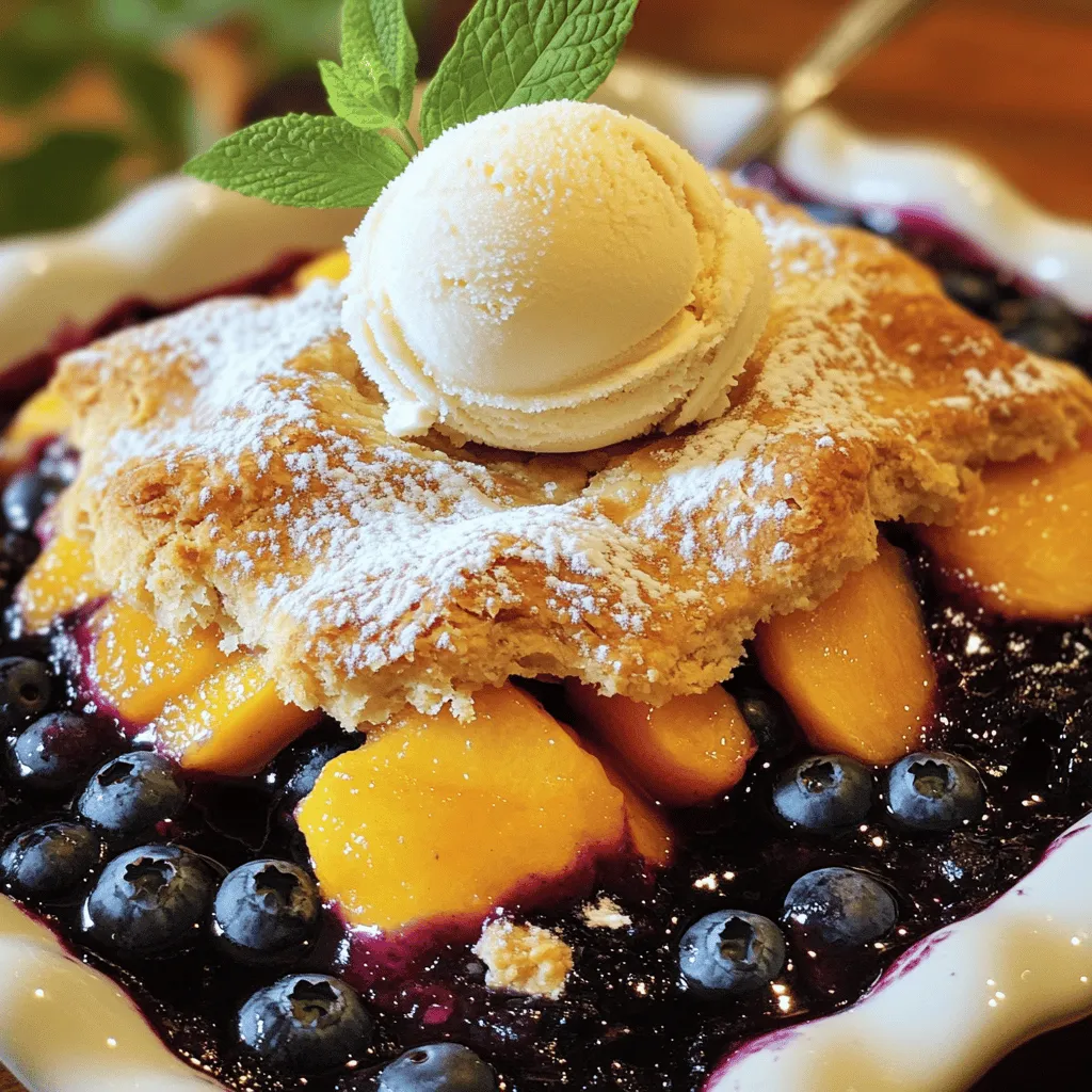 - 2 cups fresh blueberries - 2 cups fresh peaches, peeled and sliced Fresh fruit is key for this cobbler. Blueberries add a sweet burst. Peaches give a juicy, soft touch. Use ripe fruit for the best flavor. You can use frozen fruit, but fresh is better. - 1 cup granulated sugar, divided - 1 tablespoon lemon juice - 1 teaspoon vanilla extract - 1 teaspoon ground cinnamon Sugar sweetens the fruit and tops the cobbler. Lemon juice brightens the flavors. Vanilla adds depth, while cinnamon brings warmth. These staples are simple yet essential. - 1 cup all-purpose flour - 1 teaspoon baking powder - ½ teaspoon salt - ½ cup unsalted butter, melted - 1 cup milk - 1 teaspoon almond extract (optional) Flour forms the base of the batter. Baking powder helps it rise. Salt enhances the taste. Butter adds richness, and milk keeps it moist. Almond extract is optional but gives a lovely hint of flavor. With these ingredients, you can create a mouth-watering blueberry peach cobbler. Get ready to enjoy a delightful dessert! Start by gathering your fresh blueberries and sliced peaches. In a large bowl, mix together the blueberries, peaches, ½ cup of sugar, lemon juice, and vanilla extract. Toss the fruit gently until it is well coated. Set this mixture aside. Letting the fruit sit helps release its natural juices. In another bowl, combine the flour, baking powder, cinnamon, and salt. Stir these dry ingredients together. Next, add the melted butter, milk, and almond extract if you choose to use it. Mix well until everything is just combined. The batter will be slightly lumpy; that’s okay! Now, take a greased 9x13 inch baking dish. Pour the fruit mixture into it, spreading it out evenly. Carefully pour the batter over the fruit. Try to cover as much of the fruit as you can. Finally, sprinkle the remaining ½ cup of sugar on top. This will give your cobbler a sweet, crunchy crust. Place your cobbler in the preheated oven at 350°F. Bake it for 45-50 minutes. Watch for a golden brown top and bubbly fruit. When it looks perfect, take it out of the oven. Let it cool for about 10-15 minutes before serving. Enjoy this delightful dish warm! Measuring your ingredients accurately is key. It helps you get the best results. For instance, too much flour can make the cobbler dry. Too little sugar can make it bland. Use dry measuring cups for flour and sugar. Use liquid measuring cups for milk and juices. Level off dry ingredients with a flat edge. This ensures you have the right amount. Presentation makes a big difference. Serve the cobbler warm from the oven. Add a scoop of vanilla ice cream on top. It will melt slightly and create a creamy texture. For a fresh touch, add a sprig of mint. This makes your dessert look fancy and inviting. You can also serve it with whipped cream for added delight. To avoid a soggy bottom, make sure to bake it fully. Look for a golden brown top. If it looks too wet, bake for a few more minutes. Use fresh fruit to prevent excess moisture. Also, don’t forget to mix the batter just until combined. Overmixing can lead to a tough topping. Keep an eye on the baking time to avoid a burnt top. Use a timer and check on it halfway through. {{image_2}} You can swap fruits based on the season. Try using blackberries or raspberries for a berry twist. For stone fruits, cherries or nectarines work great too. Each fruit brings its own flavor and texture. You may need to adjust the sugar. Some fruits are sweeter, while others are tart. This helps keep the balance just right. For a gluten-free cobbler, use almond flour or oat flour as a substitute. Both add a nice flavor and texture. Be sure to check the package for baking instructions. You may need to add more liquid. Also, using 1 tablespoon of cornstarch can help bind the mixture. This will keep your cobbler moist and delicious. Want to jazz up your cobbler? Add a pinch of nutmeg or ginger for extra warmth. You can also include a splash of bourbon for a unique twist. Almond extract is a nice option too. It pairs well with peaches. A hint of citrus zest can brighten the flavors. Just a little can make a big difference! To keep your Blueberry Peach Cobbler fresh, let it cool first. Then, cover it tightly with plastic wrap or aluminum foil. Store it in the fridge for up to four days. For longer storage, freeze the cobbler. Slice it first, then wrap each piece well. Use freezer-safe bags for easy access later. The cobbler can last up to three months in the freezer. To reheat your cobbler, preheat the oven to 350°F (175°C). Place the cobbler in an oven-safe dish. Cover it with foil to keep it moist. Heat for about 20 minutes or until warm. If you want a crisp topping, uncover it for the last 5 minutes. You can also microwave slices for about 30 seconds, but this may make it soggy. Your Blueberry Peach Cobbler is best enjoyed fresh. In the fridge, it stays tasty for about four days. If frozen, it can last up to three months. Just remember to check for any off smells or freezer burn before eating it. This ensures you enjoy every bite safely. Yes, you can make this cobbler ahead of time. Prepare the fruit mix and the batter separately. Store them in the fridge for up to 24 hours. When you're ready to bake, mix them and follow the recipe. This way, you save time on busy days. To ripen peaches, leave them on the counter. They need warmth to ripen well. Check them daily. Once soft, they are ready. If you want to speed up the process, place them in a paper bag. This traps ethylene gas, which helps them ripen faster. You can tell when the cobbler is done by its color and texture. Look for a golden brown top. The fruit should be bubbly around the edges. You can also poke it with a fork. If it comes out clean, your cobbler is ready. For the complete recipe, follow the instructions provided earlier in the article. Blueberry peach cobbler combines fresh fruit and simple ingredients for a delicious treat. We discussed the essential steps, from preparing the fruit to baking it perfectly. Remember to measure accurately for the best results and try different fruits for variety. Store leftovers properly for later enjoyment, and reheating tips can help maintain taste. With these insights, you can create a delightful dessert that impresses everyone. Enjoy your baking journey and savor every bite of this classic cobbler!