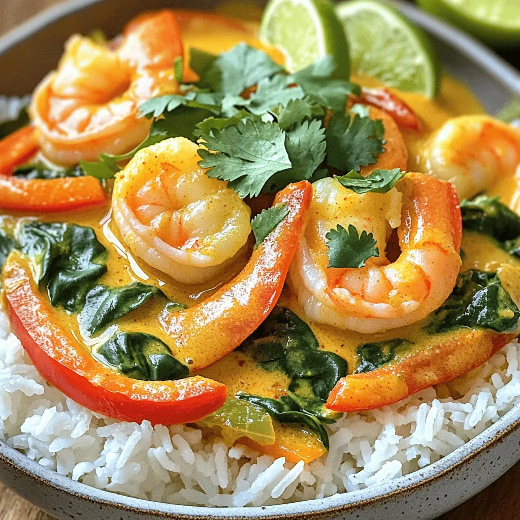- 1 lb large shrimp, peeled and deveined - 1 can (14 oz) coconut milk - 2 tablespoons curry powder - 1 tablespoon minced ginger - 3 cloves minced garlic - 1 medium finely chopped onion - 1 sliced red bell pepper - 1 cup washed and roughly chopped spinach - 2 tablespoons olive oil - 1 tablespoon lime juice - Salt and pepper to taste - Fresh cilantro for garnish For this creamy coconut shrimp curry, you need fresh and simple ingredients. Start with large shrimp that are peeled and deveined. This makes cooking fast and easy. Coconut milk gives the dish its rich creaminess. The curry powder adds warmth and depth of flavor. Ginger and garlic are key for a fragrant base. Use fresh, minced ginger and garlic for the best taste. The onion adds sweetness and helps build flavor. Slice the red bell pepper for a pop of color and crunch. Spinach adds a healthy touch and bright green color. Use washed spinach, roughly chopped. Olive oil helps sauté the vegetables. Lime juice adds brightness and balance to the dish. Finally, don’t forget salt and pepper to taste. Fresh cilantro makes a lovely garnish and adds a fresh flavor. With these ingredients, you’ll create a mouthwatering curry that’s both easy and flavorful. 1. Heat olive oil in a large skillet over medium heat. 2. Sauté the chopped onions for about 3-4 minutes until they turn translucent. 3. Add minced garlic and ginger to the skillet and cook for another minute. This step adds a lot of flavor. 1. Stir in curry powder and let it cook for 1-2 minutes. This helps to toast the spices. 2. Add the sliced red bell pepper next. Cook this for another 3-4 minutes until it softens. 1. Pour in the coconut milk and stir it into the spice mix. Bring this to a gentle simmer. 2. Add the shrimp to the sauce. Cook for about 5-7 minutes, or until the shrimp are pink and opaque. 1. Stir in chopped spinach and lime juice. Let the spinach wilt for about 2 minutes. 2. Season with salt and pepper to taste. Remove from heat and let it rest for a few minutes. This helps the flavors meld together. - Ideal heat settings for sautéing: Start on medium heat when cooking. This helps the onions become soft and sweet. If the heat is too high, they may burn. Stir often to keep things moving. - Tips for perfectly cooked shrimp: Cook shrimp for just 5 to 7 minutes. They are done when they turn pink and opaque. Do not overcook; this makes them tough. - Serving over jasmine rice: Jasmine rice pairs well with this dish. It soaks up the creamy sauce, making every bite flavorful. Use a generous scoop to hold the curry. - Garnishing with cilantro and lime: Fresh cilantro adds color and fresh flavor. Squeeze lime over the top for a zesty kick. You can even place lime wedges on the side for guests to enjoy. {{image_2}} You can change the protein in this dish. If you want a swap, use chicken or tofu. Chicken gives a meaty bite, while tofu offers a great plant-based option. For veggies, think about broccoli or peas. Broccoli adds crunch and color. Peas bring a sweet touch. Both options work well with the coconut and curry flavors. Want more heat? Add some chili flakes or fresh chilies. Start with a little, then taste it. You can always add more if you like it spicy. To make it sweeter, try adding sugar or honey. Just a bit can help balance the curry's flavors. Adjust it to your taste for the perfect bite. To keep your creamy coconut shrimp curry fresh, follow these steps: - Refrigeration: Let the curry cool to room temperature. Store it in an airtight container. It lasts up to 3 days in the fridge. - Freezing: If you want to save it longer, you can freeze the curry. Use a freezer-safe container. It stays good for about 2 months. When ready to eat, thaw it in the fridge overnight. To enjoy your leftover curry, reheating is key. Here are some methods: - Stovetop: Place the curry in a skillet over low heat. Stir gently to avoid burning. Add a splash of coconut milk if it seems too thick. - Microwave: Use a microwave-safe bowl. Heat in short bursts, stirring in between. This helps keep the shrimp tender. By following these methods, your creamy coconut shrimp curry will taste just as good as when you first made it. You can add fresh chili peppers to the dish. Slice them and sauté them with the onions. You can also use cayenne pepper or red pepper flakes. Start with a small amount and taste as you go. This way, you control the heat level. Yes, you can use frozen shrimp. Just thaw them first. Place them in cold water for about 15 minutes. This helps them cook evenly. Be sure to drain any excess water before adding them to the curry. Serve this curry over jasmine rice for a perfect meal. You can also use quinoa or cauliflower rice. They make great sides, too. Adding naan bread or roti is a nice touch for scooping up the curry. You can store leftovers in the fridge for 3-4 days. Place the curry in an airtight container. If you want to keep it longer, freeze it for up to 2 months. Just thaw it in the fridge before reheating. Yes, you can make a vegetarian version. Use firm tofu or chickpeas instead of shrimp. Add more vegetables like zucchini or cauliflower. The coconut milk and curry spice will still give it great flavor. This blog post covered a tasty creamy coconut shrimp curry. You learned about the key ingredients, cooking steps, and tips for perfect flavor. I shared ways to customize the dish and best practices for storage. Enjoy experimenting with the recipe based on your tastes. You can easily make it spicy or swap ingredients to fit your needs. This dish is a flavorful treat that can wow your family or friends. Dive into your culinary adventure and enjoy every bite!