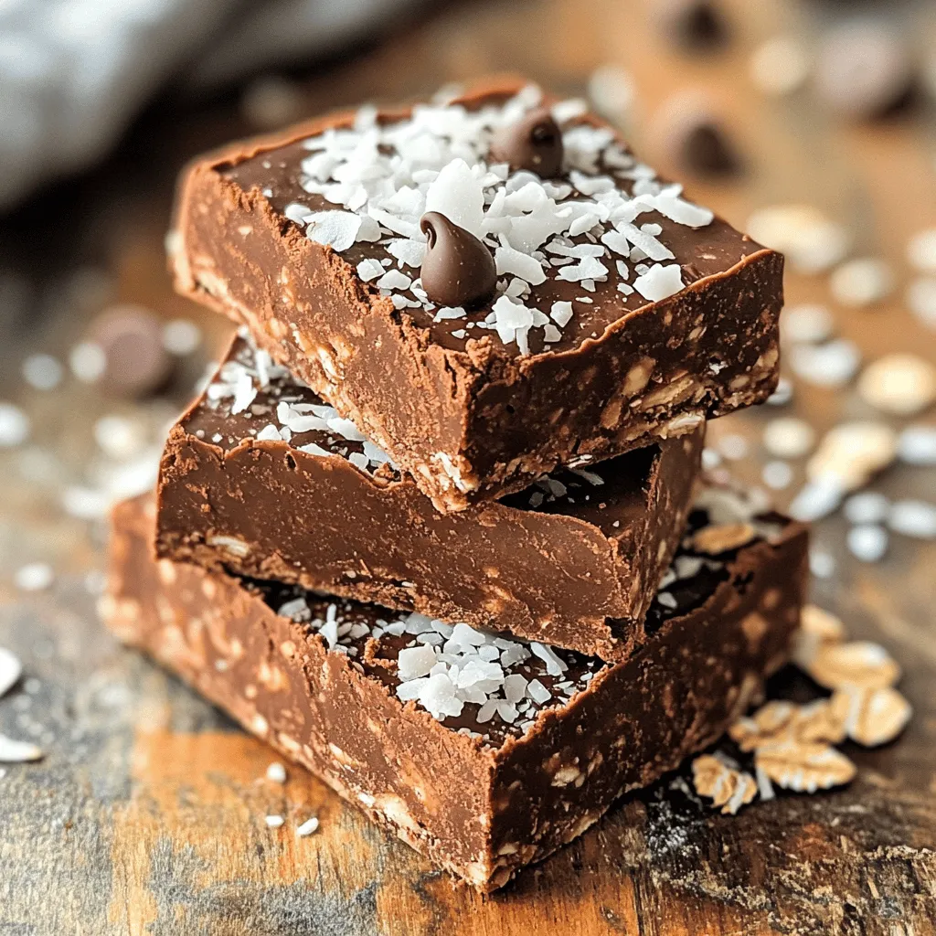 To make No-Bake Chocolate Coconut Energy Squares, gather these simple ingredients: - 1 cup rolled oats - 1/2 cup almond butter (or any nut butter of your choice) - 1/4 cup honey or maple syrup - 1/2 cup unsweetened cocoa powder - 1/2 cup shredded unsweetened coconut - 1/4 cup chia seeds - 1/4 teaspoon salt - 1 teaspoon vanilla extract - Optional: 1/4 cup mini chocolate chips These ingredients are easy to find. The oats provide fiber, while the nut butter offers healthy fats. You can swap ingredients based on your taste or what you have on hand. Here are some ideas: - Nut Butter: Use peanut butter, sunflower seed butter, or cashew butter if you prefer. - Sweetener: Maple syrup can replace honey. For a low-calorie option, try stevia or agave. - Cocoa Powder: If you want a different flavor, use carob powder instead. - Chia Seeds: Flax seeds work well too and add a nice crunch. - Shredded Coconut: You can skip it for a less coconutty flavor or use sweetened coconut for extra sweetness. - Chocolate Chips: You can leave them out or use dark chocolate chips for a richer taste. These swaps can help you make a personal version of this treat. Each square has nutritious benefits. Here’s a rough breakdown: - Calories: About 130 - Protein: 3g - Carbohydrates: 17g - Fat: 7g - Fiber: 3g - Sugar: 5g These squares pack a lot of energy in a small bite. They are great for a quick snack or a post-workout boost. Enjoy! Start by gathering your ingredients. You will need rolled oats, almond butter, honey, cocoa powder, coconut, chia seeds, salt, and vanilla. First, take a large mixing bowl. In it, combine the rolled oats, cocoa powder, shredded coconut, chia seeds, and salt. Mix these dry ingredients well. This step helps ensure even flavor and texture. In a separate bowl, blend the almond butter, honey, and vanilla extract until smooth. This mixture adds creaminess and sweetness. Once combined, pour this wet mixture into your dry ingredients. Use a spatula or your hands to mix everything together. Ensure all ingredients are well combined for the best taste. If you want a chocolatey twist, fold in mini chocolate chips. Mixing can be messy, but it's part of the fun! To make it easier, you can slightly warm your nut butter. This helps it mix better with the other ingredients. If the mixture feels too dry, add a little more honey or nut butter. Remember, the goal is a sticky mixture that holds together. Using your hands can be the best way to mix. It gives you a better feel for the texture. Just remember to wash your hands first! Next, prepare your baking dish. Line an 8x8 inch dish with parchment paper. Leave some paper hanging over the sides. This helps you lift out the squares later. Transfer your mixture into the lined dish. Press it down firmly with a spatula or your hands. Make sure it’s even across the top. Now, place the dish in the fridge for about 30 minutes. This chilling time allows the squares to set properly. Once set, gently lift the mixture out using the parchment paper. Cut it into squares or bars. Use a sharp knife for clean edges. Enjoy your delicious energy squares as a snack or dessert! When making no-bake chocolate coconut energy squares, some errors can ruin your fun. One common mistake is not measuring ingredients correctly. Use a dry measuring cup for oats and cocoa. Too much cocoa can make the squares too dry. Another mistake is not mixing well. You want a good blend of wet and dry ingredients. If it feels crumbly, add a bit more almond butter or honey. Lastly, don’t skip the chilling step. It helps the squares hold together. For perfect texture, focus on the balance of ingredients. The oats give chewiness, while almond butter adds creaminess. Chia seeds act as a binder, so don't skip them! If your mixture is too dry, add a bit more honey or almond butter. If it feels too wet, add more oats. When pressing the mixture into the dish, use firm pressure. This helps the squares stick together when set. After chilling, they should feel firm but still soft enough to bite into easily. You can boost the flavor in many ways. Adding a pinch of cinnamon can give warmth. For a tropical twist, try adding a bit of dried fruit, like mango or pineapple. You can also mix in different nuts or seeds for crunch. If you love chocolate, use dark chocolate chips instead of mini ones. Top with a sprinkle of sea salt to highlight the sweetness. Each change can make your energy squares taste unique and exciting! {{image_2}} You can easily swap ingredients to suit your diet. For a nut-free option, use sunflower seed butter instead of almond butter. This keeps the squares creamy without nuts. If you want to cut sugar, you can replace honey with ripe mashed bananas. Bananas add sweetness and moisture. You can also use agave syrup as a vegan alternative. These swaps keep the energy squares tasty and healthy. Get creative with flavors! Add a pinch of cinnamon or a dash of sea salt for a twist. You can mix in dried fruits like cranberries or raisins for extra sweetness. If you love spice, try a hint of cayenne pepper for warmth. For a coffee kick, add a tablespoon of instant coffee. Each combo brings a fun new taste to the squares. Seasonal ingredients can make your energy squares unique. In the fall, try adding pumpkin puree and pumpkin spice. This gives a cozy flavor that warms your heart. In winter, mix in crushed peppermint for a festive touch. In spring, consider adding chopped nuts like walnuts or pecans for a crunchy bite. Summer is perfect for fresh berries; just fold them in gently. These add-ins keep your snacks fresh and exciting all year! To keep your no-bake chocolate coconut energy squares fresh, store them in an airtight container. Make sure to place parchment paper between layers to prevent sticking. This method helps maintain their texture and taste. You can freeze these energy squares for later enjoyment. Cut them into squares first and wrap each piece in plastic wrap. Place the wrapped squares in a freezer-safe bag. When you're ready to eat them, thaw in the fridge for a few hours. These energy squares can last up to one week in the fridge. If frozen, they can stay good for three months. Just remember to check for any signs of spoilage before eating. Yes, you can make these energy squares vegan. Just swap honey for maple syrup. All other ingredients are plant-based. Use any nut butter you like. Almond butter is great, but peanut or sunflower butter works too. Enjoy knowing your treat is vegan-friendly! If you want a nut-free option, try sunflower seed butter. It gives a similar taste and texture. You can also use cashew butter or peanut butter. Each option brings a unique flavor. Pick what suits your taste best! These energy squares last about one week in the fridge. Keep them in an airtight container. If you want to store them longer, freeze them! They can last up to three months in the freezer. Just thaw when you're ready to enjoy! We explored the key ingredients for no-bake energy squares and offered useful tips. I shared ways to ensure perfect texture and flavor, plus helpful storage practices. You can swap ingredients easily and try tasty variations for a unique treat. Keep in mind the answers to common questions for your baking success. Enjoy making these squares that fit your needs and tastes. Your journey to delicious snacks starts now!