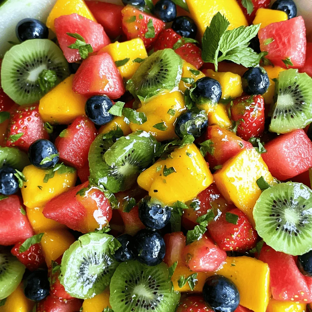 To make the Honey Lime Fruit Salad, you need a few fresh items. Here’s what you’ll need: - 2 cups watermelon, diced - 1 cup strawberries, sliced - 1 cup blueberries - 1 cup kiwi, peeled and sliced - 1 cup mango, diced - 3 tablespoons honey - 2 tablespoons fresh lime juice - Zest of 1 lime - Fresh mint leaves for garnish Each fruit brings its own flavor and texture. Watermelon adds juiciness, while strawberries give a sweet burst. Blueberries are small but mighty, offering a pop of color. Kiwi brings a unique tang, and mango adds a tropical flair. For the dressing, honey provides sweetness and lime juice adds a zesty kick. The lime zest enhances the citrus aroma, making it even more refreshing. Mint leaves are optional, but they add a nice touch of color and flavor. This simple list helps you create a bright and tasty dish. Gather these fresh ingredients and let’s get started on your fruit salad adventure! Start with fresh fruits. I love using watermelon, strawberries, blueberries, kiwi, and mango. Each fruit brings its own taste and color. - Dicing and slicing techniques: - For watermelon, slice it in half, then cut into triangles. - For strawberries, remove the green tops, then slice them into thin pieces. - Kiwi should be peeled, then sliced into circles or half-moons. - Dice the mango by cutting off the cheeks, then make small cubes. - Tips for uniform fruit sizes: - Aim for similar sizes so each bite is balanced. - Use a sharp knife for clean cuts. - Keep a cutting board steady to avoid slips. The dressing is key to this salad. It adds a sweet and tangy flavor. - Whisking tips for the perfect blend: - In a small bowl, add honey and fresh lime juice. - Use a whisk or fork to mix until smooth. - Make sure the honey dissolves completely. - How to adjust sweetness and acidity: - If you want it sweeter, add more honey. - If you prefer it tangy, add a bit more lime juice. - Taste as you go. Find the balance that suits you! Now, it’s time to bring everything together. - Techniques for gentle tossing: - Pour the dressing over the mixed fruits in a large bowl. - Use a large spoon to gently fold the fruits and dressing. - Be careful not to mash the fruits. - Importance of letting flavors meld: - After mixing, let the salad sit for about 10-15 minutes. - This time helps the fruits soak up the dressing. - You’ll notice the flavors become brighter and more refreshing. Choosing the right fruit makes this salad shine. Look for ripe and fresh fruits. Ripe fruits smell sweet and feel slightly soft. For watermelon, pick a heavy one with a dull spot. Strawberries should have a bright red color. Blueberries should be firm and plump. Kiwi should feel slightly soft when gently pressed. Mangoes should give a little when squeezed. Seasonal fruits add extra flavor. In summer, use peaches or cherries. In winter, try citrus fruits like oranges or grapefruit. Local farmer's markets often have the best picks. Serve your fruit salad in a clear bowl. It shows off the colorful fruits. You can also use mason jars for individual servings. This makes it fun and easy for guests. For a twist, layer the salad with yogurt. It adds creaminess and protein. Pair this salad with grilled chicken or fish. The sweet and sour flavors complement meats well. It's also great with a light dessert after dinner. Adjust the honey and lime mix to fit your taste. If you like it sweeter, add more honey. For a tangy kick, squeeze in more lime juice. You can also use agave syrup or maple syrup instead of honey. These alternatives work well too. If you prefer a creamy dressing, try adding Greek yogurt. Mix it with honey and lime for a unique taste. For a savory twist, add herbs like basil or cilantro. This creates a new flavor profile. {{image_2}} You can change the fruits in your salad for fun new flavors. Try tropical fruits like pineapple or papaya. They bring a sweet and juicy twist. You can also add passion fruit for a tangy touch. Berry mixes work great too. Use raspberries or blackberries for a burst of color. They add a lovely tartness that contrasts nicely with honey. You can even mix different berries for a vibrant look. If you want a creamy salad, try yogurt or whipped cream. These options add a rich texture that pairs well with fruit. Greek yogurt gives a nice tangy flavor. You can also add a bit of vanilla for more taste. For a savory twist, consider fresh herbs like mint or basil. Mix them into the honey-lime dressing for a unique flavor. This adds a refreshing herbal note that surprises your taste buds. Making the salad vegan is easy. Just swap honey for agave or maple syrup. These alternatives provide the same sweetness without animal products. If you want a low-sugar option, use less sweetener. You can also skip it altogether and let the fruit shine. Most fruits are sweet enough on their own. Adjusting the dressing gives you tasty choices for every diet. To keep your Honey Lime Fruit Salad fresh, you need to store it right. First, place the salad in a sealed container. This helps keep out air and moisture. Use a glass or plastic container with a tight lid. Make sure the container is clean before use. Store the fruit salad in the fridge right after making it. Cold temperatures slow down spoilage. Avoid leaving the salad at room temperature for long. It’s best to serve it chilled for the best taste. Your Honey Lime Fruit Salad can stay fresh for about three days in the fridge. After three days, the fruits may start to lose their texture and flavor. Always check for signs of spoilage. Look for: - A slimy texture on the fruits - Off smells - Discoloration If you see any of these signs, it's best to toss the salad. Enjoy your salad while it’s fresh for the best taste! Yes, you can make this salad ahead. I recommend preparing it no more than 1 day in advance. Store it in an airtight container in the fridge. This keeps the fruits fresh. However, if you leave it too long, fruits might get mushy. The honey-lime dressing can be made earlier too. Just mix it and store it separately. You can use many fruits in this salad. Try adding pineapple, grapes, or peaches. Slice up oranges for a citrus twist. Apples can add crunch, while bananas give a creamy touch. The key is to mix sweet and tart fruits. This makes the salad even more exciting and tasty. Yes, this salad is both gluten-free and vegan. All the fruits are naturally gluten-free. The honey adds sweetness but can be swapped with agave syrup for a vegan option. The lime juice is also vegan. You can enjoy this salad without worry about dietary restrictions. This blog post covered how to create a fresh fruit salad, from choosing ripe ingredients to preparing a zesty honey lime dressing. You learned tips for cutting fruit evenly and making the dressing just right. We shared serving ideas and many fun variations. Storing your salad properly maintains freshness, and knowing spoilage signs helps too. Finally, we answered common questions about prepping ahead and dietary needs. Enjoy making this colorful dish and let your creativity shine with each fresh bite!