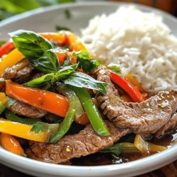 - 1 pound (450g) beef sirloin, thinly sliced - 1 cup fresh Thai basil leaves - 2-3 bird's eye chilies, finely sliced For this dish, beef sirloin is best. It cooks fast and stays tender. Fresh Thai basil gives a fragrant taste. Bird's eye chilies add heat. Adjust the number based on your spice level. - 2 tablespoons soy sauce - 1 tablespoon oyster sauce - 1 tablespoon fish sauce - 1 tablespoon sugar These sauces create a rich flavor. Soy sauce adds saltiness. Oyster sauce adds depth. Fish sauce gives umami. Sugar balances the salt and spice. - 1 bell pepper, sliced (red or green) - Cooked jasmine rice for serving Adding bell pepper gives crunch and color. Serve over jasmine rice for a filling meal. It soaks up the sauce, making every bite better. First, you need to marinate the beef. In a bowl, combine the sliced beef with 1 tablespoon of soy sauce and 1 tablespoon of fish sauce. This helps to add flavor. Let the beef marinate for about 15 minutes. This short wait makes a big difference in taste! Next, prepare the stir-fry sauce. In a small bowl, mix the remaining soy sauce, oyster sauce, fish sauce, and sugar together. This sauce adds depth to your dish. Set it aside for later use. Now, let’s cook! Heat 2 tablespoons of vegetable oil in a large skillet or wok over medium-high heat until it shimmers. This is the perfect time to sauté the aromatics. Add 4 cloves of minced garlic and 2-3 finely sliced bird's eye chilies to the pan. Stir-fry for about 30 seconds until you smell that fragrant garlic. Now it’s time to cook the beef. Increase the heat to high and add the marinated beef to the pan. Spread it out in a single layer. Let it sear without stirring for about 1-2 minutes. This browning step is key! After that, stir-fry for another 2-3 minutes until the beef is nearly cooked through. Next, add the sliced bell pepper. Pour in the stir-fry sauce you mixed earlier. Stir everything together. Cook for another 1-2 minutes until the peppers are tender and the beef is fully cooked. Finally, take the pan off the heat. Fold in 1 cup of fresh Thai basil leaves gently. Stir just until the basil wilts. Now your Better-Than-Takeout Thai Basil Beef is ready to serve! For the best texture, I recommend using beef sirloin. This cut is tender and cooks quickly. Slice it thinly against the grain. This helps keep the meat juicy and easy to chew. You can also try flank steak if you want a different flavor. Always choose high-quality beef for the best taste. Want more heat? Add extra bird's eye chilies. Slice them finely and mix them in. If you prefer less spice, use fewer chilies. You can also remove the seeds for a milder taste. Taste your dish as you cook to find the right balance for you. The key to a great stir-fry is high heat and quick cooking. Use a large skillet or wok for more space. Heat the oil until it shimmers, then add garlic and chilies. Cook them quickly to release their flavors. After that, add the beef in a single layer. Let it sear before stirring. This gives a nice char and great flavor. Keep the food moving in the pan to cook evenly. This technique keeps your beef tender and flavorful. {{image_2}} You can switch the beef with other proteins. Chicken works well in this dish. Just slice it thinly like the beef. Tofu is a great choice too. Use firm tofu and cube it. Both options will soak up the flavors just like beef does. Adding more veggies can boost nutrition and flavor. You might try carrots for crunch. Zucchini adds a nice texture too. Broccoli or snap peas can give a colorful touch. Feel free to mix and match. Just cut them into bite-sized pieces. This makes them easier to cook and eat. You can make this dish plant-based easily. Swap the beef for tofu or tempeh. Use soy sauce and a vegan oyster sauce. Skip the fish sauce, or use a plant-based version. This way, you keep all the great flavors without any meat. Serve it over jasmine rice, just like the original recipe. To keep your Thai basil beef fresh, use an airtight container. Glass or plastic containers work well. Store the leftovers in the fridge. They can last for three to four days. Be sure to cool the dish before sealing it. This helps avoid moisture buildup. When you reheat your Thai basil beef, the goal is to keep it tasty. The best method is to use a skillet. Add a splash of water or broth to avoid dryness. Heat on low to medium heat. Stir gently until warmed through. This method keeps the beef tender and the basil flavorful. If you want to freeze your Thai basil beef, start by cooling it completely. Place it in a freezer-safe bag or container. Remove as much air as possible to prevent freezer burn. It can be frozen for up to three months. To thaw, move it to the fridge overnight. Reheat gently in a skillet as described above. Thai basil has a distinct flavor profile. It is spicier and has a hint of anise. Regular basil is sweeter and milder. Thai basil's leaves are also darker and more pointed. This uniqueness makes it perfect for Thai dishes. Use Thai basil for an authentic taste in your cooking. Yes, you can make Thai Basil Beef ahead of time. Cook the beef and store it in the fridge for up to three days. When ready to eat, reheat it in a skillet. This keeps the flavors fresh and vibrant. Just be careful not to overcook it when reheating. While jasmine rice is great, you can serve Thai Basil Beef with other options. Try it with noodles like rice or egg noodles. You can also pair it with a side of steamed vegetables. For a light meal, serve it with a fresh salad. These alternatives add variety to your dining experience. In this post, we explored how to make Thai Basil Beef. We looked at key ingredients like beef sirloin, Thai basil, and sauces. I shared step-by-step cooking instructions and tips for perfecting the dish. We discussed variations for different diets and how to store leftovers. Thai Basil Beef is a simple dish filled with flavor. Try it with your favorite protein. Enjoy the fresh taste while cooking at high heat for a quick dinner. You’ll love sharing this dish with family and friends!