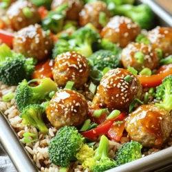 - 1 lb ground chicken (or turkey) - 1/2 cup breadcrumbs - 1/4 cup grated Parmesan cheese - 1 large egg - 3 cloves garlic, minced - 1 tablespoon ginger, minced - 1 tablespoon soy sauce - 1 teaspoon salt - 1/2 teaspoon black pepper - 1/4 cup honey - 3 tablespoons Sriracha (adjust to taste) For these meatballs, I love using ground chicken or turkey. They are lean and tender. The breadcrumbs and Parmesan cheese add flavor and help hold the meatballs together. The egg binds everything nicely. Garlic and ginger bring a fresh kick to the mix. Soy sauce adds umami, while salt and pepper season the meatballs well. The star ingredients are honey and Sriracha. Honey gives a sweet taste, and Sriracha adds warmth. You can adjust the Sriracha to make it spicier or milder based on your taste. - 2 cups broccoli florets - 1 red bell pepper, sliced - 1 tablespoon olive oil - 1 cup cooked brown rice (for serving) - Sesame seeds (for garnish) - Green onions, chopped (for garnish) I like to use broccoli florets and red bell pepper. They add color and crunch. The olive oil helps the veggies roast perfectly. Serving the meatballs over cooked brown rice makes the dish hearty. Garnishing with sesame seeds and green onions adds a lovely touch. - Alternative proteins (ground beef, pork, or plant-based) - Gluten-free breadcrumbs If you want to switch proteins, ground beef or pork works well. You can also use plant-based options. For gluten-free needs, substitute regular breadcrumbs with gluten-free ones. This way, everyone can enjoy these meatball bowls! - Preheat your oven to 400°F (200°C). - Line a large baking sheet with parchment paper. This helps with easy cleanup and keeps the meatballs from sticking. - In a big bowl, mix 1 lb of ground chicken with 1/2 cup of breadcrumbs, 1/4 cup of grated Parmesan cheese, and 1 large egg. - Add 3 cloves of minced garlic, 1 tablespoon of minced ginger, 1 tablespoon of soy sauce, 1 teaspoon of salt, and 1/2 teaspoon of black pepper. - Combine all the ingredients until they are just mixed. - Form the mixture into meatballs, each about 1 inch in size. Place these meatballs on the baking sheet. - In a small bowl, mix 1/4 cup of honey with 3 tablespoons of Sriracha. Stir until well combined. - Drizzle half of this sauce over the meatballs before baking. Save the other half for later. - Arrange 2 cups of broccoli florets and 1 sliced red bell pepper around the meatballs on the baking sheet. - Drizzle 1 tablespoon of olive oil over the veggies. Sprinkle a pinch of salt and pepper on top. - Bake in your preheated oven for 20-25 minutes. Check the meatballs to ensure they are cooked through and the veggies are tender. - Halfway through, toss the veggies gently for even cooking. - Once done, drizzle the remaining honey-Sriracha sauce over the meatballs before serving. This simple method makes meal prep easy and fun. Enjoy your tasty creation! To get juicy meatballs, I have a few tips. First, always mix your ingredients well but do not over-mix. Over-mixing can make meatballs tough. You want a nice balance of moisture and flavor. Adding breadcrumbs and cheese helps keep them moist. The egg acts as a binder, too. Marinating your meatballs can add great taste. I suggest using the honey-Sriracha sauce as a marinade. Just mix it up and let the meatballs sit for at least 30 minutes. You can also add spices like paprika or onion powder for extra flavor. Garlic and ginger are must-haves in this dish. They give a nice kick that pairs well with the honey and heat. To ensure even cooking, rotate your baking sheet halfway through. This helps all sides of the meatballs cook evenly. For checking doneness, use a meat thermometer. The center of each meatball should reach 165°F (74°C). If you don't have a thermometer, cut one open to check. The inside should be no longer pink. {{image_2}} You can switch up the main protein in this dish. Ground turkey or beef works great. You can also use plant-based options like lentils or chickpeas for a meatless meal. Each protein has its own flavor. Ground turkey is milder, while beef adds a rich taste. You might want to adjust spices based on the meat you choose. Feel free to add more veggies to your bowl! Carrots, snap peas, or zucchini make good choices. You can also switch veggies based on the season. Fresh asparagus in spring or sweet corn in summer can add nice touches. This makes the dish fun and colorful. If you want to try something new, swap the honey-Sriracha sauce for BBQ or teriyaki. Each sauce gives a different taste. For BBQ, you can add a bit of liquid smoke for depth. If you prefer less heat, use a milder sauce. Adjust the spice level to fit your taste buds. To keep your leftovers safe, let them cool first. Place the meatballs and veggies in airtight containers. I recommend using glass containers or BPA-free plastic ones. They help maintain freshness and flavor. You can freeze the meatballs and veggies for later use. I suggest placing them in a single layer on a baking sheet first. Once frozen, transfer them to freezer bags. This method prevents sticking. For reheating, thaw in the fridge overnight. Warm them in the oven or microwave until heated through. In the fridge, expect your meatball bowls to last about three to four days. If you freeze them, they can last up to three months. Always check for signs of spoilage. Look for off smells, changes in color, or a slimy texture. If you see these, it's best to toss them out. Yes, you can make meatballs ahead of time. First, mix the ground chicken, breadcrumbs, and other ingredients. Form the meatballs and place them on a baking sheet. Cover them tightly with plastic wrap or foil. You can store them in the fridge for up to 2 days. For longer storage, freeze them. Just lay them on a baking sheet to freeze first. Once solid, transfer to a zip-top bag. They can stay in the freezer for up to 3 months. These meatball bowls are great on their own, but some sides work well too. You can serve a fresh salad for a crisp touch. Steamed green beans or asparagus add color and nutrition. You can also try serving them with roasted sweet potatoes or quinoa for extra fiber. If you like crunch, add some tortilla chips on the side. The options are endless! To change the heat level, look at the Sriracha amount. If you want it mild, use just one tablespoon. For more heat, add more Sriracha. You can also mix in some red pepper flakes for a different flavor. Another option is to add a splash of vinegar for tang without too much heat. Taste as you go to find your perfect balance. Yes, you can easily make this dish gluten-free. Swap regular breadcrumbs with gluten-free breadcrumbs. Make sure the soy sauce is gluten-free as well. You can find tamari as a great substitute. If you want a lower-carb option, you can use almond flour instead of breadcrumbs. Enjoy your meal without worry! This blog post covered how to make tasty meatballs with honey-Sriracha sauce, using ground chicken or turkey. I shared tips on perfect cooking and variations to suit your taste. You can use different proteins or vegetables and swap sauces too. Remember, these meatballs can be made ahead, stored, or frozen for easy meals. Experiment with flavors and enjoy healthy, delicious dishes. Making these meatballs brings joy to cooking and sharing meals.