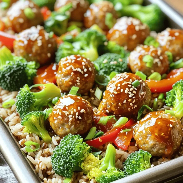 - 1 lb ground chicken (or turkey) - 1/2 cup breadcrumbs - 1/4 cup grated Parmesan cheese - 1 large egg - 3 cloves garlic, minced - 1 tablespoon ginger, minced - 1 tablespoon soy sauce - 1 teaspoon salt - 1/2 teaspoon black pepper - 1/4 cup honey - 3 tablespoons Sriracha (adjust to taste) For these meatballs, I love using ground chicken or turkey. They are lean and tender. The breadcrumbs and Parmesan cheese add flavor and help hold the meatballs together. The egg binds everything nicely. Garlic and ginger bring a fresh kick to the mix. Soy sauce adds umami, while salt and pepper season the meatballs well. The star ingredients are honey and Sriracha. Honey gives a sweet taste, and Sriracha adds warmth. You can adjust the Sriracha to make it spicier or milder based on your taste. - 2 cups broccoli florets - 1 red bell pepper, sliced - 1 tablespoon olive oil - 1 cup cooked brown rice (for serving) - Sesame seeds (for garnish) - Green onions, chopped (for garnish) I like to use broccoli florets and red bell pepper. They add color and crunch. The olive oil helps the veggies roast perfectly. Serving the meatballs over cooked brown rice makes the dish hearty. Garnishing with sesame seeds and green onions adds a lovely touch. - Alternative proteins (ground beef, pork, or plant-based) - Gluten-free breadcrumbs If you want to switch proteins, ground beef or pork works well. You can also use plant-based options. For gluten-free needs, substitute regular breadcrumbs with gluten-free ones. This way, everyone can enjoy these meatball bowls! - Preheat your oven to 400°F (200°C). - Line a large baking sheet with parchment paper. This helps with easy cleanup and keeps the meatballs from sticking. - In a big bowl, mix 1 lb of ground chicken with 1/2 cup of breadcrumbs, 1/4 cup of grated Parmesan cheese, and 1 large egg. - Add 3 cloves of minced garlic, 1 tablespoon of minced ginger, 1 tablespoon of soy sauce, 1 teaspoon of salt, and 1/2 teaspoon of black pepper. - Combine all the ingredients until they are just mixed. - Form the mixture into meatballs, each about 1 inch in size. Place these meatballs on the baking sheet. - In a small bowl, mix 1/4 cup of honey with 3 tablespoons of Sriracha. Stir until well combined. - Drizzle half of this sauce over the meatballs before baking. Save the other half for later. - Arrange 2 cups of broccoli florets and 1 sliced red bell pepper around the meatballs on the baking sheet. - Drizzle 1 tablespoon of olive oil over the veggies. Sprinkle a pinch of salt and pepper on top. - Bake in your preheated oven for 20-25 minutes. Check the meatballs to ensure they are cooked through and the veggies are tender. - Halfway through, toss the veggies gently for even cooking. - Once done, drizzle the remaining honey-Sriracha sauce over the meatballs before serving. This simple method makes meal prep easy and fun. Enjoy your tasty creation! To get juicy meatballs, I have a few tips. First, always mix your ingredients well but do not over-mix. Over-mixing can make meatballs tough. You want a nice balance of moisture and flavor. Adding breadcrumbs and cheese helps keep them moist. The egg acts as a binder, too. Marinating your meatballs can add great taste. I suggest using the honey-Sriracha sauce as a marinade. Just mix it up and let the meatballs sit for at least 30 minutes. You can also add spices like paprika or onion powder for extra flavor. Garlic and ginger are must-haves in this dish. They give a nice kick that pairs well with the honey and heat. To ensure even cooking, rotate your baking sheet halfway through. This helps all sides of the meatballs cook evenly. For checking doneness, use a meat thermometer. The center of each meatball should reach 165°F (74°C). If you don't have a thermometer, cut one open to check. The inside should be no longer pink. {{image_2}} You can switch up the main protein in this dish. Ground turkey or beef works great. You can also use plant-based options like lentils or chickpeas for a meatless meal. Each protein has its own flavor. Ground turkey is milder, while beef adds a rich taste. You might want to adjust spices based on the meat you choose. Feel free to add more veggies to your bowl! Carrots, snap peas, or zucchini make good choices. You can also switch veggies based on the season. Fresh asparagus in spring or sweet corn in summer can add nice touches. This makes the dish fun and colorful. If you want to try something new, swap the honey-Sriracha sauce for BBQ or teriyaki. Each sauce gives a different taste. For BBQ, you can add a bit of liquid smoke for depth. If you prefer less heat, use a milder sauce. Adjust the spice level to fit your taste buds. To keep your leftovers safe, let them cool first. Place the meatballs and veggies in airtight containers. I recommend using glass containers or BPA-free plastic ones. They help maintain freshness and flavor. You can freeze the meatballs and veggies for later use. I suggest placing them in a single layer on a baking sheet first. Once frozen, transfer them to freezer bags. This method prevents sticking. For reheating, thaw in the fridge overnight. Warm them in the oven or microwave until heated through. In the fridge, expect your meatball bowls to last about three to four days. If you freeze them, they can last up to three months. Always check for signs of spoilage. Look for off smells, changes in color, or a slimy texture. If you see these, it's best to toss them out. Yes, you can make meatballs ahead of time. First, mix the ground chicken, breadcrumbs, and other ingredients. Form the meatballs and place them on a baking sheet. Cover them tightly with plastic wrap or foil. You can store them in the fridge for up to 2 days. For longer storage, freeze them. Just lay them on a baking sheet to freeze first. Once solid, transfer to a zip-top bag. They can stay in the freezer for up to 3 months. These meatball bowls are great on their own, but some sides work well too. You can serve a fresh salad for a crisp touch. Steamed green beans or asparagus add color and nutrition. You can also try serving them with roasted sweet potatoes or quinoa for extra fiber. If you like crunch, add some tortilla chips on the side. The options are endless! To change the heat level, look at the Sriracha amount. If you want it mild, use just one tablespoon. For more heat, add more Sriracha. You can also mix in some red pepper flakes for a different flavor. Another option is to add a splash of vinegar for tang without too much heat. Taste as you go to find your perfect balance. Yes, you can easily make this dish gluten-free. Swap regular breadcrumbs with gluten-free breadcrumbs. Make sure the soy sauce is gluten-free as well. You can find tamari as a great substitute. If you want a lower-carb option, you can use almond flour instead of breadcrumbs. Enjoy your meal without worry! This blog post covered how to make tasty meatballs with honey-Sriracha sauce, using ground chicken or turkey. I shared tips on perfect cooking and variations to suit your taste. You can use different proteins or vegetables and swap sauces too. Remember, these meatballs can be made ahead, stored, or frozen for easy meals. Experiment with flavors and enjoy healthy, delicious dishes. Making these meatballs brings joy to cooking and sharing meals.