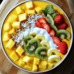 - 2 ripe mangos, peeled and diced - 1 banana, sliced - 1/2 cup coconut milk (or any milk of choice) - 1/4 cup Greek yogurt (or dairy-free alternative) These main ingredients create a smooth and creamy base for your bowl. Ripe mangos add sweetness and flavor. The banana gives it a nice texture. Coconut milk adds richness, while Greek yogurt boosts protein. - 1 tablespoon honey or maple syrup - 1 tablespoon chia seeds You can sweeten your smoothie with honey or maple syrup. Chia seeds are a great choice for more nutrition. They also add a slight crunch. - Sliced fruits (kiwi, strawberries, pineapples) - Granola - Shredded coconut - Fresh mint leaves Toppings make your bowl look fun and colorful. Sliced fruits add freshness and flavor. Granola gives crunch, while shredded coconut adds a tropical touch. Fresh mint leaves brighten the dish and enhance the aroma. - Start by peeling and dicing 2 ripe mangos. - Slice 1 banana into small pieces. - Measure 1/2 cup of coconut milk. - Scoop 1/4 cup of Greek yogurt into a bowl. - Add the diced mango, banana, coconut milk, and Greek yogurt into a blender. - Blend until the mix is smooth and creamy. - If the blend is too thick, add a bit more coconut milk. - Taste it! If you want it sweeter, add 1 tablespoon of honey or maple syrup. - Blend briefly to mix in the sweetener. - Pour the smoothie into a bowl. - Sprinkle 1 tablespoon of chia seeds on top. - Artfully arrange your favorite sliced fruits, granola, and shredded coconut. - Finish with fresh mint leaves for a pop of color. To get the right thickness, adjust with coconut milk. Start with half a cup. If it's too thick, add more milk. Blend until smooth. Use a high-speed blender for best results. Make sure there are no chunks left. For sweetness, consider honey or maple syrup. Add one tablespoon if you like it sweeter. Taste your smoothie before serving. Balance your flavors with toppings. Fresh fruits and granola add great taste. Make your bowl look nice with creative plating. Use a wide bowl for a better display. Arrange your toppings in a colorful way. Sliced kiwi, strawberries, and pineapples create a bright look. A sprinkle of shredded coconut adds charm. Finish with fresh mint leaves for color and flavor. {{image_2}} You can easily swap ingredients in this smoothie bowl. For a dairy-free option, use coconut yogurt instead of Greek yogurt. Almond or soy milk works well too. You can also mix up the fruits. Try using fresh pineapple, berries, or even mangoes with peaches. Each swap changes the taste and keeps it fun! Toppings add crunch and flavor. Nut butters like almond or peanut bring rich taste and protein. You can also sprinkle seeds like pumpkin or sunflower for extra nutrition. Nuts like walnuts or pecans add healthy fats and a bit of crunch. Get creative with your toppings! Want to spice things up? Add a pinch of cinnamon or a drop of vanilla to the blender. These little touches give your smoothie bowl a warm, inviting flavor. You can also incorporate superfoods like spirulina or acai powder. They boost nutrition and give a vibrant color. Enjoy experimenting with flavors! To keep your leftover smoothie bowl, pour it into a sealed container. Store it in the fridge. It will stay fresh for up to two days. When you're ready to eat, give it a good stir. If it thickens, add a splash of coconut milk. For toppings, keep them in separate bags or containers. This keeps them fresh and crunchy. Sliced fruits can brown quickly, so add them just before you eat. Granola and shredded coconut should also be stored in airtight containers. You can freeze your smoothie bowl for later. Pour the mixture into a freezer-safe container. Leave some space at the top for expansion. Seal it tightly to avoid freezer burn. It can last up to three months in the freezer. To defrost, move it to the fridge overnight. For a quicker method, place it in cold water for about an hour. When ready, blend it again to restore the creamy texture before serving. To keep the flavor fresh, avoid mixing in toppings until you serve. Store ingredients separately to maintain their taste. Always check for any spoilage before using ingredients. If fruits look brown or mushy, it's best to toss them. Proper storage helps you enjoy your tropical mango smoothie bowl at its best! You can use plain yogurt or dairy-free yogurt. Coconut yogurt works well for a tropical taste. Silken tofu also makes a great creamy base. Just blend it until smooth. Yes, frozen mango works great! It adds a nice chill to your smoothie bowl. Just make sure to let it thaw a bit before blending. This helps your blender mix everything smoothly. A smoothie bowl lasts about 1 day in the fridge. Store it in an airtight container. The toppings might get soggy, so it’s best to add them fresh. You can make it vegan! Simply replace Greek yogurt with a dairy-free yogurt. Use maple syrup instead of honey for sweetness. This way, you keep it plant-based and delicious. You can prepare the smoothie part ahead of time. Blend and store it in the fridge. Add toppings right before eating for the best taste and texture. This article showed you how to make a delicious smoothie bowl. You learned about key ingredients like ripe mangos and coconut milk. I shared tips for perfecting texture and flavor, plus cool ways to present your bowl. You can even swap ingredients to match your taste! Remember, making a smoothie bowl is fun and simple. Enjoy trying your own twists and make it your own. Happy blending!