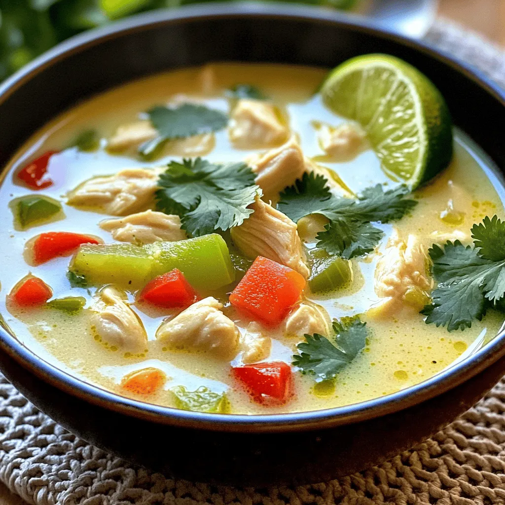 To start your Coconut Lime Chicken Soup, gather these key items: - 2 boneless, skinless chicken breasts, diced - 1 can (14 oz) coconut milk - 4 cups chicken broth - 1 tablespoon olive oil Next, add some flavor with these ingredients: - 1 medium onion, diced - 3 cloves garlic, minced - 1 red bell pepper, diced - 1 green bell pepper, diced - 1 tablespoon fresh ginger, grated Finally, season and garnish your soup with these items: - 2-3 tablespoons lime juice (to taste) - 1 tablespoon fish sauce (optional) - 1 teaspoon ground coriander - 1 teaspoon cumin - 1-2 red chilies, sliced - Salt and pepper to taste - Fresh cilantro, for garnish - Lime wedges, for serving With these ingredients, you can make a tasty and flavorful Coconut Lime Chicken Soup. Each element plays a role in building a warm, comforting bowl. The chicken adds protein, while the coconut milk brings creaminess. The fresh veggies and spices create a vibrant taste. The lime juice gives a zesty kick that brightens the dish. Each bite feels fresh and satisfying, perfect for any meal. - First, heat 1 tablespoon of olive oil in a large pot over medium heat. - Next, add the diced onion. Sauté until the onion turns translucent, about 5 minutes. - After the onion is ready, stir in 3 cloves of minced garlic and 1 tablespoon of grated ginger. Cook for 1 more minute until fragrant. - Now, add 2 diced chicken breasts to the pot. Sauté until the chicken is no longer pink, which takes about 5 to 7 minutes. - Once the chicken is cooked, add 1 diced red bell pepper and 1 diced green bell pepper. Continue to sauté for another 3 to 4 minutes until the peppers soften. - Pour in 1 can of coconut milk and 4 cups of chicken broth. Stir well to combine everything. - Then, add 1 teaspoon of ground coriander, 1 teaspoon of cumin, and 1 to 2 sliced red chilies. - Bring the soup to a gentle boil. Reduce the heat and let it simmer for about 15 to 20 minutes. - To finish, stir in 2 to 3 tablespoons of lime juice and 1 tablespoon of fish sauce if you choose to use it. - Season the soup with salt and pepper to taste. - Remove the pot from heat and let it cool slightly before serving. - Adjust lime juice for acidity. Start with two tablespoons. Taste, then add more if needed. - Use fresh herbs for better flavor. Cilantro adds a fresh zing. - Ensure chicken is fully cooked. Check that it turns white inside. This keeps the soup safe. - Avoid boiling coconut milk too hard. It can split and ruin the creamy texture. - Serve with lime wedges and cilantro garnish. This adds color and freshness to your dish. - Suggest complementary side dishes. Rice or crusty bread pairs well with the soup. {{image_2}} You can switch out the chicken for shrimp or tofu. Shrimp cooks fast and adds a nice flavor. Tofu works great if you want a plant-based option. Just make sure to sauté it well. You can also change up the veggies. Use what you have at home. Carrots, zucchini, or snap peas are good choices. They add color and crunch. Do you want more heat? Add more red chilies. If you prefer less spice, use fewer chilies. You can also add milder chili types, like poblano or Anaheim. These give flavor without too much heat. If you want a kick, try a dash of hot sauce at the end. For a vegan version, use vegetable broth instead of chicken broth. Replace chicken with chickpeas or lentils. This keeps it hearty and filling. You can also use low-sodium chicken broth for a healthier soup. This is great if you watch your salt intake. Adjust lime juice to brighten flavors without adding too much salt. The soup lasts about 3 to 4 days in the fridge. Store it in an airtight container to keep it fresh. Glass containers work well, as they do not absorb odors. You can also use plastic containers, but make sure they are BPA-free. To freeze the soup, let it cool completely first. Pour it into freezer-safe bags or containers. Leave some space at the top for expansion. It can last up to 3 months in the freezer. When you're ready to eat, thaw it overnight in the fridge. Reheat on the stove over low heat. Stir often to keep it smooth. To maintain flavor and texture, avoid freezing the soup with fresh cilantro or lime juice. Add these just before serving. Prepping ingredients in advance saves time. Chop the onions, bell peppers, and garlic the night before. Store them in separate bags in the fridge. This makes cooking quick and easy. Serve this soup with jasmine rice or crusty bread. A light salad pairs well, too. Enjoy your meal with some lime wedges on the side for extra zing! You can use vegetable broth as a great alternative. Homemade broth is another option. Both will add flavor and keep the soup tasty. If you prefer, you can also use water, but it may lack depth. Yes, you can prepare this soup ahead of time. It tastes even better the next day! Store it in the fridge for up to three days. Just reheat it on the stove before serving. For longer storage, freeze it in an airtight container. It will last for about three months in the freezer. The soup can be adjusted to your taste. If you like it spicy, use more red chilies. For less heat, remove the seeds from the chilies. You can also skip them entirely. The lime juice and coconut milk will still give it a nice flavor. To make the soup healthier, use leaner chicken breast. You can also add more veggies like spinach or carrots. This boosts the nutrition without changing the great taste. Another tip is to reduce the amount of coconut milk for fewer calories. In this post, we explored the key ingredients needed for a delicious Coconut Lime Chicken Soup. From chicken to fresh herbs, every element plays a role in great flavor. I shared step-by-step instructions to guide you through cooking it perfectly. Remember to adjust flavors based on your taste. Try substituting proteins or veggies to mix things up. With the right tips, you can avoid common mistakes and store leftovers properly. Enjoy your cooking journey, and create a dish your family will love!
