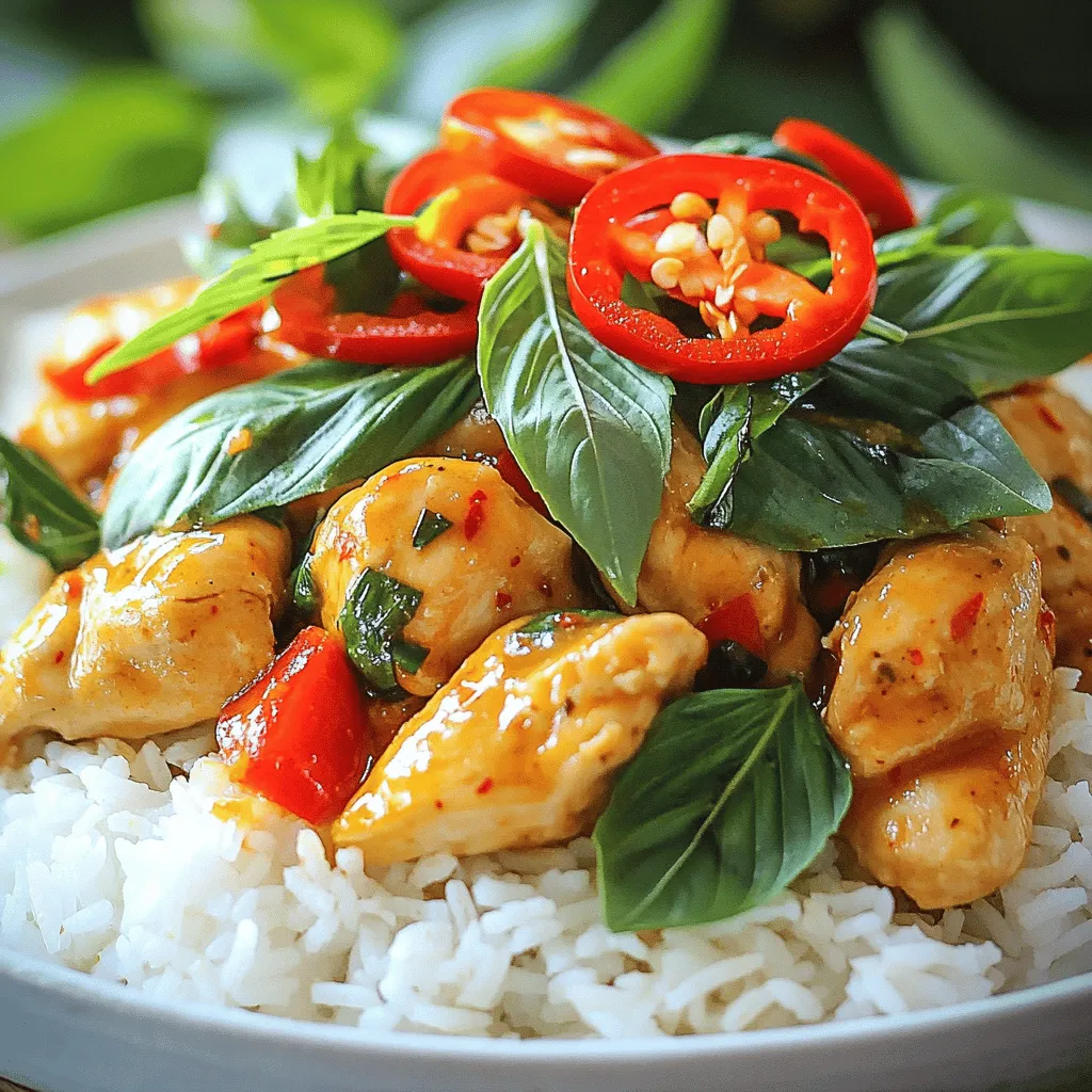- 1 lb boneless skinless chicken thighs, thinly sliced - 2 tablespoons vegetable oil - 4 cloves garlic, minced - 2-3 Thai bird's eye chilies, sliced (adjust to taste) - 1 red bell pepper, sliced - 1 cup fresh Thai basil leaves - 2 tablespoons soy sauce - 1 tablespoon oyster sauce (or mushroom sauce for a vegetarian option) - 1 teaspoon sugar - 1/2 teaspoon black pepper - Cooked jasmine rice, for serving For this dish, I love using chicken thighs. They are juicy and full of flavor. The Thai bird’s eye chilies give it a nice kick. You can adjust the number based on your spice level. Fresh Thai basil adds a unique taste that makes this dish special. - Vegetarian option: Use mushrooms or tofu instead of chicken. - Low-sodium alternatives: Opt for low-sodium soy sauce to cut back on salt. If you want a vegetarian meal, swap chicken for mushrooms or tofu. They soak up flavors well. For a lighter option, low-sodium soy sauce works great. It keeps the dish healthy without losing taste. - Fresh basil selection: Choose bright green leaves with no brown spots. - Ensuring chicken tenderness: Marinate chicken in soy sauce for 15 minutes. When picking basil, look for fresh, bright green leaves. Avoid any that look wilted. To keep chicken tender, marinate it in soy sauce. Just 15 minutes does the trick. This step makes the chicken taste even better! To start, gather your ingredients. Here’s what you need: - 1 lb boneless skinless chicken thighs, thinly sliced - 2 tablespoons vegetable oil - 4 cloves garlic, minced - 2-3 Thai bird's eye chilies, sliced (adjust to taste) - 1 red bell pepper, sliced - 1 cup fresh Thai basil leaves - 2 tablespoons soy sauce - 1 tablespoon oyster sauce - 1 teaspoon sugar - 1/2 teaspoon black pepper - Cooked jasmine rice, for serving Next, slice the chicken into thin strips. This helps it cook fast and evenly. Then, cut the red bell pepper into thin slices. If you love spice, slice the chilies too. Now, measure the sauces. Mix the soy sauce, oyster sauce, sugar, and black pepper in a small bowl. This mix adds a rich taste to your dish. Heat the vegetable oil in a large skillet or wok over medium-high heat. When the oil is hot, add the minced garlic and sliced chilies. Stir-fry for about 30 seconds. This makes the kitchen smell amazing! Next, raise the heat to high. Add in the sliced chicken thighs. Cook for about 5 to 7 minutes, stirring often. You want the chicken to be cooked through and slightly caramelized. Add the sliced red bell pepper next. Cook for 2 to 3 minutes until the peppers are tender but still crisp. High heat helps to keep the veggies bright and crunchy. Pour the sauce mix over the chicken and peppers. Stir well to coat everything. This brings all the flavors together. Once everything is mixed, remove the skillet from heat. Gently fold in the fresh Thai basil leaves. They will wilt quickly, adding a fresh taste to your dish. For serving, spoon the chicken mixture over cooked jasmine rice. Make it look nice by adding extra Thai basil leaves on top. You can also add some slices of fresh chili for a pop of color. Enjoy your meal! To get tender chicken, cook it at high heat. This way, it cooks fast and stays juicy. Stir frequently to avoid sticking. If you cook it too long, it can dry out. For spice lovers, add more bird's eye chilies. Start with two or three and taste. You can always add more, but it's hard to take it out! Serve your spicy Thai basil chicken over jasmine rice. The rice soaks up all the tasty sauce. This makes each bite amazing. For extra color and taste, add a side of steamed vegetables. Broccoli or green beans work great. They balance the heat and add crunch. Avoid overcrowding the pan when you cook. If you add too much chicken, it won't brown well. Instead, cook in batches if needed. Also, make sure to season your dish well. Don't skip the soy sauce or oyster sauce. These bring out the flavors you want. {{image_2}} You can easily change this dish to fit your taste. One way is by adding vegetables. Try tossing in green beans, zucchini, or snap peas. These veggies bring extra color and crunch to your meal. You can also use different proteins. If you want a lighter option, try shrimp or tofu. Both cook fast and soak up the sauce well. Chicken is classic, but don't be afraid to explore! Different regions in Thailand use various sauces for this dish. Some might add fish sauce for a stronger flavor. Others might prefer a sweeter soy sauce. You can also adapt recipes to include local ingredients, making it uniquely yours. Don’t be shy about experimenting with flavors. Adding a touch of lime juice or tamarind can create a fresh twist. If you like heat, keep the bird's eye chilies. For a milder dish, use fewer chilies or substitute with bell peppers. You can also remove the seeds from the chilies to lower the spice level. Balancing flavors is key. If it's too spicy, add a little sugar or more veggies. This will help calm the heat while keeping the dish tasty. Adjusting the spice lets everyone enjoy this dish, no matter their taste! Store your leftovers in an airtight container. Place them in the fridge within two hours of cooking. This keeps the chicken fresh. Consume the chicken within three days for the best taste. For longer storage, freeze it. Divide the chicken into portions. Wrap each portion tightly in plastic wrap, then place it in a freezer bag. This prevents freezer burn and helps maintain flavor. To reheat, use a skillet over low heat. Add a splash of water or broth to keep it moist. Heat until warm, stirring often. Avoid the microwave, as it can make the chicken dry. You can also use an oven. Preheat it to 350°F (175°C). Place the chicken in an oven-safe dish and cover it with foil. Heat for about 10-15 minutes. In the fridge, Spicy Thai Basil Chicken lasts about three days. If you freeze it, it can last up to three months. Just remember to label your containers with the date. This helps you track how long it has been stored. Always check for any signs of spoilage before eating. Enjoy your spicy leftovers safely! Spicy Thai Basil Chicken is a popular Thai dish. It features tender chicken, fresh basil, and a spicy sauce. This dish hails from Thailand, where people love bold flavors. It uses Thai bird's eye chilies, giving it a kick. The mix of sweet, salty, and spicy makes every bite exciting. You can serve it over jasmine rice for a complete meal. Yes, you can make Spicy Thai Basil Chicken gluten-free. To do this, choose gluten-free soy sauce. You can find many brands at grocery stores. Also, look for oyster sauce made without wheat. This way, you can enjoy the same great taste without gluten. The spice level in this recipe is adjustable. It uses Thai bird's eye chilies, which are hot. If you prefer less heat, add fewer chilies. You can remove the seeds to lower the spice too. For those who love spice, feel free to add more chilies. Taste as you cook to find your perfect level. Spicy Thai Basil Chicken pairs well with jasmine rice. The rice balances the heat and adds texture. You can also serve it with steamed veggies like broccoli or snap peas. A fresh cucumber salad can add a cool crunch. These sides complement the dish and create a colorful plate. This article covered everything about Spicy Thai Basil Chicken. We looked at main ingredients, substitutions, and tips for quality. You learned the step-by-step cooking process, along with serving ideas. I shared common mistakes to avoid and popular variations of the dish. Now you can make this tasty meal at home. Enjoy experimenting with flavors and adapting recipes to fit your taste. Happy cooking!