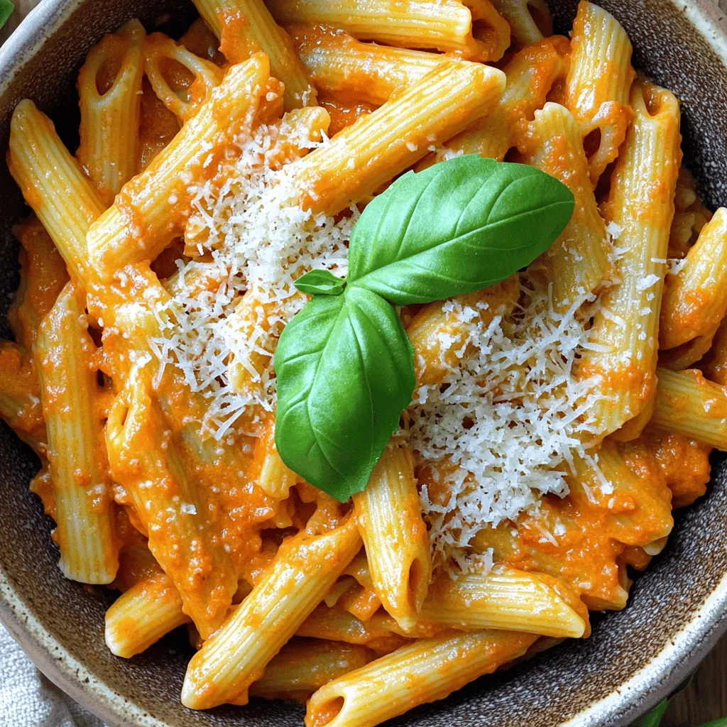 - 8 oz pasta of choice (penne or fettuccine recommended) - 2 large red bell peppers, roasted (or jarred roasted red peppers) - 1 cup heavy cream - 2 tablespoons olive oil - 3 cloves garlic, minced - 1 teaspoon dried Italian herbs (basil, oregano, thyme) - ½ cup grated Parmesan cheese - Salt and pepper to taste - Fresh basil leaves for garnish The main star here is the roasted red pepper. These peppers add a sweet and smoky flavor. You can use fresh peppers or jarred ones. Fresh peppers give a better taste, while jarred ones save time. Heavy cream makes the sauce rich and smooth. Parmesan cheese adds a salty, nutty flavor. Garlic packs a punch, giving the dish depth. Dried Italian herbs bring a classic taste, mixing basil, oregano, and thyme. I recommend using fresh red peppers when you can. They offer bright flavor and texture. Roasting them at home is simple and fun. You just need to roast them until the skin is charred. This process creates a deeper taste. If you’re short on time, jarred roasted peppers are a great shortcut. They are already cooked and ready to use. Just drain them well before adding to your sauce. Either way, you will enjoy a creamy, delicious meal! To roast the peppers, begin by preheating your oven to 450°F (230°C). Take two large red bell peppers and cut them in half. Remove all the seeds. Place them skin-side up on a baking sheet. Roast for 20 to 25 minutes until the skins blacken. After roasting, let them cool for a bit. Once they are cool, peel off the charred skin. Finally, chop the roasted peppers into small pieces. You can also use jarred roasted red peppers if you want to save time. While the peppers roast, bring a large pot of water to a boil. Make sure to salt the water well. Add 8 oz of pasta, like penne or fettuccine, and cook it until it’s al dente. This usually takes about 8 to 10 minutes. Remember to check the package for exact times. Before draining, reserve ½ cup of the pasta water. This starchy water helps to thicken the sauce later. Drain the pasta and set it aside. Now, it’s time to make the sauce. In a blender or food processor, add the roasted red peppers, 3 cloves of minced garlic, 1 cup of heavy cream, and 1 teaspoon of dried Italian herbs. Blend everything together until it’s smooth and creamy. Next, heat 2 tablespoons of olive oil in a large skillet over medium heat. Pour in the blended sauce and let it simmer for about 5 minutes. If you find the sauce too thick, add some of that reserved pasta water until it reaches your desired thickness. To get the best sauce, blend the roasted peppers well. If your sauce is too thick, add reserved pasta water. Start with a little and mix it in. Keep adding until you reach the right creaminess. A smooth sauce coats the pasta nicely. Always use a large pot with plenty of water. This helps the pasta cook evenly. Add a good amount of salt to the water; it makes the pasta taste better. Stir the pasta during cooking to prevent it from sticking. Test for doneness a minute before the package time. You want it al dente, meaning firm but not hard. You can boost the flavor in many ways. Try adding red pepper flakes for heat. Fresh herbs, like parsley or chives, can brighten the dish. A squeeze of lemon juice adds a nice zing. Taste the sauce as you go. Adjust the salt and pepper to fit your liking. {{image_2}} You can use different pasta shapes for this dish. Penne and fettuccine work well, but feel free to try others. Bowtie or rotini add fun shapes to your meal. Whole wheat pasta adds a nutty flavor and more fiber. Gluten-free pasta is also a great choice for those with dietary needs. Adding protein makes this dish heartier. Grilled chicken pairs well with the creamy sauce. Simply slice cooked chicken and toss it in. Shrimp adds a nice touch too. Just sauté shrimp in olive oil until pink, then mix it in. For a cozy meal, try adding cooked sausage or even crispy bacon bits for a smoky flavor. You can easily make this dish vegan. Swap the heavy cream for coconut cream or a plant-based cream. Nutritional yeast can replace Parmesan for a cheesy flavor. Use your favorite vegan pasta to keep it dairy-free. You can also add sautéed mushrooms or spinach for extra nutrients and flavor. To store leftovers, let the pasta cool first. Place it in an airtight container. Make sure to cover it tightly. This keeps the pasta fresh. You can store it in the fridge for up to three days. If you have extra sauce, keep it in a separate container. This way, the pasta stays moist. When you're ready to eat, reheat the pasta on the stove. Add a splash of water or cream to help it heat evenly. Stir it often to avoid sticking. You can also use the microwave. Place the pasta in a microwave-safe bowl. Cover it loosely and heat in short bursts. Stir in between bursts until it's hot. If you want to freeze the pasta, it's best to freeze it without the sauce. Cook the pasta, then cool it. Place the pasta in a freezer bag and remove air. Seal it tightly. You can freeze it for up to two months. To reheat, thaw it in the fridge overnight. Then, cook the sauce fresh and mix them together. This keeps the flavors bright and tasty. I recommend using penne or fettuccine for this dish. Penne holds the sauce well in its tubes. Fettuccine, being flat, gives a nice creamy bite. Both options work great with the smooth sauce. Yes, you can prepare this pasta ahead of time. You can roast the peppers and make the sauce in advance. Store the sauce in the fridge for up to two days. Just cook the pasta fresh before serving. This keeps the pasta from getting soggy. To add heat, try adding red pepper flakes when cooking the sauce. You can also mix in chopped jalapeños or hot sauce. Adjust the amount to your spice level. This will give the dish a nice kick! This blog post explained making creamy roasted red pepper pasta. We covered key ingredients, step-by-step cooking, and tips for best results. You learned to adjust flavors and storage options for leftovers. Consider trying different pasta or adding proteins to mix it up. Cooking should be fun and flexible, so don’t hesitate to experiment. Enjoy your creamy pasta dish, and share your success with others!