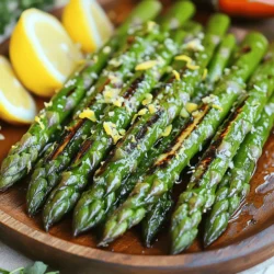 - 1 pound fresh asparagus, trimmed - 3 tablespoons olive oil - 2 cloves garlic, minced - Zest of 1 lemon - 2 tablespoons fresh lemon juice - 1 teaspoon dried oregano - 1 teaspoon dried thyme - Salt and pepper to taste - Grated Parmesan cheese for garnish (optional) The star of this dish is the fresh asparagus. Look for bright green spears with tight tips. The olive oil adds richness, while garlic brings a strong flavor. Lemon zest and juice give the dish a bright, fresh taste. Oregano and thyme add depth, making it very aromatic. Don’t forget to season with salt and pepper. You can add grated Parmesan cheese on top for a savory finish. This simple mix creates a vibrant and fresh dish that is perfect for any meal. Start by heating your grill to medium-high heat. This helps the asparagus cook evenly. A hot grill gives great grill marks and a nice char. In a large bowl, mix together the olive oil, minced garlic, lemon zest, lemon juice, oregano, thyme, salt, and pepper. This mix adds a bright and fresh flavor. Make sure to blend it well. The oil will help the herbs stick to the asparagus. Take the trimmed asparagus and add it to the bowl with the marinade. Toss them gently to coat each piece well. Let them sit for about 10 minutes. This time allows the asparagus to soak up all the tasty flavors. Once the grill is hot, place the marinated asparagus directly on the grill grates. Grill them for about 5 to 7 minutes. Turn them occasionally. They are done when they are tender and have nice grill marks. After grilling, remove the asparagus and let it rest for a couple of minutes. If you want to add more flavor, sprinkle grated Parmesan cheese on top. This gives a rich taste that pairs well with the lemon and herbs. To pick fresh asparagus, look for firm, bright green stalks. The tips should be closed and compact. Avoid any stalks that are wilted or slimy. Choose thinner stalks for a tender bite. Thicker ones are great if you prefer a meatier texture. Fresh asparagus tastes best and adds great flavor to your dish. While lemon and herbs shine in this dish, you can mix it up. Try adding fresh basil or parsley for a different taste. You can use lime juice instead of lemon for a twist. If you love spice, a pinch of red pepper flakes boosts the flavor. Experiment with different oils, like sesame or avocado, for unique notes. To get those perfect grill marks, heat your grill well before cooking. Place the asparagus at a 45-degree angle on the grill grates. This angle helps create those lovely lines. Turn the asparagus gently with tongs to avoid breaking them. Grill for about 5-7 minutes, checking for tenderness. You want them bright green and slightly charred. This method ensures a tasty, vibrant side dish. {{image_2}} You can make your dish even better by adding other vegetables. Bell peppers and zucchini are great choices. They grill well and add color. Slice bell peppers into strips and cut zucchini into rounds. Toss these veggies with the same marinade as the asparagus. Grill them alongside the asparagus for about the same time. This way, you get more flavors and textures in your meal. Transform your grilled asparagus into a fresh salad. Start by cutting the grilled asparagus into bite-sized pieces. Then, add fresh greens like arugula or spinach. You can also mix in cherry tomatoes for sweetness. Drizzle with extra lemon juice and olive oil. Toss everything gently. This salad is light, zesty, and perfect for a warm day. Want some heat? Add red pepper flakes to your marinade. Just a pinch will do. It gives the asparagus a nice kick. Mix the flakes with the olive oil, garlic, and herbs. Marinate the asparagus as usual, then grill. The spice will balance well with the lemon's brightness. It's a tasty twist that spice lovers will enjoy. To store grilled asparagus, first let it cool. Place it in an airtight container. You can keep it in the fridge for up to 3 days. If you want to keep it fresh, avoid adding cheese until serving. This helps maintain its flavor and texture. To warm up leftover asparagus, use a skillet. Heat it on medium heat and add a splash of water. Cover the skillet and let it steam for about 2-3 minutes. This method keeps the asparagus tender. You can also use a microwave. Place it on a microwave-safe plate, cover it, and heat for 30 seconds. Check if it's warm enough and heat more if needed. Freezing grilled asparagus is easy but needs care. First, let it cool completely. Then, place it on a baking sheet in a single layer. Freeze until solid, about 1-2 hours. After that, transfer it to a freezer bag. Remove as much air as possible. Grilled asparagus can last in the freezer for up to 3 months. When ready to use, thaw it in the fridge overnight before reheating. You can use frozen asparagus, but fresh is better. Fresh asparagus has a better taste and texture. Frozen asparagus can become mushy when cooked. If you use frozen, thaw them first and pat them dry. This helps keep them firm when grilling. Grilling asparagus is simple and fun. Start by preheating your grill to medium-high heat. This gives you nice grill marks and crisp-tender asparagus. Toss the asparagus in olive oil and seasonings before placing them on the grill. Turn them every couple of minutes to cook evenly. Grill for about 5-7 minutes. You can tell asparagus is done when it turns bright green. It should be tender but still have a slight crunch. You can also poke it with a fork; if it goes in easily, it's ready. Look for nice grill marks as a bonus! In this article, you learned how to grill asparagus to perfection. We covered choosing fresh asparagus, making a tasty marinade, and grilling tips that ensure great results. You can even add other vegetables or make a salad. Remember, leftovers can be stored or reheated easily. Grilled asparagus is a simple way to boost your meals. I hope you enjoy this healthy dish as much as I do. Happy grilling!