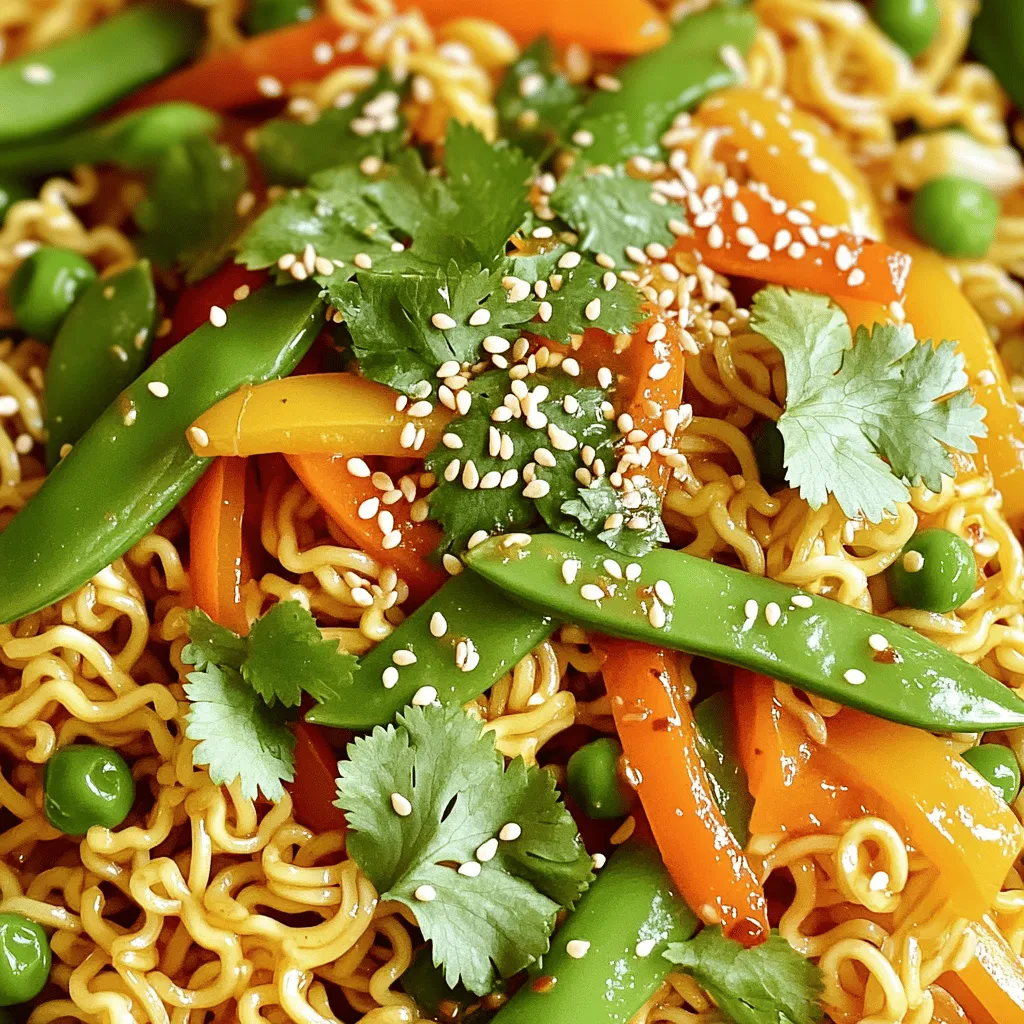 - 2 packs of instant ramen noodles (discard the seasoning packets) - 2 tablespoons vegetable oil - 4 cloves garlic, minced - 1 tablespoon ginger, grated - 1 bell pepper, sliced (any color) - 1 cup snap peas, trimmed - 1 carrot, julienned - 1 cup bean sprouts - 3 green onions, chopped - 3 tablespoons soy sauce - 1 tablespoon sriracha sauce (adjust for spice preference) - 1 tablespoon sesame oil - Sesame seeds for garnish - Fresh cilantro for garnish (optional) - Green onions for garnish 1. Start by boiling water in a pot. 2. Add the ramen noodles and cook for 2 minutes less than the package says. 3. Drain the noodles and set them aside. This keeps them firm for stir-frying. 1. Heat 2 tablespoons of vegetable oil in a large skillet or wok over medium-high heat. 2. Once hot, add 4 cloves of minced garlic. Let it sizzle for about 30 seconds. 3. Grate 1 tablespoon of ginger and add it to the skillet. This adds a nice flavor. 1. Slice 1 bell pepper and add it to the skillet. 2. Toss in 1 cup of snap peas and 1 julienned carrot. Stir-fry for 3-4 minutes. 3. Add the cooked ramen noodles, 1 cup of bean sprouts, and 3 chopped green onions. Keep mixing. 1. In a small bowl, mix 3 tablespoons of soy sauce, 1 tablespoon of sriracha, and 1 tablespoon of sesame oil. 2. Pour this sauce over the noodle and vegetable mix. 3. Toss everything together so the sauce coats the noodles and veggies nicely. 1. Season with salt and pepper to taste. 2. If you like more heat, add extra sriracha. 3. Remove from heat and serve hot. Enjoy your spicy garlic ramen stir fry! - Ensuring crisp-tender veggies: To keep your veggies crisp, stir-fry them quickly. Cook them for about 3-4 minutes. You want them bright and crunchy, not soft. - Avoiding mushy noodles: Cook the ramen for 2 minutes less than the package says. This prevents them from getting too soft when you stir-fry them. - Additional spice options: Want more heat? Try adding red pepper flakes or chili paste. You can also add a bit more sriracha if you like it spicy. - How to balance flavors: Use a mix of salty and sweet. The soy sauce gives saltiness, while a little sugar can add sweetness. Taste as you go to find your perfect balance. - Suggesting alternative garnishes: In addition to sesame seeds, try using chopped peanuts or crushed nori. These add texture and flavor. - Plating tips for presentation: Serve in a deep bowl. This keeps the noodles and veggies in place. Top with fresh herbs for a pop of color. {{image_2}} You can add many proteins to your Spicy Garlic Ramen Stir Fry. Chicken, shrimp, or tofu work well. If you choose chicken or shrimp, cook them first before adding them to the mix. For a vegetarian dish, tofu is a great choice. Just cube it and fry until golden before mixing with the veggies. While instant ramen is easy, you can use different types of noodles. Egg noodles or soba noodles are good options. Each noodle type has a different cooking time. Be sure to check the package for the right time to avoid overcooking. The sauce is where you can get creative. While soy sauce and sriracha are great, you can try other sauces too. Teriyaki or hoisin sauce can add a new twist. For vegan options, look for plant-based soy sauces or use coconut aminos in place of soy sauce. This keeps the flavors rich without the animal products. To keep your Spicy Garlic Ramen Stir Fry fresh, store it in an airtight container. Place it in the fridge within two hours of cooking. This helps reduce the risk of bacteria. You can keep it for up to three days. After that, the flavors may fade. To reheat, use a microwave or a skillet. If you use the microwave, heat for one to two minutes. Stir halfway through to warm evenly. If you use a skillet, add a splash of water or broth. This helps keep the noodles moist. Heat over medium until warm. You can freeze the stir fry, but the texture may change. Let it cool completely before freezing. Store it in a freezer-safe container. It can last for up to three months. When ready to eat, thaw it in the fridge overnight. Reheat it in a skillet to bring back the flavor and texture. For stir fry, I suggest using instant ramen noodles. They cook quickly and are perfect for this dish. You can also use fresh ramen for a chewier texture. Avoid using thick noodles, as they may not fry well. Yes, you can! Look for gluten-free ramen made from rice or buckwheat. Use gluten-free soy sauce or tamari for the sauce. Check labels to ensure all ingredients fit your needs. To change the spice level, add more or less sriracha. Start with one teaspoon for mild heat. You can always add more later. Mixing in some honey can also balance the heat if it’s too spicy for you. Yes, you can prep this dish early. Cook the ramen and chop the veggies ahead. Store them in the fridge for up to two days. When ready to eat, just stir-fry everything and add the sauce. In this post, we explored how to make a tasty ramen stir-fry. We highlighted key ingredients like ramen noodles, fresh veggies, and seasonings. You learned the step-by-step process, from cooking noodles to adding flavors. I shared tips for perfect texture and garnishes for a great look. Remember, you can mix in proteins or change the sauce for variety. Keep your leftovers stored well and reheated right. Enjoy creating your own fun ramen dishes!