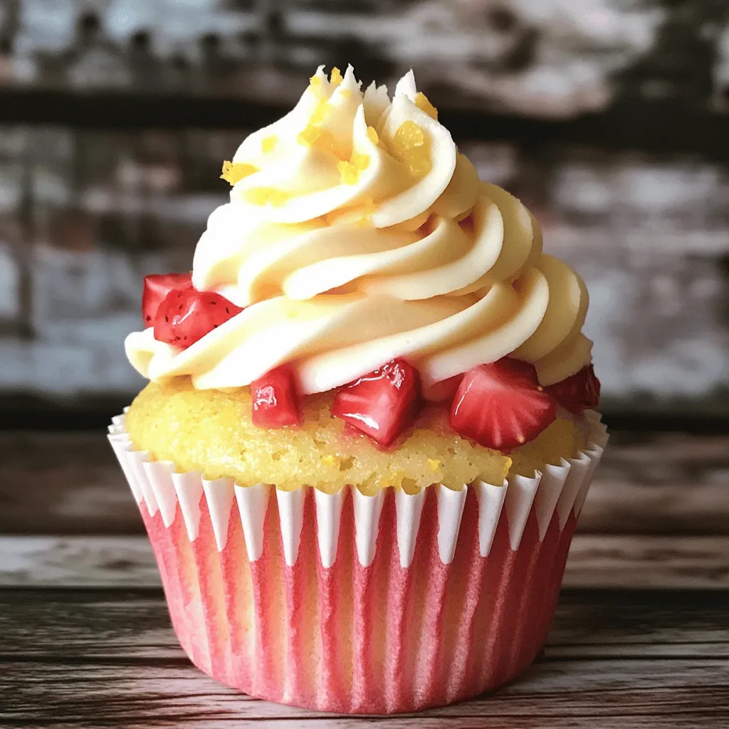 To make these delightful cupcakes, you need fresh and simple ingredients. Here’s what you’ll need: - 1 ½ cups all-purpose flour - 1 cup granulated sugar - ½ cup unsalted butter, softened - 2 large eggs - 1 cup milk - 2 teaspoons baking powder - 1 teaspoon vanilla extract - Zest of 1 lemon - ¼ cup fresh lemon juice - 1 cup fresh strawberries, diced - Pinch of salt These ingredients work together to give your cupcakes that sweet and tangy flavor. The strawberries add a lovely burst of freshness. You can also add some tasty twists to your cupcakes. Consider these optional ingredients: - Lemon buttercream frosting for a sweet finish - A sprinkle of powdered sugar for a simple touch - Additional diced strawberries for garnish These extras can make your cupcakes even more special. Feel free to get creative! If you have dietary needs, don’t worry! Here are some simple swaps: - Use gluten-free flour for a gluten-free version. - Swap eggs with flaxseed meal for a vegan option. - Choose almond milk or oat milk in place of regular milk. These substitutions keep the flavor while meeting your needs. Enjoy baking these strawberry lemonade cupcakes! First, preheat your oven to 350°F (175°C). This step is key for even baking. Next, line your cupcake pan with paper liners. This helps prevent sticking and makes serving easy. In a large bowl, cream together ½ cup of softened butter and 1 cup of sugar. Mix until it’s light and fluffy. Then, add 2 large eggs, one at a time. Make sure to mix well after each egg. Stir in 1 teaspoon of vanilla extract and the zest of 1 lemon. In another bowl, whisk together 1 ½ cups of flour, 2 teaspoons of baking powder, and a pinch of salt. Gradually add this dry mix to the wet ingredients, alternating with 1 cup of milk. Start and end with the dry mix. Mix until just combined. Finally, gently fold in 1 cup of diced fresh strawberries and ¼ cup of lemon juice. Divide the batter evenly among your cupcake liners. Fill each liner about ¾ full. Bake the cupcakes for 18 to 20 minutes. To check if they’re done, insert a toothpick in the center. If it comes out clean, they’re ready! After baking, let them cool in the pan for 5 minutes. Then, transfer the cupcakes to a wire rack to cool completely. Enjoy your delicious strawberry lemonade cupcakes! To get the best texture for your cupcakes, start with softened butter. Room temperature butter mixes well with sugar, creating a light batter. Cream the butter and sugar until it's fluffy. This step is key! Mix the eggs in one at a time. This helps the batter stay smooth. When adding the flour, mix just enough. Over-mixing can make the cupcakes tough. Folding in the strawberries gently keeps their shape. This adds to the cupcake's soft texture. For a fun look, use a lemon buttercream frosting. To make this, combine butter, powdered sugar, lemon juice, and zest. Pipe it onto the cooled cupcakes for a beautiful finish. You can also add fresh strawberries on top. This gives a nice pop of color. Edible flowers can add a fancy touch, too. Another idea is to sprinkle lemon zest for extra flavor. Avoid using cold butter. It won't mix well and affects the texture. Don't skip the lemon zest—it adds great flavor. Also, watch your baking time. Overbaking can dry out the cupcakes. Use a toothpick to check doneness. Insert it in the center; if it comes out clean, they are ready. Lastly, let them cool completely before frosting. Otherwise, the frosting may melt and slide off. {{image_2}} You can make gluten-free strawberry lemonade cupcakes easily. Use gluten-free all-purpose flour instead of regular flour. This swap keeps the taste while making them safe for those with gluten issues. Just ensure your baking powder is also gluten-free. Follow the same steps as the original recipe to keep the flavor fresh and bright. To create vegan strawberry lemonade cupcakes, you can replace a few key ingredients. Use flax eggs instead of real eggs. Mix 1 tablespoon of ground flaxseed with 2.5 tablespoons of water, then let it sit for a few minutes to thicken. Replace milk with almond or oat milk. Use coconut oil or vegan butter instead of unsalted butter. These changes keep your cupcakes soft and delicious while following a plant-based diet. You can get creative with flavors in your cupcakes. Try adding a splash of raspberry puree to the batter for a fruity twist. Or, mix in some lemon zest for an extra zing. For a fun surprise, add a dollop of strawberry jam in the center before baking. You can even top the cupcakes with a sprinkle of crushed graham crackers for a crunchy texture. These ideas make your strawberry lemonade cupcakes unique and exciting. To keep your Strawberry Lemonade Cupcakes fresh, store them in an airtight container. This keeps moisture in and air out. You can keep them at room temperature for up to three days. If you want to store them longer, place them in the fridge. Just remember to let them sit at room temperature for a bit before serving. You can freeze these cupcakes for later enjoyment. First, let them cool completely. Then, wrap each cupcake tightly in plastic wrap. Place them in a freezer-safe bag or container. They will last for up to three months in the freezer. When you're ready to eat, simply thaw them in the fridge overnight. If you want a warm cupcake, here’s how to do it right. Preheat your oven to 350°F (175°C). Place the cupcakes on a baking sheet and heat for about 5-10 minutes. This gives you a soft, warm treat. You can also use the microwave for a quick reheat. Just heat for 10-15 seconds, but keep an eye on it to avoid drying them out. Enjoy your delicious Strawberry Lemonade Cupcakes! To make the frosting, start with soft butter. You need ½ cup of unsalted butter. Beat it until smooth. Next, add 3 cups of powdered sugar slowly. Mix well to avoid a sugar cloud. Then, add 2 tablespoons of lemon juice and a pinch of lemon zest. Beat until fluffy and creamy. This frosting is perfect for topping your cupcakes. You can pipe it on for a pretty look. Yes, you can use frozen strawberries. Just make sure to thaw them first. Drain any extra liquid to avoid a soggy batter. Chop the strawberries into small pieces. This helps them mix better in the batter. Frozen strawberries can work well, but fresh ones give a brighter flavor. Serve these cupcakes at parties or picnics. They are bright and fun! You can place them on a colorful platter. Add a slice of lemon or a fresh strawberry on top for decoration. For extra flair, drizzle some lemon glaze over them. These cupcakes are best enjoyed with a refreshing drink like iced tea or lemonade. Your guests will love them! Strawberry lemonade cupcakes bring vibrant flavor and joy to any occasion. We covered essential ingredients, plus ways to customize and substitute for dietary needs. You learned how to prepare and bake with straightforward steps, and I shared tips for perfect texture and decoration. Try fun variations like gluten-free and vegan options. With proper storage methods, these treats stay fresh longer. Enjoy creating and sharing these delightful cupcakes, and make every bite count.