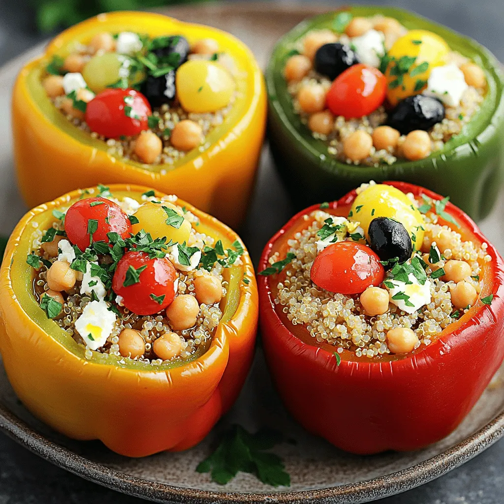 - 4 large bell peppers (any color) - 1 cup cooked quinoa - 1 cup canned chickpeas, rinsed and drained - 1 cup cherry tomatoes, halved - 1/2 cup feta cheese, crumbled - 1/4 cup black olives, chopped - 2 tablespoons olive oil - 1 tablespoon lemon juice - 1 teaspoon dried oregano - 1 teaspoon garlic powder - Salt and pepper to taste - Fresh parsley for garnish To make these stuffed peppers, you need fresh and vibrant ingredients. Start with four large bell peppers. They can be red, yellow, or green. Each color brings a unique taste and look to the dish. Next, you’ll want to include a cup of cooked quinoa. This adds a hearty base and great texture. Quinoa is a superfood, packed with protein. You will also need a cup of canned chickpeas. Rinse them well to get rid of excess sodium. Chickpeas add a nice bite and boost the fiber content. Now, let’s add some color and flavor! Chop one cup of cherry tomatoes in half. They bring sweetness and juiciness to the mix. For the creamy element, use half a cup of crumbled feta cheese. This cheese gives a tangy flavor that pairs well with the other ingredients. Don't forget the black olives! A quarter cup, chopped, adds a briny depth that enhances the dish. To bring everything together, we need a few seasonings. Use two tablespoons of olive oil to keep things moist. A tablespoon of lemon juice adds brightness. One teaspoon of dried oregano gives a classic Mediterranean touch. One teaspoon of garlic powder adds warmth and depth. Season with salt and pepper to your taste. Finally, fresh parsley makes for a beautiful garnish. It adds a pop of color and a fresh taste. Now you're ready to create a delicious meal! First, preheat your air fryer to 350°F (175°C). This step warms the air fryer so it cooks evenly. Next, take your bell peppers and cut the tops off. Remove the seeds and membranes inside. This makes space for your tasty filling. In a large bowl, mix together the cooked quinoa, rinsed chickpeas, halved cherry tomatoes, crumbled feta cheese, and chopped black olives. Add the olive oil, lemon juice, dried oregano, garlic powder, salt, and pepper. Stir until everything blends well. Now it’s time to fill the peppers! Carefully stuff each one with your mixture. Press down gently to pack it in. This ensures you don’t waste any space inside the pepper. Place the stuffed peppers upright in the air fryer basket. If your air fryer is small, you may need to do this in batches. Air fry the peppers for 12-15 minutes. They should be tender and have a nice char on the edges. To get the best peppers, cook them at 350°F (175°C). This temperature gives a nice, tender texture. Air fry for 12-15 minutes. Keep an eye on them. You want them soft but not mushy. If you like a bit of char, leave them in for a few extra minutes. Add more flavor with spices! Try adding a pinch of smoked paprika for warmth. A dash of cumin can give a nice twist. You can also toss in some fresh herbs like basil or thyme for extra zest. Don’t forget to taste as you mix. Adjust salt and pepper to suit your palate. Make your dish pop! Serve the stuffed peppers on a bright plate. Drizzle some olive oil on top for shine. Crumble extra feta over the peppers for a nice touch. Finish with fresh parsley for a splash of color. These small details make a big difference in how the dish looks! {{image_2}} You can mix it up by using other grains. Try brown rice or farro instead of quinoa. If you want a protein boost, add cooked chicken or turkey. For a heartier option, mix in some ground beef or lamb. Each choice brings unique flavors and textures. You can even use lentils for a nutty twist. Be creative with your fillings and have fun! To make this dish fully plant-based, simply skip the feta cheese. Instead, use a vegan cheese or avocado for creaminess. The chickpeas and quinoa keep the dish filling. You can add more veggies like zucchini or spinach for extra nutrients. A sprinkle of nutritional yeast can also add a cheesy flavor without dairy. This way, everyone can enjoy a tasty meal! If you like spice, add some chili flakes or diced jalapeños. You can mix hot sauce into the stuffing for an extra kick. Adjust the heat to suit your taste buds. For milder flavors, stick with sweet peppers and skip the spice. This recipe is flexible, so you can cater to everyone’s preferences! To keep your stuffed peppers fresh, place them in an airtight container. Make sure they cool first. Store them in the fridge for up to four days. Use parchment paper to separate layers if stacking. This keeps them from sticking together. To freeze your stuffed peppers, first let them cool completely. Wrap each pepper in plastic wrap. Then, place them in a freezer-safe bag. Remove as much air as possible. They can last up to three months in the freezer. When ready to eat, thaw overnight in the fridge. For reheating, use your air fryer for the best results. Heat it to 350°F (175°C). Place the peppers in the basket and cook for about 8-10 minutes. You can also reheat them in the microwave. Just cover them with a damp paper towel to keep them moist. This way, they won’t dry out. Yes, you can prepare the stuffed peppers ahead of time. - To do this, make the stuffing and fill the peppers. - You can store them in the fridge for up to 24 hours. - When ready to eat, just air fry them as directed. - This method saves time and keeps the flavors fresh. To keep your peppers from getting soggy, here are some tips: - Choose firm, fresh bell peppers for the best texture. - Avoid overcooking them in the air fryer. - Air fry at 350°F for just 12-15 minutes. - Ensure the stuffing is not too wet before filling. - Let them cool slightly before serving to hold their shape. Yes, you can cook these stuffed peppers in a conventional oven. - Preheat your oven to 375°F (190°C). - Place the stuffed peppers in a baking dish. - Add a little water to the dish to create steam. - Cover the dish with foil and bake for 30-35 minutes. - Remove the foil for the last 10 minutes for a nice brown top. - This method works well if you do not have an air fryer. This blog post guides you in making tasty stuffed peppers with quinoa and chickpeas. We’ve covered the key ingredients, step-by-step instructions, and tips to enhance flavor. Remember, you can customize this recipe easily to fit your taste. Whether you want it spicy or plant-based, the options are endless. Store leftovers properly for future meals. Cooking should be simple and fun, and this dish makes it just that. Enjoy making these peppers in your air fryer!