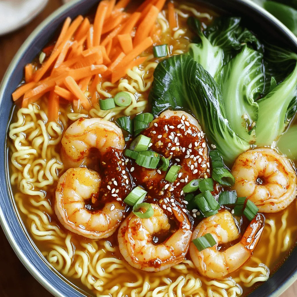 - 200g ramen noodles - 300g shrimp, peeled and deveined - 2 tablespoons chili garlic sauce - 2 cloves garlic, minced - 1-inch piece ginger, grated - 1 tablespoon soy sauce - 1 teaspoon sesame oil - 1 cup bok choy, chopped - 1 carrot, julienned - 2 green onions, sliced For this dish, I use fresh and vibrant ingredients to make it pop. The ramen noodles serve as a cozy base, while the shrimp adds a lovely protein boost. Chili garlic sauce gives it that fiery kick. Next, I add garlic and ginger for depth. They create a warm aroma that fills the kitchen. Soy sauce adds saltiness, while sesame oil gives a nutty flavor. For veggies, bok choy brings a nice crunch. Carrots add sweetness and color. Green onions not only taste great but also make for a lovely garnish. The mix of these ingredients creates a bold and flavorful delight that anyone can enjoy. - Start by boiling salted water in a large pot. - Add the ramen noodles and cook as per package instructions. This usually takes about 3-4 minutes. - Once cooked, drain the noodles and set them aside. - For the marinade, you will need: - 300g shrimp, peeled and deveined - 2 tablespoons chili garlic sauce - 1 tablespoon soy sauce - A pinch of salt - Mix these in a medium bowl and let the shrimp marinate for about 10 minutes. - In a large skillet, heat 1 teaspoon of sesame oil over medium heat. - Add minced garlic and grated ginger, cooking for about 1 minute until fragrant. - Then, add the marinated shrimp and cook for 3-4 minutes, until they turn pink and opaque. - Remove the shrimp from the skillet and set them aside. - In the same skillet, pour in 4 cups of vegetable broth. - Bring it to a simmer and add: - 1 cup bok choy, chopped - 1 carrot, julienned - Let these cook for about 5 minutes until tender. - Add the cooked ramen noodles to the broth and stir to mix well. - Put the shrimp back into the skillet and heat everything through. - Taste and adjust seasoning with more salt or pepper if needed. - Portion the ramen into deep bowls. - Garnish with: - Sliced green onions - A sprinkle of sesame seeds - For a nice touch, serve with chopsticks or forks on the side. - To avoid overcooking shrimp, check for color. Cook until pink and opaque. - If you prefer, you can use chicken or tofu instead of shrimp. Adjust cooking time for chicken to ensure it’s fully cooked. Tofu should be sautéed for about 5-7 minutes. - To add more flavor to the broth, mix in extra soy sauce or a splash of fish sauce. You might also try adding a teaspoon of miso paste for depth. - For a healthier broth, consider using low-sodium vegetable broth. You can also make your own broth by simmering vegetable scraps and water. - Serve your ramen in deep bowls for a hearty look. Place chopsticks or forks on the side for a nice touch. - Use fresh green onions and sesame seeds as garnish. They not only add flavor but also brighten up the dish visually. {{image_2}} You can swap shrimp for chicken or tofu. If you use chicken, cut it into small pieces. Cook it for about 6-8 minutes until no longer pink. For tofu, use firm tofu and cube it. Sauté the tofu for 5-7 minutes until golden. This keeps the dish tasty and fun. Feel free to mix in more veggies. Seasonal choices like bell peppers or snap peas work well. They add crunch and color. Each vegetable brings a new taste. For example, bell peppers add sweetness, while snap peas bring freshness. You can change the flavor profile just by adding different veggies. To make this recipe vegan, replace shrimp with tofu. Use vegetable broth to keep it plant-based. For gluten-free options, choose gluten-free ramen noodles. They are now easy to find in stores. This way, everyone can enjoy this dish without worry. Chili garlic shrimp ramen stays fresh in the fridge for up to three days. Use airtight containers to keep it safe. Glass containers work well. They prevent spills and let you see what’s inside. You can freeze the ramen and shrimp separately. The broth can also freeze well. Store them in freezer bags. When you want to eat it, thaw everything overnight in the fridge. To reheat, use a pot on low heat. Add a splash of water or broth to keep it moist. Stir often to avoid sticking. You can also use a microwave. Heat in short bursts, stirring in between. This keeps the flavors strong. The best way to cook ramen noodles is to boil them in salted water. Use a large pot and bring water to a rolling boil. Add the noodles and cook them according to package instructions, usually about 3 to 5 minutes. Stir them gently to prevent sticking. Once done, drain and set aside. Yes, you can use frozen shrimp! Just make sure to thaw them before cooking. You can do this by placing them in cold water for about 15-20 minutes. After thawing, peel and devein them if needed. This saves time and still gives you tasty shrimp for your ramen. If you don’t have chili garlic sauce, you can make a quick substitute. Mix equal parts of sriracha and minced garlic. Another option is to use red pepper flakes with some minced garlic in oil. This will give you both heat and flavor for your dish. To make this dish spicier, add more chili garlic sauce or fresh chopped chili peppers. You can also sprinkle in some crushed red pepper flakes while cooking. Adjust the heat to your taste, but start small. You can always add more spice as you go! Yes, this recipe is great for meal prep! You can cook the ramen and shrimp in advance. Store them separately in airtight containers. Keep the broth and vegetables in another container. When ready to eat, simply reheat and combine everything for a quick meal. This article covered how to make a tasty shrimp ramen dish. We discussed essential ingredients like ramen noodles, shrimp, and the flavors of garlic and ginger. I walked through each cooking step, from marinating the shrimp to preparing the broth and combining everything. You can customize your dish with different proteins and veggies. In conclusion, making this shrimp ramen is simple and fun. You can enjoy a fresh meal or adapt it to your taste. So, gather your ingredients, get cooking, and enjoy a delicious bowl today!