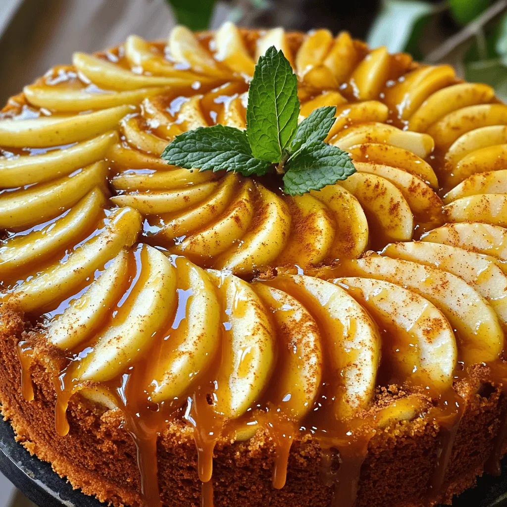 - 3 medium apples (Granny Smith or Honeycrisp), peeled, cored, and sliced - 1 cup brown sugar - 1/2 cup unsalted butter - 1 teaspoon cinnamon - 1 1/2 cups all-purpose flour - 1 teaspoon baking powder - 1/2 teaspoon baking soda - 1/4 teaspoon salt - 1/2 cup granulated sugar - 2 large eggs - 1/2 cup buttermilk (or regular milk with a splash of vinegar) - 1 teaspoon vanilla extract The apples are key to this cake. Granny Smith or Honeycrisp work best. They add a nice tartness. This cuts through the sweet caramel. You need three medium apples, so grab those at the store. Next, we have brown sugar and butter. Together, they make a rich caramel. You will use one cup of brown sugar and half a cup of unsalted butter. The brown sugar gives it that deep flavor. Cinnamon adds warmth to the cake. Just one teaspoon will do. It blends well with the apples and caramel. For the cake, you need flour, baking powder, baking soda, and salt. These are your dry ingredients. You will need one and a half cups of flour, one teaspoon of baking powder, half a teaspoon of baking soda, and a quarter teaspoon of salt. This mixture helps the cake rise. Now, for the sweet touch, use half a cup of granulated sugar. You will also need two large eggs. They help bind the cake together. Buttermilk makes the cake moist. If you don't have any, use regular milk with a splash of vinegar. You will need half a cup. Lastly, add one teaspoon of vanilla extract for extra flavor. - 9-inch round cake pan - Medium saucepan - Mixing bowls - Whisk and spatula You will need a few tools to make this cake. A 9-inch round cake pan is a must. This is where your cake will bake. A medium saucepan is needed for the caramel. Mixing bowls help you combine your ingredients. A whisk will mix your wet ingredients. A spatula will help you pour the batter into the pan easily. If you want to make the cake healthier, consider alternatives. You can use coconut sugar instead of brown sugar. It gives a similar sweet taste. For gluten-free options, use a gluten-free flour mix. This way, everyone can enjoy the cake. You can also swap eggs for flaxseed meal. Mix one tablespoon of flaxseed with three tablespoons of water. Let it sit for a few minutes to thicken. This works well in baking. Feel free to get creative with your ingredients! To start, grab a medium saucepan. Add 1/2 cup of unsalted butter and 1 cup of brown sugar. Heat this mixture over low heat. Stir it gently until everything melts and blends smoothly. It should become a rich caramel color. Once it’s ready, take it off the heat. Now, mix in 1 teaspoon of cinnamon. The scent will be amazing! Next, we need to arrange the apples. Pour that warm caramel mixture into a 9-inch round cake pan. Now, take your 3 medium apples and slice them. Lay the apple slices over the caramel in a circular pattern. Make sure to overlap the slices a bit. This helps the apples cook evenly and look pretty once baked. Now, let’s mix our batter! In a large bowl, whisk together 1 1/2 cups of all-purpose flour, 1 teaspoon of baking powder, 1/2 teaspoon of baking soda, and 1/4 teaspoon of salt. In another bowl, beat together 1/2 cup of granulated sugar and 1/2 cup of softened butter until fluffy. Add 2 large eggs, mixing well after each one. Stir in 1 teaspoon of vanilla extract. Gradually add the dry mix to the wet mix. Alternate with 1/2 cup of buttermilk. Mix until just combined; don’t overmix! Now, carefully pour the batter over the apples and caramel. Spread it evenly. Preheat your oven to 350°F (175°C). Bake for 35-40 minutes. Check with a toothpick; it should come out clean! - Overmixing the batter: This can make your cake tough. Mix just until the flour disappears. - Not cooling the cake before flipping: If you flip too soon, the apples may stick. Let it cool for ten minutes. - Importance of ingredient temperature: Use room temperature eggs and buttermilk. This helps the batter mix better and rise well. - Tips for precise baking times: Keep an eye on the cake as it bakes. Use a toothpick to check doneness. It should come out clean. - Pairing with ice cream or whipped cream: A scoop of vanilla ice cream adds creaminess. Whipped cream gives a light touch. - Presentation tips with extra caramel sauce: Drizzle caramel sauce on top. Add fresh mint or sage leaves for color and a pop of flavor. {{image_2}} You can make your caramel apple upside-down cake even more tasty. Here are some easy ideas: - Adding nuts: Chopped walnuts or pecans add a nice crunch. Mix them into the batter or sprinkle them on top. - Incorporating spices: Try adding nutmeg or ginger for a warm, cozy flavor. Just a pinch can make a big difference. If you have special dietary needs, you can still enjoy this cake: - Gluten-free options: Use gluten-free flour instead of all-purpose flour. It works just as well for this recipe. - Vegan options: Swap out the eggs and butter for flax eggs and coconut oil. This makes a delicious vegan cake. Change it up based on the season! Here’s how: - Using different fruits: Instead of apples, try pears or peaches. They add a lovely twist to the flavor. - Holiday-themed spices: For fall, use pumpkin spice. It gives a festive touch that everyone will love. To keep your cake fresh, refrigerate it in an airtight container. This helps keep the moisture in and prevents the cake from drying out. You can also cover the cake with plastic wrap. Make sure it is tightly sealed to keep out air. If you want to freeze the cake, let it cool completely first. Wrap it tightly in plastic wrap, then in aluminum foil. This prevents freezer burn. When you want to enjoy it, take it out and let it thaw in the fridge overnight. To reheat, place it in a preheated oven at 350°F (175°C) for about 10-15 minutes. This warms it up nicely without drying it out. Caramel apple upside-down cake lasts about 3-5 days in the fridge. If frozen, it can stay fresh for up to 3 months. Just remember to check for any signs of freezer burn before serving. Enjoy your cake while it’s fresh for the best taste! You can use many apple types. However, I recommend Granny Smith or Honeycrisp. These apples are tart and hold their shape well. They create a nice contrast with the sweet caramel. If you prefer sweeter apples, Fuji or Gala can also work. Just remember to balance the flavors. Typically, this cake bakes for 35 to 40 minutes. The time may change based on your oven and pan size. Check for doneness by inserting a toothpick in the middle. If it comes out clean, the cake is ready. If not, give it a few more minutes and check again. Yes, you can prepare this cake in advance. Bake it, then let it cool completely. You can store it in the fridge for up to three days. When ready to serve, warm it in the oven. This cake tastes best fresh but can still be enjoyed later. This cake pairs well with vanilla ice cream or whipped cream. The cold creaminess complements the warm cake nicely. You can also drizzle extra caramel sauce over the top for added sweetness. Fresh fruit or nuts can also make a great topping. You can make a few simple swaps to cut down on sugar and fat. Try using less brown sugar or substituting half with applesauce. You can also use whole grain flour instead of all-purpose flour. This adds fiber and nutrients while keeping the cake moist. This article explored how to make a delicious caramel apple upside-down cake. We discussed the key ingredients, tools, and easy step-by-step instructions. I shared tips to avoid common mistakes and improve texture. You can also experiment with variations for different flavors and dietary needs. Remember to store leftovers correctly for freshness. Hopefully, you feel ready to bake. Enjoy creating this sweet treat and sharing it with others!