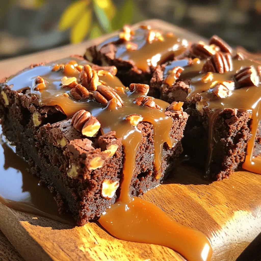 To make these rich and gooey brownies, you will need: - 1 cup unsalted butter, melted - 2 cups granulated sugar - 4 large eggs - 1 teaspoon vanilla extract - 1 cup all-purpose flour - 1 cup unsweetened cocoa powder - 1/2 teaspoon salt - 1 cup chocolate chips (semi-sweet or dark) - 1 cup pecans, chopped - 1 cup caramel sauce These ingredients create a perfect balance of chocolate and caramel. The butter adds richness, while the sugar gives it sweetness. Eggs help bind everything together, making the brownies soft and chewy. Flour and cocoa powder form the base, while chocolate chips and pecans provide texture and flavor. Feel free to get creative with your brownies! Here are some tasty ideas: - Extra chocolate chips for more gooeyness - Sea salt for a sweet and salty touch - Whipped cream for a creamy finish - Additional nuts, like walnuts, for crunch Adding toppings can enhance the flavor and make your brownies even more fun. If you have allergies or dietary needs, don’t worry! Here are some easy substitutions: - Use coconut oil instead of butter for a dairy-free option. - Replace eggs with flaxseed meal or applesauce for a vegan choice. - Try gluten-free flour instead of all-purpose flour to make them gluten-free. These swaps keep the brownies delicious while making them suitable for different diets. First, heat your oven to 350°F (175°C). Grease a 9x13-inch pan or line it with parchment paper. This step helps with easy removal later. In a big bowl, mix the melted butter and granulated sugar. Whisk until it is smooth and creamy. Next, add the eggs one at a time. Mix well after each egg. Then, stir in the vanilla extract for flavor. Now, sift the flour, cocoa powder, and salt together in a separate bowl. This step makes sure there are no lumps. Gradually add the dry ingredients to the butter mixture. Stir until just combined. Don’t overmix! Gently fold in the chocolate chips and half of the chopped pecans. This adds texture and richness to the brownies. Pour half of the brownie batter into the prepared pan. Spread it out evenly with a spatula. Next, drizzle half of the caramel sauce over the top. This creates a gooey layer. Now, spoon the rest of the brownie batter on top. Smooth it out to cover the caramel layer completely. Finally, drizzle the remaining caramel sauce over the top. Sprinkle the rest of the chopped pecans on top as well. This gives the brownies a nice crunch and flavor. Bake the brownies in the preheated oven for 25-30 minutes. Check for doneness by inserting a toothpick into the center. It should come out with a few moist crumbs. Be careful not to overbake, or they will not be fudgy. Once done, remove the pan from the oven and place it on a wire rack. Let the brownies cool for at least 30 minutes. This cooling time helps them set. After cooling, slice them into squares or rectangles. Enjoy your rich, chocolate turtle brownies! To make your brownies fudgier, use less flour. You can cut the flour to 3/4 cup. This change gives you a richer, denser brownie. Also, try adding an extra egg yolk. The yolk adds moisture and helps with texture. Remember, do not overbake! Check your brownies at the 25-minute mark. They should be soft in the center. Mix your ingredients gently. Overmixing can make brownies tough. Start by whisking the melted butter and sugar until smooth. Then, add eggs one at a time. Mix well with each egg. When you add the dry ingredients, stir until just combined. This keeps the brownies light and tender. Finally, fold in the chocolate chips and pecans carefully. One common mistake is not preheating the oven. This can lead to uneven baking. Always check your oven temperature before starting. Another issue is using cold eggs. Cold eggs can cause your batter to seize. Let your eggs sit out for a bit before using. Lastly, avoid using too much caramel sauce. Too much can make your brownies soggy. Stick to the recipe for the best results. {{image_2}} You can enjoy these brownies even if you avoid gluten. To make gluten-free brownies, swap the all-purpose flour for a gluten-free blend. Look for one that works cup-for-cup with regular flour. Make sure to check for cross-contamination on the labels. The result is still rich and fudgy, just like the classic version. To make these brownies vegan, replace the eggs with flax eggs or applesauce. For flax eggs, mix one tablespoon of ground flaxseed with three tablespoons of water. Let it sit for a few minutes until it thickens. Use dairy-free butter and chocolate chips to keep it vegan. These changes make the brownies just as delicious and rich. Mix things up by using different nuts or chips. Try walnuts or almonds for a new twist. You can also add peanut butter chips for a fun flavor boost. Feel free to get creative! Each variation adds a different taste and texture to your brownies. This way, each batch can be a new experience. To keep your Chocolate Turtle Brownies fresh, place them in an airtight container. This helps seal in moisture and flavor. You can also cover them tightly with plastic wrap. Store them at room temperature for up to four days. If you want them to last longer, refrigerate them. They will stay good for up to one week in the fridge. Freezing is a great way to save extra brownies. First, let the brownies cool completely. Then, cut them into squares. Wrap each square tightly in plastic wrap. Place the wrapped brownies in a freezer bag or container. They can last for up to three months in the freezer. When you’re ready to eat them, just thaw them in the fridge overnight. Reheating brownies can bring back their soft, gooey texture. Preheat your oven to 350°F (175°C). Place the brownies on a baking sheet. Cover them with aluminum foil to keep them from drying out. Heat for about 10 to 15 minutes. If you want a quick fix, you can microwave a brownie for about 15 to 20 seconds. This makes them warm and melty! Chocolate Turtle Brownies are a rich and fudgy dessert. They mix chocolate, caramel, and nuts. The name comes from the classic turtle candy. You get the sweet taste of chocolate and caramel, combined with the crunch of pecans. Each bite is like a party in your mouth. These brownies are perfect for chocolate lovers. You can customize your Chocolate Turtle Brownies in many ways. Here are some ideas: - Different Nuts: Use walnuts or almonds instead of pecans. - Chocolate Variety: Try milk chocolate chips for a sweeter taste. - Extra Flavor: Add a pinch of sea salt on top to balance the sweetness. - Add-ins: Mix in some toffee bits for extra crunch. - Filling: Swirl in some peanut butter or Nutella for a twist. Be creative! Each change gives you a new treat. You can find Chocolate Turtle Brownies at bakeries or cafes. Many grocery stores also sell them in their baked goods section. If you want a special treat, check out local bakeries. They often make fresh brownies, and you might find unique flavors. If you want to make them at home, use the recipe above for a fun and tasty baking experience. Chocolate turtle brownies are rich, chewy, and fun to make. We covered the main ingredients and options for toppings. You learned how to prepare, layer, and bake these treats. I shared tips to create the fudgiest brownies and avoid common mistakes. Different variations suit various diets and preferences. Finally, I explained how to store and reheat your brownies for later. Enjoy baking and sharing these tasty delights!