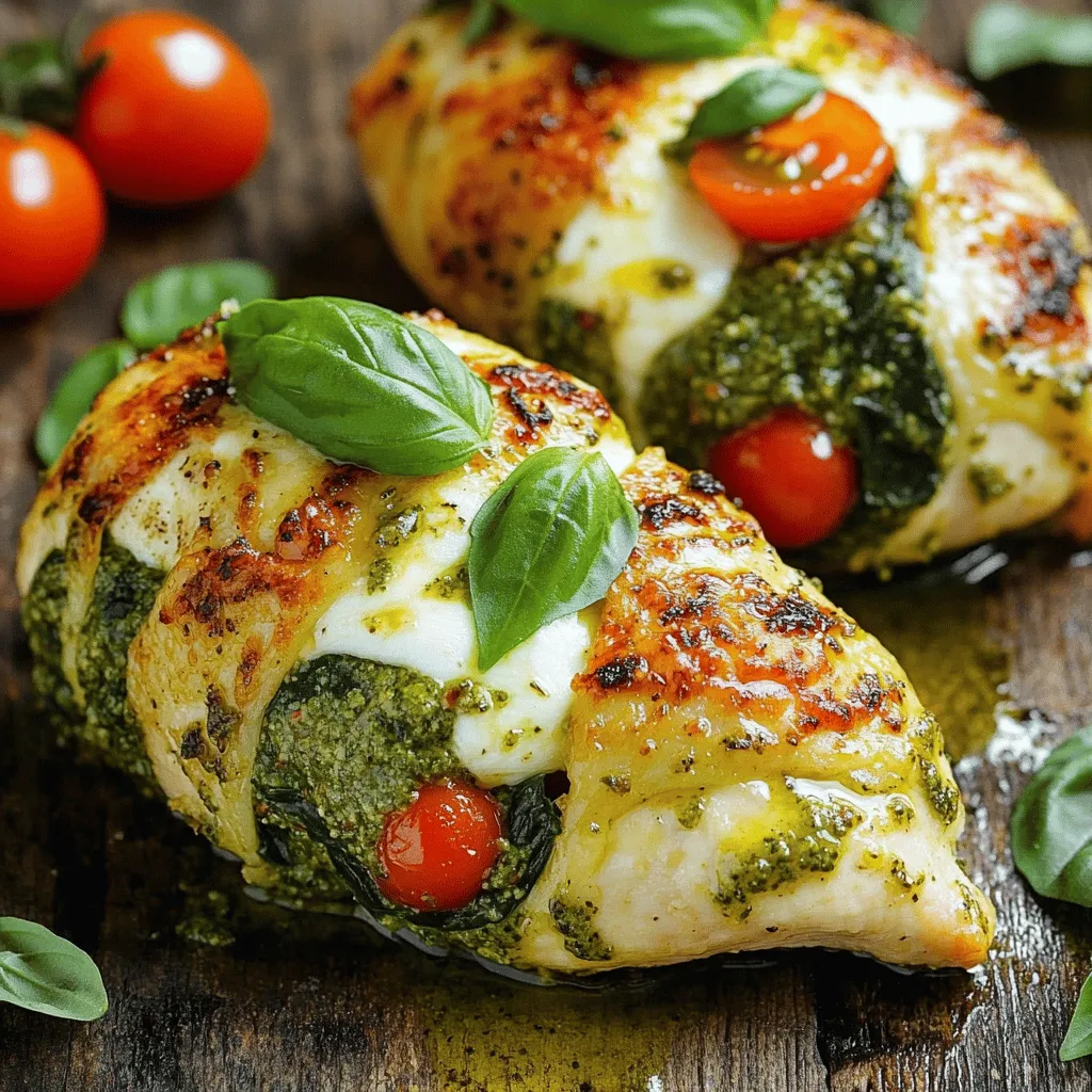 - 4 medium-sized chicken breasts - 1 cup fresh basil pesto - 1 cup mozzarella cheese, shredded - 1 cup cherry tomatoes, halved - 1 cup baby spinach leaves - 2 tablespoons olive oil - 1 teaspoon garlic powder - 1 teaspoon Italian seasoning - Salt and black pepper to taste - Fresh basil leaves for garnish Using fresh and quality ingredients is key to this dish. The chicken breasts serve as a tender pocket for the flavorful stuffing. I love using fresh basil pesto for its rich taste and vibrant color. The mozzarella cheese melts perfectly, adding creaminess to each bite. Cherry tomatoes bring a sweet burst, while baby spinach adds a fresh crunch. For seasoning, olive oil helps with browning and flavor. Garlic powder gives a nice kick without being overpowering. Italian seasoning adds depth, and salt and black pepper enhance all the flavors. If you want to elevate your dish, consider adding fresh basil leaves as a garnish. They look great and add even more flavor. This mix of ingredients makes each bite of Pesto Caprese Stuffed Chicken a delightful treat. - Preheat your oven to 375°F (190°C). This helps cook the chicken evenly. - Rinse the chicken breasts under cold water. Pat them dry with paper towels. Use a sharp knife to create pockets in each chicken breast. Cut them horizontally, but don’t slice all the way through. - In a mixing bowl, combine 1 cup of shredded mozzarella cheese, 1 cup of halved cherry tomatoes, and 1 cup of baby spinach leaves. - Add salt, black pepper, and 1 teaspoon of garlic powder to taste. This is your stuffing mixture. - Generously spoon 1 cup of fresh basil pesto into each chicken pocket. Follow with the cheese, tomato, and spinach mixture. - Use 2 tablespoons of olive oil in a large oven-safe skillet over medium-high heat. Once hot, add the stuffed chicken breasts to the skillet. - Sear the chicken for about 3-4 minutes on each side until golden brown. - Sprinkle 1 teaspoon of Italian seasoning over the chicken. Transfer the skillet to the preheated oven. Bake for 25-30 minutes. The chicken should reach 165°F (75°C). - After cooking, let the chicken rest for 5 minutes. Carefully remove any toothpicks or twine. Garnish with fresh basil leaves before serving. How to choose the right chicken breasts Choose medium-sized chicken breasts. They cook evenly and hold stuffing well. Look for breasts that are firm and have a light pink color. Avoid any with dark spots or a foul smell. Tips for preventing stuffing from leaking To stop the stuffing from leaking, create deep pockets in the chicken. Use toothpicks to secure the opening. You can also tie the chicken with kitchen twine, but toothpicks are easier. Make sure to not overfill the pockets. Best methods for searing chicken Use a large oven-safe skillet for searing. Heat olive oil over medium-high heat. Add the chicken once the oil is hot. Sear for 3-4 minutes on each side. Look for a golden-brown color. This helps lock in flavors and moisture. How to check for doneness To check if chicken is done, use a meat thermometer. Insert it into the thickest part. The chicken should reach 165°F (75°C). If you don’t have a thermometer, cut into the chicken. The juices should run clear, not pink. Ideal side dishes to pair with stuffed chicken Pair the stuffed chicken with a fresh salad or steamed vegetables. Roasted potatoes also complement this dish well. Consider garlic bread for a hearty addition. Presentation tips for serving Slice the chicken into thick pieces for a nice look. Arrange on a plate and drizzle with extra pesto. Add fresh basil leaves on top for color. This makes your dish pop and looks appealing. {{image_2}} You can switch out the mozzarella cheese for other types. Try using provolone or gouda for a twist. If you want a sharper taste, use parmesan or feta. These cheeses bring a unique flair to the dish. Feel free to mix different herbs or spices in the stuffing. You can use thyme or rosemary for a fresh taste. Oregano adds a nice Italian touch, too. Experiment and find what you love most. To make this dish gluten-free, simply ensure your pesto is gluten-free. Most store-bought versions are safe, but check the labels. You can also serve it with a gluten-free side like quinoa or a salad. For a low-carb option, skip the tomatoes or use fewer. You can add more spinach instead. This keeps it light and healthy while still being tasty. Adding more veggies to the stuffing can make it even better. Try bell peppers or zucchini for color and crunch. You can also use mushrooms for an earthy flavor. Infuse additional flavors into your pesto by adding nuts or cheese. Walnuts or pine nuts can enhance the taste. You can also mix in sun-dried tomatoes for a burst of flavor. These changes can make your dish stand out. To keep your pesto caprese stuffed chicken fresh, store it in the fridge. Place the chicken in an airtight container. Add a layer of plastic wrap for extra protection. Make sure it cools down to room temperature before sealing it. If you want to save the chicken for later, freezing is a great option. Wrap each piece in plastic wrap, then place it in a freezer bag. This helps prevent freezer burn. Remember to label the bag with the date so you know when to use it. When it’s time to eat your leftovers, reheating properly is key. You can use the oven, microwave, or stovetop. If using the oven, preheat it to 350°F (175°C). Place the chicken in a dish and cover it with foil. Heat for about 15-20 minutes. For the microwave, place the chicken on a microwave-safe plate. Heat it on medium power for 2-3 minutes. Check to see if it’s warm all the way through. If it isn’t, heat for another minute. To keep the chicken juicy, add a splash of water or broth before reheating. This helps maintain moisture and flavor. In the fridge, the pesto caprese stuffed chicken lasts about 3-4 days. Make sure to check for signs of spoilage. If you see any unusual smells, colors, or textures, do not eat it. Signs of spoilage include a sticky texture or an off smell. If the chicken looks dry or has developed a strange color, it’s best to discard it. Trust your senses to ensure safety. How do I know when the chicken is fully cooked? You can check the chicken by using a meat thermometer. Insert it into the thickest part of the chicken. It should read 165°F (75°C) for safe eating. If you don’t have a thermometer, cut into the chicken. The meat should be white, and the juices should run clear. Can I make this recipe ahead of time? Yes, you can prepare the chicken and stuffing in advance. Stuff the chicken and cover it with plastic wrap. Keep it in the fridge for up to 24 hours before cooking. This allows the flavors to blend nicely. What is the best way to adjust cooking times for larger chicken breasts? For larger chicken breasts, increase the baking time to about 35-40 minutes. Always check the internal temperature to ensure it reaches 165°F (75°C). This helps keep the chicken juicy and safe to eat. How long does it take to cook stuffed chicken in an air fryer? In an air fryer, cook the stuffed chicken for about 18-22 minutes at 375°F (190°C). Check the internal temperature to make sure it is fully cooked. The air fryer gives a nice crisp outside while keeping the inside moist. How many people does this recipe serve? This recipe serves four people. Each chicken breast is a good portion for one person. You can serve it with sides for a complete meal. Can the recipe be easily doubled for larger groups? Yes, you can easily double the recipe. Just use eight chicken breasts and double the stuffing ingredients. Make sure to use a larger pan or cook in batches to ensure even cooking. This blog post covers a tasty stuffed chicken recipe using simple ingredients like chicken breasts, pesto, and cheese. You learned step-by-step instructions for preparation, stuffing, and cooking. The tips section offers helpful advice for perfecting your dish. Variations let you adapt the recipe to fit dietary needs. Finally, I shared storage and reheating tips for your leftovers. With these insights, you can confidently make a delicious meal that impresses. Enjoy the process and the tasty results!