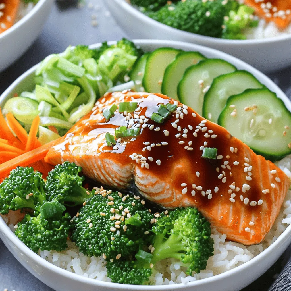 The key to making Teriyaki Ginger Salmon Bowls is in the ingredients. You want fresh and flavorful items that work well together. - 2 salmon fillets - 1/4 cup soy sauce (low sodium preferred) - 2 tablespoons honey or maple syrup - 1 tablespoon fresh ginger, grated - 1 tablespoon sesame oil - 2 garlic cloves, minced - 1 cup jasmine rice (or brown rice) - 2 cups water or broth (for cooking rice) - 1 cup broccoli florets - 1 carrot, julienned - 1/2 cucumber, thinly sliced - 1/4 cup green onions, chopped - 1 tablespoon sesame seeds (for garnish) - Salt and pepper to taste - Optional: Pickled ginger for serving These ingredients are simple yet packed with flavor. Salmon gives a rich taste while the marinade adds a sweet and savory kick. The rice serves as a perfect base, soaking up all the delicious juices. Fresh veggies not only add color but also crunch. You can switch the types of rice if you prefer brown rice. The mix of soy sauce, ginger, and garlic makes a tasty marinade. It’s a balanced meal that feels light yet satisfying. To start, mix the marinade ingredients. In a small bowl, add 1/4 cup of soy sauce, 2 tablespoons of honey or maple syrup, 1 tablespoon of grated ginger, 1 tablespoon of sesame oil, and 2 minced garlic cloves. Whisk them together until smooth. Next, place the salmon fillets in a shallow dish and pour half of the marinade over them. Make sure to reserve the other half for later. Let the salmon marinate for at least 15 minutes. This adds flavor and keeps the fish moist. While your salmon marinates, it's time to cook the rice. In a medium saucepan, bring 2 cups of water or broth to a boil. Add 1 cup of jasmine rice and a pinch of salt. Reduce the heat to a simmer and cover the pot. Cook for about 15 minutes or until the rice is tender and all the liquid is absorbed. After that, remove the rice from the heat and let it sit, covered, for an extra 5 minutes. This resting time helps the rice fluff up nicely. While your rice cooks, prepare the vegetables. Take 1 cup of broccoli florets and 1 julienned carrot. Steam them for about 5 to 7 minutes. You want the veggies to be tender but still bright in color. This keeps them crunchy and tasty. Next, you will cook the salmon. Preheat your grill or a non-stick skillet over medium heat. Take the salmon out of the marinade. Cook each side for about 4 to 5 minutes. You know the salmon is done when it looks flaky and has a nice color. Brush it with the reserved marinade while cooking for extra flavor. Now it’s time to assemble your bowls. Fluff the cooked rice with a fork. Divide the rice into two bowls. Top each bowl with the steamed broccoli, carrots, and a salmon fillet. You can also add 1/2 cucumber, thinly sliced, for some crunch. For the final touch, drizzle any remaining marinade over the bowls. Sprinkle chopped green onions and sesame seeds on top for a nice look. If you like, serve with pickled ginger on the side. This dish looks great and tastes even better! Recommended marinating time I suggest marinating the salmon for at least 15 minutes. This gives the fish time to soak up the flavors. If you have more time, marinate it for up to one hour. How to enhance flavor absorption To boost flavor, score the salmon lightly with a knife. This helps the marinade get into the fish better. Always use a shallow dish for marinating. This allows more surface area to touch the marinade. Ideal cooking temperatures Cook your salmon at medium heat. This keeps it moist and prevents burning. Aim for an internal temperature of 145°F for perfect doneness. Signs of perfectly cooked salmon Look for salmon that flakes easily with a fork. The color should be opaque and slightly pink in the center. If it is still translucent, it needs more time. Substituting different rice types You can use brown rice instead of jasmine rice. Brown rice takes longer to cook, about 45 minutes. Quinoa is also a great option for a protein boost. Tips for fluffier rice To make your rice fluffier, rinse it under cold water before cooking. This removes excess starch. After cooking, let it sit for a few minutes covered. This helps the rice to steam and become fluffy. {{image_2}} You can switch salmon for chicken or tofu. Chicken works well with the marinade. Use boneless thighs for juicy bites. Tofu absorbs flavors nicely, making it a great choice for plant-based eaters. For seafood lovers, try shrimp or scallops. They cook quickly and take on the teriyaki flavor beautifully. Just adjust the cooking time. Shrimp needs only a few minutes, while scallops need about four minutes per side. Seasonal vegetables bring freshness to your bowls. Choose what’s in season for the best taste. Carrots and broccoli are great, but don’t stop there! Add bell peppers for crunch or snap peas for a sweet bite. You can also throw in some seasonal greens. Leafy greens like spinach or kale can brighten the dish. Just steam or sauté them lightly to keep their color and nutrients. Want to amp up the flavor? Add spices like red pepper flakes for heat or smoked paprika for depth. Fresh herbs like cilantro or basil can also add a fresh twist. If you want a different sauce, try hoisin or teriyaki alternatives. Each sauce offers a unique taste while still being delicious. You can even mix sauces for a fun flavor explosion. Just remember to balance the sweetness and saltiness! To keep your Teriyaki Ginger Salmon Bowls fresh, place leftovers in an airtight container. Make sure the rice and salmon cool before sealing. Store in the fridge for up to three days. If stored properly, the flavors will still shine. For the rice, heat it in the microwave with a splash of water. Cover it to keep moisture in. For the salmon, use low heat in a skillet. This method helps keep the fish tender. Avoid high heat as it can dry out the salmon. You can freeze the prepared bowls for later. Use freezer-safe containers or bags. Be sure to separate the rice, salmon, and veggies to maintain texture. When ready to eat, thaw overnight in the fridge. Reheat in the microwave or skillet for the best results. You can use coconut aminos or liquid aminos. These options have a similar taste. You can also try tamari, which is a gluten-free soy sauce. Each of these will add flavor while keeping your dish tasty. To make this dish low-carb, swap jasmine rice for cauliflower rice. Cauliflower rice cooks quickly and absorbs flavors well. You can also skip the rice and serve salmon with extra veggies for a lighter meal. Not all teriyaki sauces are gluten-free. Many contain soy sauce, which has gluten. Look for gluten-free labeled teriyaki sauce or use tamari as a safe option. Always check the label to be sure. Yes, you can prepare the salmon and rice ahead of time. Store them in separate containers. You can marinate the salmon the night before. Just reheat the salmon gently before serving for best results. Some great side dishes include: - Steamed green beans - Edamame - Seaweed salad - A simple cucumber salad These sides add freshness and balance to your meal. This blog post covered how to make teriyaki ginger salmon bowls. We explored ingredients, cooking steps, and garnishes. I shared tips for marinating salmon and cooking rice. You learned about variations, storage, and reheating methods. In the end, this dish is versatile and easy. You can switch the salmon for chicken or tofu. Feel free to experiment with different veggies or sauces. Enjoy your time in the kitchen, and savor each bite of your delicious creation!