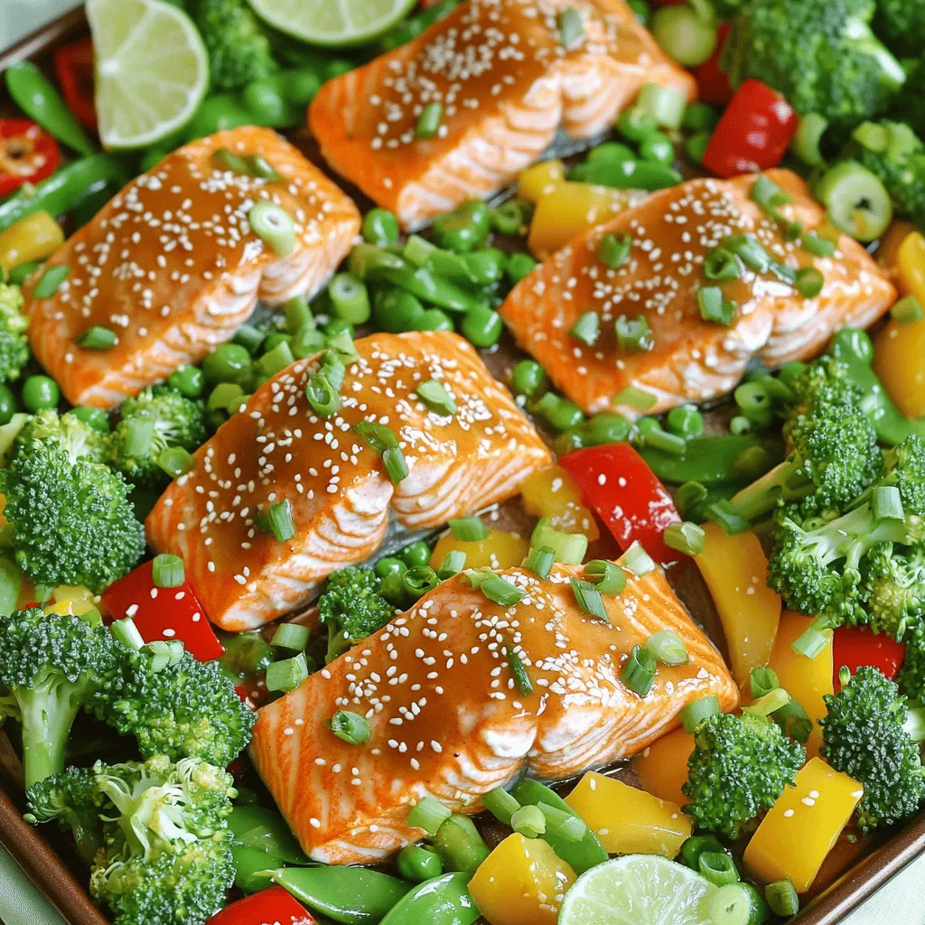 - 4 salmon fillets (about 6 ounces each) - 1 cup broccoli florets - 1 cup bell peppers, sliced (red and yellow) - 1 cup snap peas - 3 tablespoons sesame oil - 2 tablespoons soy sauce (or tamari for gluten-free) - 1 tablespoon fresh ginger, grated - 2 cloves garlic, minced - 1 tablespoon honey or maple syrup - 1 teaspoon sesame seeds, toasted - 2 green onions, chopped (for garnish) This simple recipe shines with fresh ingredients. The salmon fillets are the star, bringing a rich flavor and healthy fats. Fresh veggies add color and crunch. Broccoli, bell peppers, and snap peas offer a mix of textures and vitamins. The sauce is key. Sesame oil gives a nutty taste. Soy sauce adds depth, and ginger and garlic bring a punch of flavor. Honey or maple syrup balances everything with a hint of sweetness. Finally, sesame seeds and green onions boost the dish’s look and taste. These toppings add a nice crunch and fresh finish. You will love how easy and quick this recipe is. It’s perfect for any night of the week! 1. First, preheat your oven to 400°F (200°C). This helps cook the salmon evenly. 2. Next, take a large sheet pan and line it with parchment paper or aluminum foil. This makes cleanup easy. 1. In a small bowl, whisk together these ingredients: - 3 tablespoons sesame oil - 2 tablespoons soy sauce - 1 tablespoon fresh ginger, grated - 2 cloves garlic, minced - 1 tablespoon honey or maple syrup Mix until everything is well combined. This sauce gives the salmon its yummy flavor. 1. Place the salmon fillets in the center of the prepared sheet pan. Lightly sprinkle them with salt and pepper. 2. In a big bowl, mix the broccoli, bell peppers, and snap peas. Drizzle half of the sesame ginger sauce over the veggies. Toss them to coat well. 3. Arrange the veggie mixture around the salmon on the sheet pan. Then, drizzle the rest of the sauce over the salmon fillets. 4. Bake in the oven for 15 to 18 minutes. The salmon should flake easily with a fork, and the veggies should be tender-crisp. Enjoy your easy and healthy sheet-pan sesame ginger salmon! To cook salmon perfectly, check the thickness of the fillets. Thinner pieces cook faster. Aim for 15-18 minutes at 400°F. The salmon should flake easily with a fork when done. Use a fork to test it gently. If it breaks apart, it’s ready! For tender-crisp veggies, do not overcook. Bake the mix until they are bright and slightly soft. This usually takes about 15 minutes. Keep an eye on them. If they start to brown a little, they are just right. For a family-style presentation, place the salmon and veggies on a large platter. This makes it fun and easy to share. Garnish with extra sesame seeds and lime slices. These add color and flavor to your dish. It makes the meal look fancy and inviting! When cooking with a sheet pan, use a good quality one. A non-stick pan works wonders for easy cleanup. You’ll want a whisk for mixing the sauce. A sharp knife helps chop veggies. Use a fork to check the doneness of the salmon. These tools make the cooking process smooth and enjoyable! {{image_2}} You can swap salmon for other proteins. Chicken works well. Use skinless chicken breasts for a lean option. If you want a plant-based choice, try firm tofu. Press the tofu to remove extra water. Slice it into cubes and marinate like salmon. This way, you still get great flavor and texture. Feel free to mix in other vegetables. Carrots add a nice crunch. Zucchini cooks quickly and absorbs flavors well. You can also use asparagus or green beans for a different taste. Just cut them to similar sizes as the other veggies. This helps everything cook evenly and look great on the plate. Want to boost flavor? Add more spices. A pinch of red pepper flakes gives heat. For a citrus twist, squeeze fresh lemon or lime juice over the dish. You could even try adding a bit of sesame seed paste for extra richness. These small changes can make your dish pop with flavor! To keep your sesame ginger salmon fresh, place leftovers in an airtight container. This helps maintain flavor and texture. Store them in the fridge for up to three days. If you plan to eat them later, ensure the salmon and veggies cool down first. This prevents moisture build-up and soggy leftovers. When reheating, aim to keep your salmon tender and the veggies crisp. The best method is to use an oven. Preheat it to 300°F (150°C). Place the salmon and veggies on a baking sheet. Heat for about 10-15 minutes, or until warmed through. You can also use a microwave, but do so in short bursts. Cover the dish to avoid drying it out. Yes, you can freeze this dish! To do so, place the cooled salmon and veggies in a freezer-safe container. They can last up to two months in the freezer. When ready to eat, thaw in the fridge overnight and reheat as mentioned above. This way, you get a quick meal that tastes almost like fresh! Yes, you can use frozen salmon. Just thaw it before cooking. To thaw, place the salmon in the fridge overnight or submerge it in cold water for about an hour. This way, it cooks evenly. If you cook it from frozen, add a few extra minutes to the cooking time. Pair your salmon with fresh sides. I like to serve it with: - Steamed rice or quinoa - A fresh green salad - Roasted sweet potatoes - Sautéed spinach or kale These sides add color and flavor to your meal. They also complement the salmon well. Check the salmon for a few signs. Perfectly cooked salmon should be: - Opaque in color - Flaking easily with a fork - Reaching an internal temperature of 145°F (63°C) If it meets these signs, it’s ready to enjoy! This post covered how to make a simple and tasty sesame ginger salmon. We looked at key ingredients like salmon, fresh veggies, and a yummy sauce. You learned easy steps for prep and cooking, plus tips for great results. I shared possible variations and storage ideas too. With this, you can enjoy a healthy meal any time. Remember, cooking should be fun, so feel free to get creative! Now, go ahead and make your own delicious dish.