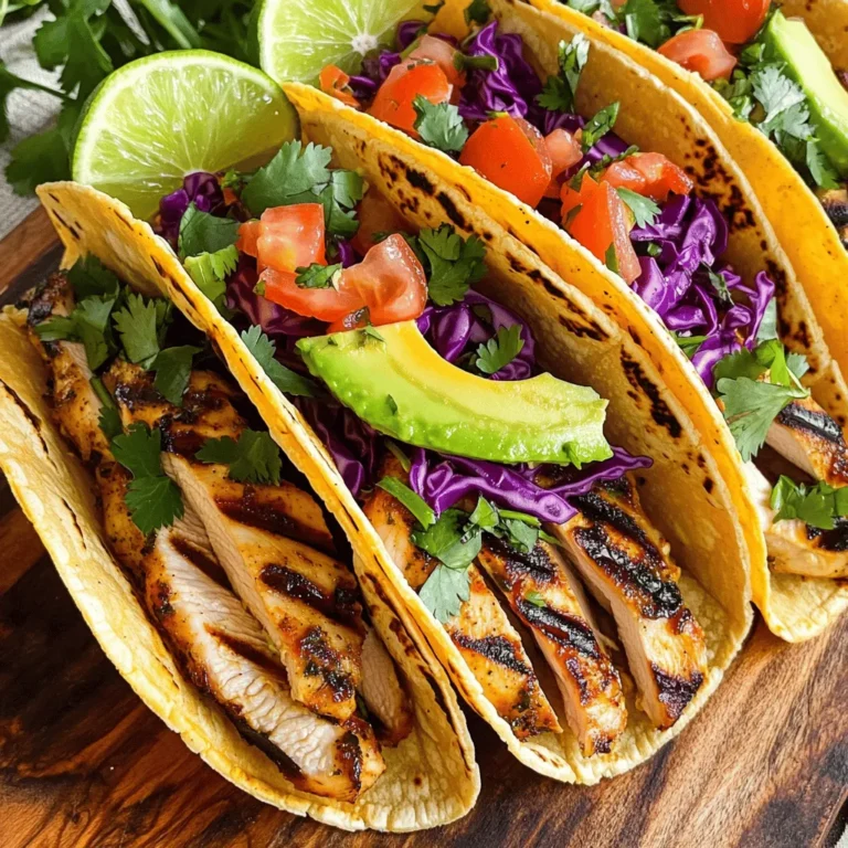 - 1 lb boneless, skinless chicken thighs - 2 tablespoons olive oil - 1 teaspoon ground cumin - 1 teaspoon chili powder - 1 teaspoon garlic powder - 1 teaspoon onion powder - Juice of 2 limes (about ¼ cup) - ½ cup fresh cilantro, chopped - Salt and pepper to taste - 8 small corn tortillas Cumin adds a warm, earthy flavor. Chili powder brings a nice kick. Garlic and onion powders enhance the taste without being too strong. Lime juice gives a bright, fresh zing. Fresh cilantro is key for a lively finish. You can add shredded red cabbage for crunch. Diced tomatoes give a fresh touch. Sliced avocado adds creaminess. Finish with sour cream or Greek yogurt for richness. Extra chopped cilantro makes a lovely garnish. These toppings let you customize each taco! To start, you need to marinate the chicken. In a large bowl, mix the olive oil, cumin, chili powder, garlic powder, onion powder, lime juice, cilantro, salt, and pepper. Make sure everything blends well. Add the boneless chicken thighs and coat them fully. Cover the bowl and let it sit for at least 30 minutes. For more flavor, marinate up to 2 hours in the fridge. Next, it’s time to cook the chicken. Preheat your grill or skillet to medium-high heat. Take the chicken out of the marinade. Cook each thigh for about 5 to 7 minutes on each side. The chicken should reach 165°F (75°C). When done, take it off the heat. Let it rest for a few minutes. This helps keep it juicy. While the chicken rests, prepare the tortillas. Heat a dry skillet over medium heat. Warm the corn tortillas for about 30 seconds on each side. They should be soft and pliable, perfect for wrapping. Now, let’s put it all together! Slice the grilled chicken into strips. Take a tortilla and lay a few pieces of chicken on it. Top with shredded red cabbage, diced tomatoes, and avocado slices. You can add a dollop of sour cream or Greek yogurt if you want. Drizzle with a bit more cilantro for a fresh touch. Enjoy these tasty tacos right away! To get the best flavor, marinate the chicken thighs well. I mix olive oil, cumin, chili powder, garlic powder, onion powder, lime juice, cilantro, salt, and pepper in a bowl. Then, I add the chicken and coat it well. Cover the bowl and let it sit in the fridge for at least 30 minutes. For even more flavor, try marinating for up to 2 hours. The longer, the better! When cooking, preheat your grill or skillet to medium-high heat. This helps the chicken cook evenly. Remove the chicken from the marinade and grill each side for 5-7 minutes. You want nice char marks and an internal temperature of 165°F. After cooking, let the chicken rest for a few minutes. This keeps it juicy and tender. When serving, I like to use a rustic wooden board. Arrange the tacos in a fan shape. This makes them look inviting. Add a lime wedge on the side for a pop of color. For extra flair, sprinkle more cilantro and lime zest on top. This not only looks good but also adds fresh flavor. {{image_2}} If you want a meat-free meal, try using grilled veggies. Bell peppers, zucchini, and mushrooms work well. You can also use black beans or chickpeas. Both add protein and fiber. Simply season them like the chicken. Make sure to add lime juice and cilantro for that fresh flavor. Not in the mood for chicken? You can swap the chicken thighs for shrimp or fish. Both cook quickly and soak up the flavors well. If you prefer something heartier, use pulled pork or beef. Just adjust the cooking time. Make sure the meat reaches a safe temperature. Corn tortillas are traditional, but you can use flour tortillas too. They are soft and easy to fold. For a healthy twist, try lettuce wraps. They add a nice crunch and cut down on carbs. Experiment with taco shells made from hard corn or even baked sweet potatoes. Each option brings its own flavor and texture. To store leftover chicken, let it cool first. Place it in an airtight container. This helps keep it fresh. Store it in the fridge for up to three days. You can also wrap it tightly in plastic wrap. This keeps moisture in and prevents drying out. If you want to freeze the tacos, first, assemble them without toppings. Wrap each taco in foil or freezer-safe bags. Remove as much air as possible. You can freeze them for up to three months. When you're ready to eat, thaw them in the fridge overnight. To reheat the chicken, place it in a skillet over medium heat. Cook until warm, about five minutes. You can also use the microwave. Heat it in short bursts, stirring in between. For tacos, warm them in a skillet for a minute on each side. This keeps them soft and tasty. To make these tacos gluten-free, simply use corn tortillas. Corn tortillas are naturally gluten-free, unlike flour tortillas. Always check the labels when buying. Some brands may add gluten. Many sides go well with these tacos. Here are some tasty options: - Mexican street corn - Black beans - Rice with lime and cilantro - Guacamole and tortilla chips - A simple green salad These sides add flavor and balance to the meal. Yes, you can use different meats. Try chicken breast or shrimp for a lighter dish. Pork can also work well. Just adjust the cooking time based on the meat. Ground beef or turkey can be great too. You can marinate the chicken for 30 minutes to 2 hours. The longer you marinate, the more flavor it will have. Just don't go over two hours, as the acid from the lime can change the texture of the meat. If you don't like cilantro, try these substitutes: - Parsley for a milder taste - Basil for a sweet note - Mint for a fresh flavor These herbs will change the taste but still give you a great taco! You now know how to make cilantro lime chicken tacos. We covered the main ingredients, cooking steps, and useful tips for great flavor. I shared fun variations and storage ideas. Tacos can be flexible, letting you choose options that fit your taste. Remember, marination adds depth, while presentation makes them shine. Enjoy your tacos and impress everyone with your skills!