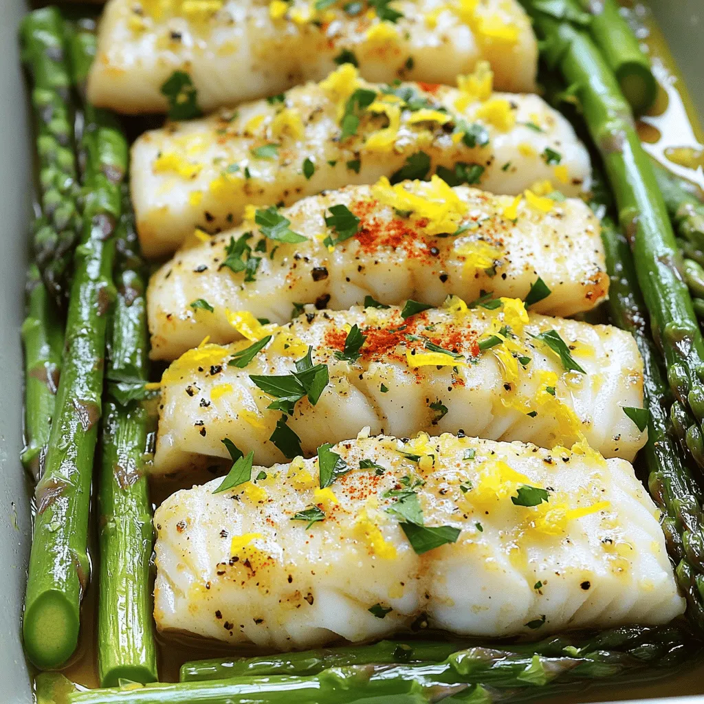 - 4 cod fillets (about 6 oz each) - 1 bunch asparagus, trimmed - 3 tablespoons olive oil, divided - 4 cloves garlic, minced - 1 lemon, zested and juiced - 1 teaspoon paprika - Salt and pepper to taste - Fresh parsley, chopped (for garnish) This recipe uses fresh cod fillets. They should be about six ounces each. The cod has a mild flavor and works well with lemon and garlic. Asparagus adds a bright green color and a crisp texture. You will need one bunch of asparagus for this dish. Olive oil keeps everything moist and adds a nice flavor. You will use three tablespoons, split between the cod and asparagus. Now, let’s add some zing with our seasonings. Garlic is essential here. You will need four cloves, minced. This gives a strong flavor that mixes well with the fish. The zest and juice of one lemon will brighten the dish. It adds a fresh taste that pairs perfectly with the cod. Paprika adds warmth and a hint of smoke. Just one teaspoon is enough to enhance the dish without overpowering it. Don’t forget to season with salt and pepper. These simple ingredients boost the overall taste. Fresh parsley adds a lovely touch as a garnish. It makes your dish look appealing and adds a bit of freshness. First, preheat your oven to 425°F (220°C). This high heat helps cook the cod and asparagus quickly. It also helps to lock in flavors. Next, line a large sheet pan with parchment paper. This paper keeps the food from sticking. It makes clean-up much easier too! Now, let’s season the cod. In a small bowl, mix 2 tablespoons of olive oil, minced garlic, lemon zest, lemon juice, paprika, salt, and pepper. This mixture adds great taste to the fish. Use a brush to coat both sides of the cod fillets. Make sure the cod is well covered for the best flavor. Take your bunch of asparagus and trim the ends. Hold the asparagus at both ends and bend it gently. It will snap where it needs to be cut. This keeps the best part of the stalk. Place the trimmed asparagus in a bowl. Drizzle the last tablespoon of olive oil over it. Add salt and pepper, then toss the asparagus to coat it evenly. Now, it’s time to arrange everything on the pan. Place the cod fillets in the center of the sheet pan. Spread the seasoned asparagus around the cod in a single layer. This helps everything cook evenly. Then, put the pan in the oven. Bake for about 15-20 minutes. The cod is done when it flakes easily with a fork and the asparagus is tender. To make sure your cod is top-notch, choose fillets that are bright and have no fishy smell. Fresh cod should look moist and have a firm texture. Keep your eyes on the thickness of the fillets, as they should be about 1 inch thick. This helps them cook evenly. To avoid dryness, do not overcook the cod. Bake it for 15 to 20 minutes at 425°F. Check for doneness by lightly pressing it with a fork. If it flakes easily, it's ready! A little bit of lemon juice helps keep the fish moist, so don’t skip that step. Adding herbs can make your asparagus shine. Try fresh dill or thyme for a different flavor. You can also sprinkle some grated Parmesan cheese on top before baking for a cheesy twist. For crunchiness, do not overcrowd the asparagus on the sheet pan. Give each piece space to roast. Bake it alongside the cod for just the right amount of time. If you like your asparagus extra crunchy, take it out a few minutes before the fish. Garnishing makes a meal look special. Use chopped fresh parsley for color and freshness. You can also add thin lemon slices on top for extra zing. For serving, place the cod in the center of the plate, with asparagus arranged around it. This not only looks great but also adds texture to each bite. Serve with a wedge of lemon for an extra burst of flavor. {{image_2}} If you want to switch up the cod, try using salmon or tilapia. Salmon has a rich flavor and cooks well. Tilapia is mild and great for quick meals. When using salmon, reduce the cooking time by 2-3 minutes. Salmon cooks faster. If using tilapia, keep the cooking time similar to cod. This fish also flakes nicely when done. Asparagus shines in this dish, but many other veggies work too. You can use broccoli, green beans, or zucchini. Each adds its own taste and texture. When swapping veggies, keep cooking times in mind. Broccoli takes about the same time as asparagus. Green beans may need a minute or two longer. Zucchini cooks quickly, so add it halfway through. Changing the seasonings can give this dish a new twist. Consider adding dill or thyme for a fresh taste. These herbs blend well with lemon and garlic. If you like heat, add a pinch of red pepper flakes. This spice can boost the flavor without overpowering it. Enjoy experimenting with different seasonings to find your perfect mix! Store your leftovers in airtight containers. Glass or plastic containers work well. Make sure to cool the cod and asparagus to room temperature first. This helps prevent condensation. Place them in the fridge within two hours of cooking. Eat the leftovers within three days for the best taste. The best way to reheat cod and asparagus is in the oven. Preheat your oven to 350°F (175°C). Place the dish in the oven for about 10 minutes. This keeps everything warm without making it soggy. You can also use a microwave, but be careful. Heat in short bursts to avoid rubbery fish. To freeze cod and asparagus, let them cool completely. Wrap each piece in plastic wrap. Place them in a freezer-safe bag. Remove as much air as possible to prevent freezer burn. You can freeze them for up to three months. When you’re ready to eat, thaw them in the fridge overnight. Reheat them in the oven or on the stove. This way, they stay tasty and fresh! You can pair this dish with many sides. Here are some ideas: - Rice: A fluffy white or brown rice works well. - Quinoa: This adds a nutty flavor and is rich in protein. - Salads: A light green salad with lemon vinaigrette complements the dish. - Potatoes: Roasted or mashed potatoes can add heartiness. These sides balance the lightness of the cod and asparagus. They also soak up the lemon garlic flavor. Yes, you can prepare this dish ahead of time. Here are some tips: - Meal Prep: Season the cod and asparagus a few hours before cooking. Keep them in the fridge until you are ready to bake. - Storage: If you have leftovers, store them in an airtight container in the fridge. They will stay fresh for up to three days. This makes it easy to enjoy a quick meal during the week. You can tell the cod is done when it flakes easily with a fork. Here are some signs to look for: - Color: The fish should turn from translucent to opaque. - Texture: It should feel firm but not rubbery. - Fork Test: Gently poke the fish with a fork. If it flakes apart easily, it’s ready. Using these tips ensures you serve perfectly cooked cod every time. This article covered a tasty recipe for sheet-pan lemon garlic cod and asparagus. You learned about the key ingredients, like fresh cod and asparagus, and how to prepare them perfectly. I shared tips for flavor and presentation to make your dish shine. Remember to store your leftovers correctly and reheat them to enjoy later. Cooking can be fun and easy, so try different flavors and veggies. Your next meal can be a delightful experience! Follow these steps, and you’ll impress yourself and others.