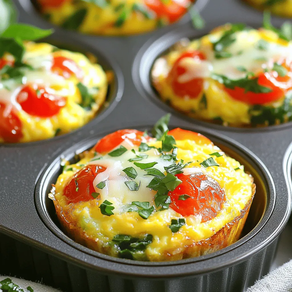 - 6 large eggs - 1/2 cup milk (dairy or non-dairy) - 1/2 cup bell peppers, diced - 1/2 cup cherry tomatoes, halved - 1/4 cup red onion, finely chopped - 1 cup fresh spinach, chopped - 1/2 cup shredded cheese - 1 teaspoon garlic powder - 1 teaspoon salt - 1/2 teaspoon black pepper - Optional herbs for garnish The key to making delicious veggie-packed egg muffins is using fresh ingredients. I love to combine colorful bell peppers, juicy cherry tomatoes, and vibrant spinach. These veggies not only taste great but also make the muffins look appealing. The red onion adds a nice crunch and a bit of sweetness. I often use shredded cheese to give the muffins a creamy texture. You can pick your favorite cheese, like cheddar or mozzarella. It melts perfectly and binds everything together. The garlic powder adds a nice kick of flavor, while salt and black pepper highlight the taste of the veggies. Feel free to change up the herbs for garnish. Fresh parsley or basil can add a burst of color and flavor. Using seasonal vegetables can also make these muffins even better. This way, you can enjoy fresh and tasty bites any time of the year! Start by preheating your oven to 375°F (190°C). This step is key for even cooking. Next, grease your muffin tin with cooking spray. You can also line it with paper liners if you prefer. This will help the muffins slide out easily once they cool. In a large bowl, whisk together 6 large eggs and 1/2 cup of milk. Make sure they blend well. Then, add 1/2 cup of diced bell peppers, 1/2 cup of halved cherry tomatoes, 1/4 cup of finely chopped red onion, and 1 cup of chopped fresh spinach. These veggies add great flavor and nutrition. Stir in 1/2 cup of shredded cheese, 1 teaspoon of garlic powder, 1 teaspoon of salt, and 1/2 teaspoon of black pepper. Mix everything until it's evenly combined. Pour the egg mixture into your prepared muffin tin. Fill each cup about 3/4 full. This gives the muffins room to rise. Bake them in the preheated oven for 18-20 minutes. Check doneness by inserting a toothpick in the center. It should come out clean. Once done, remove the muffins from the oven and let them cool in the tin for a few minutes. After that, gently take them out. If you like, add fresh herbs on top for a nice touch before serving. You can change up the veggies in your muffins. Some great options are: - Zucchini, shredded - Broccoli, finely chopped - Kale, chopped Feel free to mix and match! You can also swap out the cheese. Here are some tasty choices: - Feta for a tangy twist - Mozzarella for a mild flavor - Pepper jack for some spice To make your muffins fluffy, be sure to whisk the eggs and milk well. You want a nice, smooth mix. Adding a bit of baking powder can help too. When filling the muffin cups, don’t go all the way to the top. Fill each cup about 3/4 full. This gives the muffins room to rise without spilling over. Garnish your muffins with fresh herbs like parsley or basil. They add color and freshness. For sides, consider serving your egg muffins with: - Fresh fruit for sweetness - A light salad for crunch - Whole-grain toast for heartiness These side options make for a well-rounded meal. Enjoy your tasty creations! {{image_2}} You can add protein to your veggie packed egg muffins in many ways. If you love meat, try adding crispy bacon or diced ham. These options enhance the flavor and add a savory touch. Just cook the meat first, then mix it into the egg base. For those who prefer vegetarian options, you can use beans or tofu. Both options give you the protein boost you need while keeping it meat-free. Consider adding black beans or crumbled tofu for a hearty bite. To shake things up, change the flavor profile of your muffins. For a Southwest twist, add spices like cumin and chili powder. Mix in diced jalapeños for a spicy kick. Top with avocado after baking for a creamy finish. If Mediterranean flavors appeal to you, try adding feta cheese and olives. You can also include sun-dried tomatoes and fresh herbs like oregano or basil. These changes will transport your taste buds to sunny shores. Using seasonal vegetables makes these muffins fresher and tastier. In spring, add asparagus or peas. In summer, use zucchini or corn. In fall, try pumpkin or sweet potatoes for a comforting touch. In winter, root veggies like carrots or parsnips work wonders. You can also adapt the recipe for holidays. For a festive touch, include colorful bell peppers and herbs for a bright presentation. This way, your muffins become a fun part of your holiday meals. To keep your veggie packed egg muffins fresh, store them in the fridge. Place them in an airtight container. This helps maintain their taste and texture. If you want to freeze them, wrap each muffin tightly in plastic wrap. Then place them in a freezer bag. This will keep them safe from freezer burn. You can reheat your muffins in two ways: the microwave or the oven. For the microwave, heat on high for 30 seconds. Check if it’s warm enough; if not, heat for another 15 seconds. In the oven, preheat it to 350°F (175°C). Place the muffins on a baking sheet and heat for 10-12 minutes. This method helps keep their texture just right. Veggie packed egg muffins last in the fridge for about 5 days. If you freeze them, they can last up to 3 months. Check for signs of spoilage, like a sour smell or changes in texture. If you see any mold, throw them away right away. Yes, you can use egg substitutes. Some great options include: - Silken tofu (1/4 cup per egg) - Unsweetened applesauce (1/4 cup per egg) - Flaxseed meal mixed with water (1 tablespoon flaxseed with 2.5 tablespoons water per egg) These substitutes work well to bind the ingredients. They may change the taste slightly but still offer great texture. You can tell when the muffins are done by looking for these signs: - The tops should be lightly golden. - The edges will pull away from the muffin tin. - A toothpick inserted in the center should come out clean. If you see any wet egg mixture, they need more time to bake. Yes, these muffins are quite healthy! Here’s why: - They are packed with veggies, which provide vitamins and minerals. - Each muffin has around 100 calories, depending on the cheese and milk used. - The eggs offer protein, which helps keep you full. For portion sizes, I recommend eating 1-2 muffins as a snack or part of a meal. They are great for breakfast or lunch! This blog post covered how to make delicious egg muffins. We explored key ingredients, step-by-step instructions, and helpful tips for the perfect bake. You learned how to customize flavors, vary ingredients, and store your muffins safely. In conclusion, egg muffins are a flexible and healthy choice for any meal. Experiment with different flavors to make your own unique version. Enjoy the tasty results of your cooking adventure!