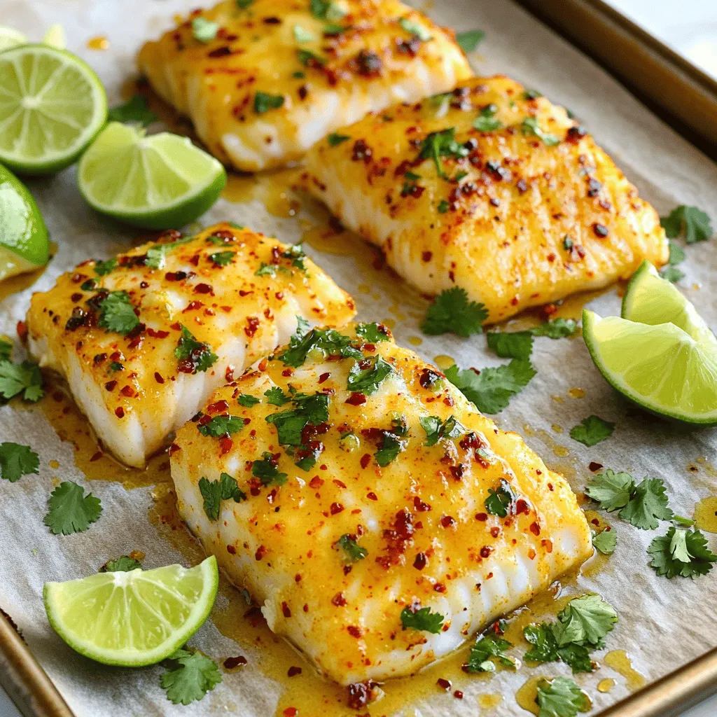 To make Chili Lime Baked Cod, you need some fresh ingredients. Here’s what you'll need: - 4 cod fillets (about 6 oz each) - 2 tablespoons olive oil - 2 limes (zested and juiced) - 1 teaspoon chili powder - 1/2 teaspoon garlic powder - 1/2 teaspoon cumin - 1/2 teaspoon salt - 1/4 teaspoon black pepper These ingredients create a bright and bold flavor. The cod fillets are the star of the dish. They are light and flaky, making them perfect for this recipe. The olive oil adds richness, while lime juice brings a zesty kick. Chili powder and cumin add warmth and depth, making every bite exciting. To finish your dish, you’ll want some garnishes. Here’s what to use: - Fresh cilantro, chopped (for garnish) - Lime wedges (for serving) Cilantro adds a fresh touch that brightens the dish. Lime wedges give you extra tartness to enjoy with each bite. This simple addition makes the meal look appealing and adds extra flavor. Enjoy your Chili Lime Baked Cod with these fresh accents! First, gather your ingredients. You need cod fillets, olive oil, and spices. I like to mix the marinade for the cod in a small bowl. Combine two tablespoons of olive oil with the zest and juice of two limes. Then, add one teaspoon of chili powder, half a teaspoon of garlic powder, half a teaspoon of cumin, half a teaspoon of salt, and a quarter teaspoon of black pepper. Mix it well. Next, place the cod fillets on a baking sheet lined with parchment paper. Brush the chili lime mixture generously over each fillet. Make sure all sides are coated. This helps the cod soak up all the great flavors. Let the fillets marinate for about ten minutes. This step is key for a tasty dish. Meanwhile, preheat your oven to 400°F (200°C). Now, it's time to bake! Once the oven is hot, place the baking sheet inside. Bake the cod for 12 to 15 minutes. The fish should be opaque in the center and flaky when tested with a fork. This is how you know it’s done. Check it at the 12-minute mark to avoid overcooking. After baking, remove the cod from the oven. Let it rest for about two minutes. This helps keep it moist. To serve, garnish with freshly chopped cilantro. I like to add lime wedges on the side. They add a fresh burst of flavor. Enjoy your chili lime baked cod! To get that perfect flaky cod, cook it for 12 to 15 minutes at 400°F. Check for doneness by using a fork; the fish should flake easily. If the fish is still tough, cook it a few more minutes. Overcooking can make it dry, so keep an eye on it. For even seasoning, brush the chili lime mix all over the fillets. Make sure each side gets coated well. Allow the cod to marinate for about 10 minutes before baking. This lets the flavors soak in deeply, enhancing the taste. If you want to spice things up, consider adding smoked paprika or cayenne pepper. These can add a nice kick to your dish. You can also mix in some fresh herbs like oregano or thyme for a different flavor profile. Marinating is key for the best results. I recommend letting the cod soak in the chili lime mix for at least 10 minutes. This short marination time will boost the flavor without overpowering the fish. So, don’t skip this step! {{image_2}} If you want to switch up the fish, try using tilapia or haddock. Both have a mild flavor, just like cod. For a vegetarian option, consider using firm tofu. It absorbs flavors well and offers a nice texture. Do you have dietary preferences? Swap olive oil for avocado oil for a different taste. If you are avoiding gluten, check your chili powder. Most brands are gluten-free, but it's good to confirm. For a spicier kick, add cayenne pepper in place of chili powder. For sides, I love serving this dish with quinoa or brown rice. They soak up the chili lime juice nicely. Roasted vegetables, like asparagus or zucchini, also pair well. They add color and crunch to your plate. When plating, think about height and color. Place the cod fillet atop a bed of greens for contrast. Add a lime wedge and a sprinkle of cilantro for a fresh touch. This makes it look appealing and gourmet. To keep your leftover chili lime baked cod fresh, wrap it tightly. Use plastic wrap or place it in an airtight container. Store it in the fridge for up to three days. Avoid letting it sit out at room temperature for too long. This helps to prevent bacteria growth. If you want to store it longer, freezing is a great option. Place the cod in a freezer-safe bag. Try to remove as much air as possible. Label the bag with the date. You can freeze the cod for up to three months. When you are ready to enjoy your leftovers, reheating properly is key. The best way to reheat cod without drying it out is to use the oven. Preheat your oven to 300°F (150°C). Place the cod on a baking sheet. Cover it loosely with foil to keep moisture in. Heat for about 10-15 minutes. You can also use the microwave, but be careful. Heat it in short bursts of 30 seconds. Check it often to avoid overcooking. After reheating, add a little fresh lime juice. This will brighten the flavors again. Serve with more cilantro for a fresh touch. Enjoy your delicious meal! Chili lime baked cod is a simple and tasty dish. It features cod fillets marinated in a mix of lime juice, chili powder, and spices. The tangy lime blends well with the slight heat from the chili powder. This recipe creates a bright and fresh flavor that makes the fish shine. The cod is baked until flaky and tender, making it a healthy and delicious option. You can tell when cod is fully cooked by a few clear signs: - The fish should be opaque in color. - It should flake easily with a fork. - A food thermometer should read 145°F (63°C). If you see these signs, your cod is perfectly done! Yes, you can use frozen cod! Just follow these tips: - Thaw the cod in the fridge overnight before cooking. - Pat the fillets dry to remove excess moisture. - You may need to bake a bit longer, about 15-20 minutes, depending on thickness. Make sure the fish reaches the right temperature for the best taste. Chili lime baked cod pairs well with many sides. Here are some great options: - Steamed rice or quinoa for a filling base. - Grilled vegetables for a fresh crunch. - A simple green salad with a light vinaigrette. - Fresh corn tortillas to wrap the fish. These sides enhance the meal and create a colorful plate. Enjoy! Chili lime baked cod is a simple yet delicious dish. We discussed key ingredients, marinating tips, and perfect baking methods. Remember to garnish with cilantro and lime for great flavor. Storing leftovers is easy with our tips, and reheating is just as simple. Exploring variations lets you customize the recipe to fit your taste. Enjoy this healthy meal on busy nights or impress your guests. This recipe is sure to become a favorite.
