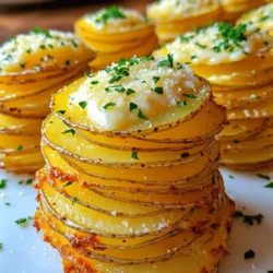 - 4 medium-sized russet potatoes - 1 cup grated Parmesan cheese - 1 teaspoon garlic powder - 1 teaspoon onion powder - 1 teaspoon dried thyme - Salt and pepper to taste - 1/4 cup olive oil - Fresh parsley, chopped You can switch russet potatoes for Yukon Gold for a creamier texture. If you don't have Parmesan, try Pecorino Romano for a sharper taste. Garlic powder can be replaced with fresh garlic for a stronger flavor. Use dried basil or oregano instead of thyme for a different herb note. For a lower-fat option, use cooking spray instead of olive oil. First, you need to preheat your oven to 400°F (200°C). This step is key for getting your potato stacks crispy. While the oven heats, you can prepare the baking sheet. Line it with parchment paper. This will help the stacks not stick and make cleanup easy. Next, wash and peel the potatoes. I like to use russet potatoes for this recipe. They have the right amount of starch for crispiness. Slice the potatoes thinly, about 1/8 inch thick. You can use a mandoline slicer or a sharp knife. The thinner the slices, the crispier they get. In a large bowl, mix the sliced potatoes with 1/4 cup olive oil. Add 1 teaspoon garlic powder, 1 teaspoon onion powder, 1 teaspoon dried thyme, and salt and pepper to taste. Toss everything until the potatoes are well coated. This adds great flavor and helps the cheese stick. Now it's time to stack! Start placing the potato slices in circular layers on the prepared baking sheet. Make sure to offset each layer slightly. This helps them crisp up nicely. Once your stacks are ready, sprinkle 1 cup of grated Parmesan cheese over the top of each one. Be generous! The cheese will melt and create a delicious crust. Bake the potato stacks in the preheated oven for about 30-35 minutes. Look for a golden brown color and a crispy texture. When they are done, take them out and let them cool for a few minutes. Finally, garnish with fresh chopped parsley before serving. Enjoy these tasty stacks as a perfect side dish! To get those potato stacks crispy, use a mandoline for thin slices. Thin slices cook evenly and crisp up nicely. Toss the slices well in olive oil and seasonings. This helps them crisp in the oven. Stack the slices slightly offset. This allows air to flow, making them crispier. Bake at 400°F for 30-35 minutes. Keep an eye on them to prevent burning. For more flavor, mix in different herbs. Rosemary or oregano can add a nice touch. You can also try adding smoked paprika for a smoky flavor. If you want a kick, sprinkle some chili flakes on top. The cheese is key, so use fresh Parmesan for the best taste. Add garlic powder and onion powder for a savory boost. Avoid cutting the potatoes too thick. Thick slices won’t cook through and will be soggy. Don’t skip the olive oil. It helps achieve that golden brown color and crispy texture. Be careful not to overcrowd the baking sheet. Give each stack space to breathe. Lastly, don’t skip the cooling step after baking. Letting them cool allows them to firm up before serving. {{image_2}} You can change up the flavor of your Crispy Parmesan Potato Stacks easily. Try using different cheeses. Cheddar adds a sharp taste. Mozzarella brings a creamy texture. For a twist, try blue cheese. You can also mix in fresh herbs. Basil or rosemary gives a nice aroma. Thyme is already in the recipe. Feel free to add more or switch it up! If you want a different cooking style, you have options. You can fry the potato stacks for a crispy finish. Heat oil in a pan and fry each stack until golden brown. This method gives a rich flavor but uses more oil. Air frying is another great choice. It uses less oil and cooks faster. Set your air fryer to 375°F (190°C) and cook for about 15 to 20 minutes. You’ll still get that crunchy texture. These potato stacks are super versatile. You can serve them with dips. Try ranch dressing for a creamy touch. Ketchup is a classic choice, too. If you want something different, serve them with a garlic aioli. For pairings, these stacks go well with grilled chicken or steak. You can also enjoy them with a fresh salad. The options are endless, so mix and match to find your favorite! After enjoying your Crispy Parmesan Potato Stacks, you might have some left. Store them in an airtight container. Place a paper towel inside to absorb moisture. This keeps the stacks crispy longer. Make sure they cool down before you seal them. Store in the fridge for up to three days. Reheating these potato stacks needs care. The oven is best for keeping them crispy. Preheat your oven to 350°F (175°C). Spread the stacks on a baking sheet. Heat for about 10 to 15 minutes. Check them often to avoid burning. You can also use an air fryer. Set it to 350°F for 5 minutes. This method works well, too! While I don’t recommend freezing, you can if needed. First, let the stacks cool completely. Then, place them in a single layer on a baking sheet. Freeze until solid, then transfer to a freezer bag. This way, they won’t stick together. Use within two months for the best taste. When ready to eat, thaw in the fridge overnight before reheating. Yes, you can use other cheeses. Cheddar, Gruyère, or mozzarella work well. Each cheese adds its own flavor. If you choose a stronger cheese, adjust the amount. Experiment with different types to find your favorite. The potato stacks are done when they look golden brown. They should feel crispy on the edges. A fork can help you check the doneness. If it goes through easily, they are ready. These potato stacks pair well with many dishes. Serve them with grilled chicken or steak. They also go great with a fresh salad or roasted veggies. For a dip, try sour cream or a tangy aioli. In this post, we explored how to make Crispy Parmesan Potato Stacks. We covered essential ingredients and optional garnishes. You learned step-by-step instructions for perfect results. Tips helped you avoid common mistakes and achieve crispiness. We also discussed variations, including flavors and cooking methods. Lastly, you found useful storage info to keep your leftovers fresh. Now, you're ready to create these tasty potato stacks. Enjoy experimenting and sharing with friends!