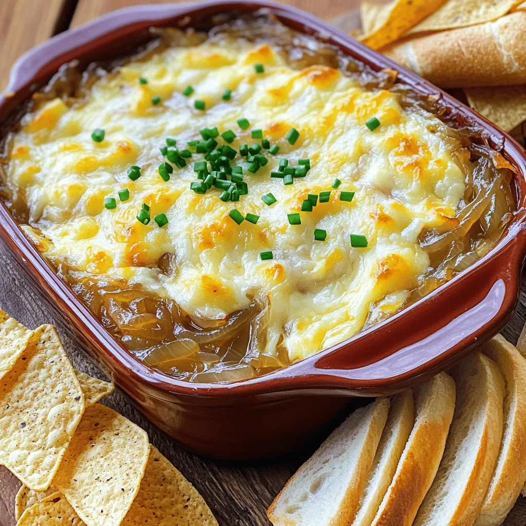 - 2 large onions, thinly sliced - 2 tablespoons olive oil - 1 teaspoon salt - 1 teaspoon sugar - 1 cup grated Gruyère cheese - 1 cup cream cheese, softened - 1/2 cup sour cream - 1/2 teaspoon garlic powder - 1/4 teaspoon black pepper - Fresh chives, chopped (for garnish) - Tortilla chips or sliced baguette (for serving) To make my Caramelized Onion Gruyère Dip, I gather these simple ingredients. You need two large onions, sliced thinly. The onions give the dip a sweet and rich flavor. I use olive oil to cook them, which adds a nice touch. Salt and sugar help the onions caramelize well. Next, I add the cheese. Gruyère cheese is my favorite for its nutty taste. I mix it with cream cheese and sour cream for a creamy base. Garlic powder and black pepper add depth to the flavor. I finish the dip with fresh chives for a pop of color and a fresh taste. For serving, I love using tortilla chips or slices of baguette. They are perfect for scooping up the warm, cheesy dip. You can easily find all these ingredients at your local store. Enjoy making this savory and cheesy treat! - Heat 2 tablespoons of olive oil in a large skillet over medium heat. - Add 2 large, thinly sliced onions, 1 teaspoon of salt, and 1 teaspoon of sugar. Stir this mix well. - Cook the onions for about 20 to 25 minutes. Stir occasionally until they turn golden brown and caramelized. - In a bowl, combine 1 cup of softened cream cheese, 1/2 cup of sour cream, and 1 cup of grated Gruyère cheese. - Add 1/2 teaspoon of garlic powder and 1/4 teaspoon of black pepper. - Mix these ingredients until the blend is smooth and creamy. - Once the onions are caramelized, fold them into the cheese mixture. - Transfer this mix into a baking dish and spread it evenly. - Bake in a preheated oven at 350°F for 20 to 25 minutes. Look for the dip to be bubbly and slightly golden. Enjoy the warm dip with tortilla chips or sliced baguette for a delightful snack! To caramelize onions well, use a large skillet. Heat olive oil over medium heat. Add your onions, salt, and sugar. Stir often to prevent sticking. Cook for 20 to 25 minutes. Watch for a golden brown color. Lower the heat if they cook too fast. This slow cooking helps bring out the sweet flavor. You can add more depth with spices. Try thyme or rosemary for a fresh touch. A pinch of cayenne pepper adds warmth. You can also use different cheeses. Fontina or cheddar can create unique tastes. Mix them with Gruyère for richness. Serve the dip warm with tortilla chips or sliced baguette. It’s perfect for parties or game days. You can also enjoy it during movie nights. The creamy texture and savory flavor make it a crowd-pleaser. Garnish with fresh chives for a nice finish. {{image_2}} You can make a lighter dip with simple swaps. Use Greek yogurt instead of sour cream. This adds creaminess and cuts calories. You can also add finely chopped spinach or artichokes. They bring extra flavor and nutrients. Try fresh herbs like basil or parsley for a bright touch. These swaps keep the dip tasty and vibrant. Want to add a twist? Try cooking some crispy bacon. Crumble it into the dip for a smoky taste. You can also use smoked Gruyère cheese. It brings a rich, deep flavor. If you like heat, add diced jalapeños or a dash of hot sauce. This will give your dip a spicy kick that warms the palate. For gluten-free options, serve the dip with fresh veggies or gluten-free chips. You can also use rice crackers for a nice crunch. If you're looking for dairy-free substitutes, use cashew cream instead of cream cheese. Nutritional yeast can replace the cheese, giving a cheesy flavor without dairy. These options keep everyone happy and satisfied. To store leftovers, place the dip in an airtight container. Make sure to cool it first. This helps keep it fresh for up to three days. Cover the container tightly to avoid odors from other foods. Keep it in the fridge until you're ready to enjoy it again. For reheating, use an oven or microwave. If using the oven, preheat to 350°F (175°C). Place the dip in a baking dish. Heat for 15-20 minutes until warm and bubbly. Stir it gently halfway through to keep the texture smooth. If using a microwave, heat in short bursts. Stir after each burst to maintain flavor and texture. You can freeze the dip for longer storage. First, let it cool completely. Then, transfer it to a freezer-safe container. Seal the container well to avoid freezer burn. It will keep for up to three months. To thaw, move the container to the fridge overnight. Reheat using the oven or microwave once thawed. You can tell the onions are done when they turn a deep golden brown. Their texture should be soft and silky. The smell will be sweet and rich. Stir them often to avoid burning. This process usually takes about 20 to 25 minutes. Keep an eye on them as they cook. Caramelized onions are a key part of this dip’s flavor. Yes, you can try other cheeses! Some good options are Swiss, mozzarella, or cheddar. Each cheese brings a unique taste. If you want a bit of tang, consider feta. For a creamier dip, add cream cheese or mascarpone. Mixing different cheeses can create exciting new flavors. Just remember to keep the cheese meltable. This dip is great with crispy tortilla chips or fresh baguette slices. You can also serve it with crackers or veggie sticks. For a fun twist, use pretzel bites! Pair it with a nice drink, like wine or sparkling water. This dip works well for parties or cozy nights in. It’s a crowd-pleaser every time. This blog post shared how to make a tasty Caramelized Onion Gruyère Dip. You learned about the key ingredients, from onions to various cheeses. The steps made the cooking easy, focusing on caramelizing onions and mixing them with the cheese. I included tips for enhancing flavor and serving ideas to impress guests. Feel free to tweak the recipe to fit your taste or needs. Enjoy this dip at your next event! Your guests will surely love it.