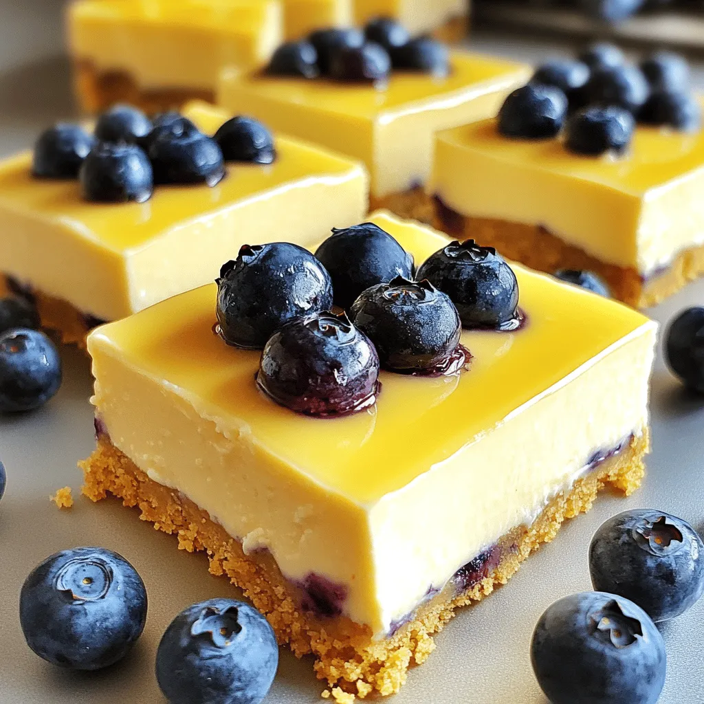 To make Lemon Blueberry Cheesecake Bars, you need a few key items: - 1 ½ cups graham cracker crumbs - ½ cup unsalted butter, melted - 1 tablespoon sugar - 2 (8 oz) packages cream cheese, softened - ¾ cup granulated sugar - 2 large eggs - 1 teaspoon vanilla extract - 1 tablespoon lemon zest - ¼ cup fresh lemon juice - 1 cup fresh blueberries (plus extra for garnish) Fresh blueberries are crucial for flavor and texture. They add a burst of sweetness. Quality cream cheese gives your bars a rich, creamy feel. Using lower-quality cheese can lead to a grainy texture. So, always choose the best ingredients for great results. If you want to make a gluten-free crust, use almond flour instead of graham cracker crumbs. You can mix it with butter and sugar to create a tasty base. For an extra kick of flavor, consider adding lemon extract. Just a few drops can enhance the lemony taste. You can also try adding a pinch of salt to balance the sweetness. This little touch can make a big difference in your bars! Start by preheating your oven to 325°F (163°C). Line an 8x8-inch baking dish with parchment paper. Leave some paper hanging over the sides. This helps you lift the cheesecake bars out later. In a medium bowl, mix 1 ½ cups of graham cracker crumbs, ½ cup of melted unsalted butter, and 1 tablespoon of sugar. Stir until it looks crumbly. Press this mixture firmly into the bottom of the baking dish. Make sure it is even. Bake the crust for 10 minutes. Take it out and let it cool for a bit. A firm crust makes a better base for your cheesecake bars. In a large mixing bowl, add 2 packages of softened cream cheese and ¾ cup of granulated sugar. Beat these together until the mixture is smooth and creamy. This step is key for a rich filling. Next, add 2 large eggs, one at a time. Beat well after each egg. This helps keep the filling light and fluffy. Then mix in 1 teaspoon of vanilla extract, 1 tablespoon of lemon zest, and ¼ cup of fresh lemon juice. Make sure everything is well blended. Gently fold in 1 cup of fresh blueberries. Be careful not to crush them. You want whole berries for bursts of flavor. Pour the cheesecake filling over the cooled crust. Spread it out evenly. Place it in the preheated oven and bake for 35-40 minutes. The edges should be set, but the center will have a slight jiggle. This jiggle means it will set up nicely as it cools. Once baked, take it out of the oven and let it cool to room temperature. After it cools, refrigerate it for at least 4 hours. Overnight is even better. This helps the bars firm up and makes them easier to cut. To get a creamy cheesecake, use softened cream cheese. Start mixing on low speed. Gradually increase to medium speed. This helps prevent air bubbles. Mix until smooth, but don't overbeat. For the best flavor, add fresh lemon juice and lemon zest. This adds brightness to your bars. When adding blueberries, fold them in gently. Be careful not to squish them. This keeps them whole and juicy. Garnish your cheesecake bars with fresh blueberries. A dusting of powdered sugar also looks nice. Serve with a dollop of whipped cream on the side. You could also try a scoop of vanilla ice cream. This adds a rich creaminess that pairs well with the tart lemon. {{image_2}} You can change the flavors of these cheesecake bars easily. Try using strawberries or raspberries instead of blueberries. Both fruits add a nice twist. You can also mix fruits for a fun blend. Adding spices can enhance the taste. A dash of cinnamon or nutmeg brings warmth. Almond extract adds a sweet, nutty flavor that pairs well with lemon. Just a drop can change the whole vibe. You can make these bars dairy-free or vegan. Use cashew cream or coconut cream instead of cream cheese. Swap out eggs for flaxseed meal mixed with water. This keeps the texture creamy and delicious. If you need a gluten-free option, use crushed gluten-free cookies for the crust. Many brands offer tasty alternatives. This way, everyone can enjoy these yummy bars without worry. To keep your cheesecake bars fresh, store them in the fridge. Use an airtight container for best results. Place parchment paper between layers if stacking them. This helps avoid sticking. You can keep them in the fridge for up to five days. They taste great cold and hold their shape. For long-term storage, freezing is a good option. First, cut the bars into squares. Wrap each piece tightly in plastic wrap. Then, place them in a freezer-safe bag or container. They can stay frozen for up to three months. When you are ready to eat them, take them out of the freezer. Let them thaw in the fridge overnight. Serve them chilled for the best taste. You can tell when the cheesecake bars are ready by looking for some key signs. First, check the edges. They should be set and look firm. The center may still jiggle a bit, which is normal. You can also insert a toothpick in the center. If it comes out mostly clean, your bars are done. Keep an eye on the color; the top should be a light golden hue. Yes, you can use frozen blueberries, but there are a few things to note. Frozen blueberries often release more juice. This can make your bars a bit wetter and change the texture. If you choose frozen, do not thaw them first. This helps them hold their shape better while mixing. Fresh blueberries give a brighter taste and a nice texture, so keep that in mind when deciding. To avoid cracks on your cheesecake bars, follow some simple tips. First, do not overmix your filling. Mix just until smooth. Also, let the batter rest before baking. This helps release air bubbles. While baking, try to keep the oven door closed. Rapid temperature changes can cause cracks. Lastly, cool the bars slowly at room temperature before chilling them in the fridge. This gentle cooling can help prevent cracks. You learned how to make delicious Lemon Blueberry Cheesecake Bars. We covered essential ingredients and the importance of fresh blueberries and quality cream cheese. I shared step-by-step instructions from preparing the crust to checking for doneness. You also discovered tips to enhance flavor and texture, along with storage methods. These bars allow for tasty variations and dietary adjustments. Enjoy this sweet treat and share it with others. Happy baking!
