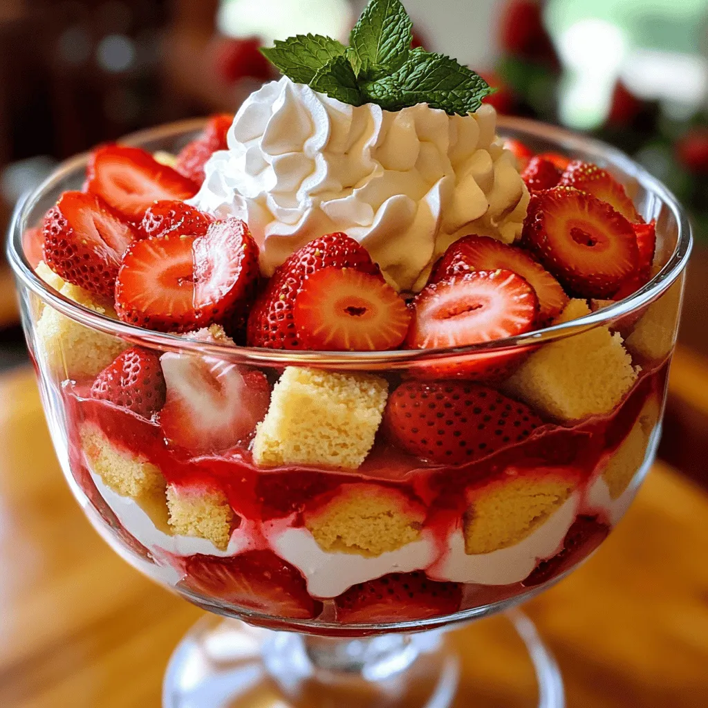 To make a tasty Strawberry Shortcake Trifle, you need fresh fruits. Here’s what to gather: - 2 cups fresh strawberries, hulled and sliced - 2 tablespoons sugar - 1 teaspoon vanilla extract These strawberries are the star of your trifle. The sugar helps bring out their sweet juice, making them even better. Next, you need some key baking and dairy items: - 1 sponge cake or angel food cake, cubed (store-bought or homemade) - 1 cup vanilla pudding (store-bought or homemade) - 1 cup heavy whipping cream - 1 tablespoon powdered sugar - 1 teaspoon almond extract The sponge cake gives your trifle a soft base. The vanilla pudding adds creaminess, while the whipped cream makes it light and fluffy. Finally, to make your trifle look great, consider these garnishes: - Fresh mint leaves for garnish - Additional strawberry slices for topping These bright colors make your trifle pop. Plus, mint adds a nice touch of freshness. Serve it in clear glass bowls to show off those beautiful layers! Start by hulling and slicing 2 cups of fresh strawberries. Place them in a medium bowl. Add 2 tablespoons of sugar. Toss well to coat the strawberries. Let them sit for about 15 minutes. This step helps the strawberries release their juices. You’ll notice their color deepening as they sit. It makes for a sweeter and juicier layer in your trifle. In another bowl, pour in 1 cup of heavy whipping cream. Use an electric mixer on medium speed. Whip until it starts to thicken. Then, add 1 tablespoon of powdered sugar and 1 teaspoon of almond extract. Continue to whip until soft peaks form. This process gives your cream a light and fluffy texture. It adds a rich taste to your trifle. Set the whipped cream aside for later. Grab a trifle dish or individual serving glasses. Start with a layer of cubed sponge cake at the bottom. You can use store-bought or homemade cake. Next, scoop some vanilla pudding over the cake layer. Spread it evenly so each bite has flavor. Now, add a layer of the macerated strawberries. Spoon some of their juice over the layer for extra taste. Top this with a smooth layer of whipped cream. Repeat the layering process: cake, pudding, strawberries, and whipped cream. Keep going until you fill the dish. Finish with a layer of whipped cream on top. For a bright finish, garnish with fresh strawberry slices and mint leaves. Chill the trifle in the refrigerator for at least 1 hour. This waiting time helps the flavors meld together beautifully. To make your Strawberry Shortcake Trifle burst with flavor, use fresh strawberries. They give the best taste when they're in season. Toss them in sugar and let them sit. This step makes the strawberries juicy and sweet. For extra flavor, add vanilla extract to your cream. It enhances the taste and aroma. Almond extract in the cream adds a pleasant twist. It gives your trifle a unique flavor that everyone will love. One common mistake is not letting the strawberries sit long enough. If you skip this step, they won't release their juices. This can make your trifle dry. Another mistake is over-whipping the cream. Stop whipping when you see soft peaks. Over-whipped cream can become grainy and lose its smoothness. Lastly, don’t rush the chilling process. Chilling for at least one hour helps flavors blend together. To make your trifle look stunning, use clear glass bowls or cups. This way, you can see all the lovely layers. After layering, drizzle some of the strawberry juice around the plate. It adds a nice touch and color. Garnish with extra strawberry slices and fresh mint leaves. This not only looks pretty but also adds freshness. Consider using a small spoon for serving to keep portions neat. {{image_2}} You can change the flavor of the pudding in your trifle. Try chocolate pudding for a richer taste. You can also use lemon pudding for a bright, zesty twist. Vanilla is classic, but feel free to explore. Each flavor adds a new layer of delight. If you need a gluten-free option, use gluten-free cake or angel food cake. Many stores sell gluten-free sponge cakes. You can also make your own with gluten-free flour blends. This way, you can enjoy the trifle without worry. Get creative with your trifle! Add layers of crushed cookies for crunch. Try using raspberries or blueberries instead of strawberries for a different flavor. You can mix in yogurt instead of pudding for a lighter option. The possibilities are endless, so have fun with it! To keep your Strawberry Shortcake Trifle fresh, cover it tightly with plastic wrap. You can also use a lid if your dish has one. Store it in the fridge. This helps keep the layers from drying out. Avoid pressing down on the trifle when covering it. You want to keep the pretty layers intact for the next serving. You can keep your trifle in the fridge for up to three days. After that, the cake may get soggy. The strawberries may start to lose their firmness too. If you have leftovers, try to eat them within this timeline for the best taste. If you freeze your trifle, you will need to reassemble it. First, take it out of the freezer and let it thaw in the fridge overnight. Once it is soft, the cake may need some extra moisture. You can brush it lightly with some strawberry juice. Then, add fresh whipped cream and strawberries before serving. This will help it look fresh and tasty again! Yes, you can make this trifle a day ahead. Just layer it as usual and chill it. This helps the flavors mix well. The longer it sits, the better it tastes. Just remember to add fresh mint and strawberry slices before serving. This keeps it looking bright and fresh. If you don’t have heavy cream, you can use coconut cream. It whips well and adds a nice flavor. You can also try whole milk with a bit of melted butter. For a lighter option, use whipped topping. It won't be as rich, but it will still taste good. Making your own vanilla pudding is easy. Start with 2 cups of milk. In a pot, heat the milk gently. In a bowl, mix 1/2 cup of sugar, 1/4 cup of cornstarch, and a pinch of salt. Slowly add this mix to the warm milk. Stir constantly until it thickens. Remove from heat and stir in 1 teaspoon of vanilla. Let it cool before using it in your trifle. This blog post covered the key steps to make a delicious Strawberry Shortcake Trifle. We explored fresh ingredients, essential baking components, and popular garnishes. You learned how to prepare strawberries, whip cream, and layer your trifle for the best results. I shared tips to enhance flavor and avoid common mistakes. We also discussed variations for different tastes and storage tips to keep your dessert fresh. Creating this trifle can be a fun and rewarding experience. Enjoy experimenting with flavors and impressing your friends and family with your stunning creation!