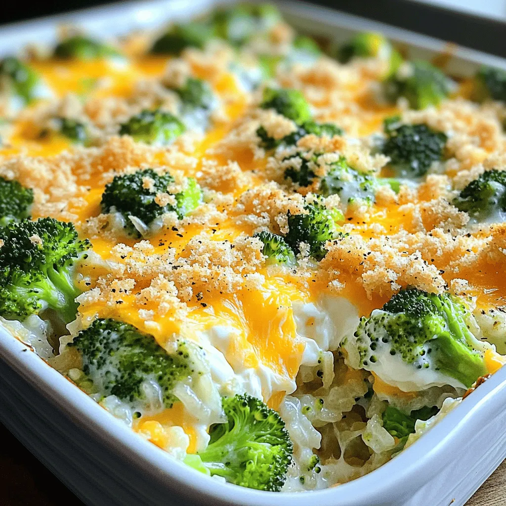 - 1 cup uncooked jasmine rice - 2 cups vegetable broth - 2 cups fresh broccoli florets - 1 cup shredded cheddar cheese - 1 cup sour cream - 1 teaspoon garlic powder - 1 teaspoon onion powder - 1/2 teaspoon salt - 1/2 teaspoon black pepper - 1 cup milk - 2 tablespoons olive oil - 1/2 cup breadcrumbs This casserole shines with its simple yet tasty ingredients. The jasmine rice offers a soft base. The vegetable broth gives it depth and flavor. Fresh broccoli florets add color and crunch. The cheddar cheese melts beautifully. Sour cream brings creaminess, making each bite rich. Garlic and onion powders enhance the overall taste. Salt and black pepper balance the flavors perfectly. Milk ensures a smooth texture. For extra crunch, you can sprinkle breadcrumbs on top. Each ingredient plays a key role in making this dish a family favorite. Start by cooking the jasmine rice in vegetable broth. This adds great flavor. Bring the broth to a boil over medium heat. Once boiling, reduce the heat to a simmer. Cover the pot and cook for about 15 minutes. You want the rice to be tender and all the liquid absorbed. Keep an eye on it to prevent overcooking. Next, lightly steam the broccoli florets. This step is key for a bright color and crisp texture. Steam the florets for about 3-4 minutes. Check if they are tender but still vibrant green. If they look dull, they may be overcooked. Now, it’s time to mix everything together. In a large bowl, combine the cooked rice and steamed broccoli. Add the shredded cheddar cheese, sour cream, and milk. Don’t forget the garlic powder, onion powder, salt, and black pepper. Mix everything until you have a smooth and even mixture. This ensures every bite is full of flavor. Before baking, grease a 9x13 inch baking dish with olive oil. Pour the rice and broccoli mixture into the dish. Spread it evenly across the bottom. If you like a crunchy topping, sprinkle breadcrumbs on top. Bake in the preheated oven at 350°F for 25-30 minutes. You're looking for a bubbly casserole with a golden top. Once done, let it cool for about 5 minutes before serving. This helps the casserole set nicely. To make perfect rice for your casserole, use the right rice-to-liquid ratio. For this recipe, one cup of jasmine rice needs two cups of vegetable broth. This ratio gives the rice a nice, fluffy texture. Avoid overcooking the rice. Cook it just until the liquid is absorbed. This keeps the rice from getting mushy. To get bright and tender broccoli, steam it lightly. Steam the florets for about 3-4 minutes. This method locks in color and nutrients. You can also use a microwave to steam broccoli. Place the florets in a bowl with a bit of water, cover, and microwave for 2-3 minutes. Both methods work well to keep the broccoli vibrant. Choosing the right cheese can change the flavor of your casserole. Cheddar cheese is a great choice for its sharp taste. You can also mix in mozzarella for creaminess or pepper jack for a kick. To achieve a creamy consistency, combine the cheese with sour cream and milk. This mix will make your casserole rich and smooth. {{image_2}} You can add protein to your casserole for extra flavor and nutrition. Chicken or tofu are great options. If you choose chicken, use cooked, shredded pieces. You can also use diced, cooked chicken breast for a heartier dish. For a vegetarian option, cube firm tofu. To integrate your protein, mix it in with the rice and broccoli before adding cheese and sauces. Make sure to season your protein well. This step adds layers of taste. Cheese makes this dish creamy and rich. However, you can switch it up. Try using Monterey Jack or Gouda for a different flavor. If you want a sharper taste, consider using Swiss cheese. If you need a dairy-free option, use plant-based cheese. Brands like Daiya or Violife melt well. Nutritional yeast can also give a cheesy taste without dairy. Instead of jasmine rice, you can try quinoa or brown rice. Quinoa adds protein and a nutty flavor. If you use brown rice, it will take longer to cook. Adjust your cooking time to about 35-40 minutes. Make sure to check the liquid ratio. Quinoa needs about 2 cups of water for every cup of dry quinoa. Brown rice usually needs 2.5 cups of water for every cup of rice. Keep these changes in mind for the best results. To store leftover casserole, let it cool completely. Then, place it in an airtight container. This keeps it fresh for up to four days. If you plan to reheat it, preheat your oven to 350°F (175°C). Cover the dish with foil to keep moisture in. Bake for about 20 minutes until hot throughout. For quicker reheating, you can use a microwave. Heat in short bursts, stirring in between, until warm. For long-term storage, freezing is the best option. Start by letting the casserole cool fully. Then, cut it into portions and wrap each piece tightly in plastic wrap. Place the wrapped pieces in a freezer-safe bag or container. This prevents freezer burn and keeps flavors intact. You can freeze the casserole for up to three months. To thaw the preserved casserole, move it to the fridge for a few hours or overnight. For a faster method, you can use the microwave. Once thawed, reheat it in the oven at 350°F (175°C) until it bubbles. If using a microwave, heat on low power, stirring occasionally. Enjoy your delicious dish! You can use plain Greek yogurt as a great substitute for sour cream. It has a similar texture and taste. If you want a dairy-free option, try using coconut cream or blended silken tofu. Both work well in this casserole. They provide creaminess and keep the dish tasty. Look for a golden top. The casserole should bubble around the edges. You can also insert a knife in the center. If it comes out hot, it's ready. Let it cool for about five minutes before serving. This helps it set and makes it easier to serve. Yes, you can make it ahead. Prepare the dish and cover it with plastic wrap. Store it in the fridge for up to 24 hours. When ready to bake, remove the wrap and bake as directed. If you freeze it, let it thaw overnight in the fridge before baking. This blog post detailed a tasty casserole featuring jasmine rice, broccoli, and cheddar cheese. I shared step-by-step instructions to help you prepare it easily. We explored useful tips to perfect rice and choose the right cheese. You also learned about variations, like protein or grain swaps. Finally, I discussed storage and reheating methods for your leftovers. Enjoy experimenting with this dish and make it your own!