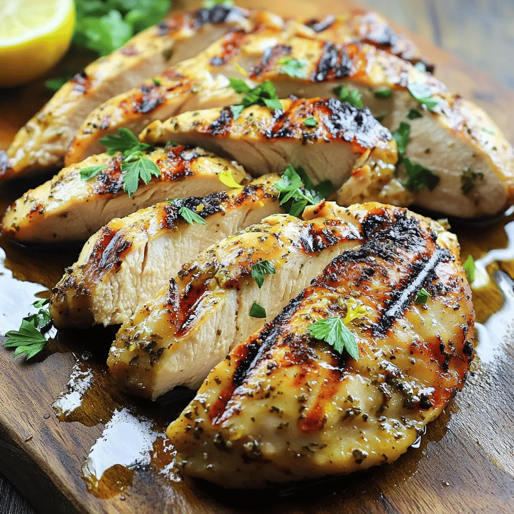 For this Lemon Herb Grilled Chicken, you need: - 4 boneless, skinless chicken breasts - 1/4 cup olive oil - 2 lemons (juiced and zested) - 3 cloves garlic, minced These items build the base of your dish. The chicken is lean and cooks well on the grill. Olive oil adds richness and keeps the chicken moist. The lemons bring bright flavor, while garlic adds depth. The marinade is key to flavor. You will also need: - 1 tablespoon fresh rosemary, finely chopped - 1 tablespoon fresh thyme, finely chopped - 1 teaspoon dried oregano - Salt and pepper to taste Fresh herbs give a vibrant taste. Rosemary and thyme pair well with chicken. Oregano adds a hint of earthiness. Salt and pepper enhance all these flavors. For a lovely finish, use: - Fresh parsley for garnish Chopped parsley adds color and freshness. It makes the dish look appealing and brightens the flavor. You can sprinkle it on right before serving. Start by gathering your ingredients. You will need olive oil, lemon juice, lemon zest, garlic, rosemary, thyme, oregano, salt, and pepper. In a bowl, whisk these ingredients together until they blend well. The lemon juice adds a bright flavor, while the herbs give depth. This marinade makes the chicken moist and tasty. Place the chicken breasts in a large resealable plastic bag or a shallow dish. Pour the marinade over the chicken. Make sure each piece is fully coated. Seal the bag or cover the dish tightly. Let it sit in the fridge for at least 30 minutes. If you want a stronger flavor, marinate for up to 4 hours. This step is key to juicy, flavorful chicken. Preheat your grill to medium-high heat before you start cooking. Remove the chicken from the marinade and throw away the leftover marinade. Place the chicken on the hot grill. Cook it for about 6-7 minutes on each side. Check the internal temperature; it should reach 165°F (75°C). Once done, take the chicken off the grill and let it rest for 5 minutes. This helps the juices stay inside the chicken. Finally, slice the chicken and sprinkle fresh parsley on top before serving. Enjoy your delicious Lemon Herb Grilled Chicken! To make juicy chicken, start with marinating. Use a mix of olive oil, lemon juice, and fresh herbs. This mix adds moisture and flavor. Let the chicken sit in the marinade for at least 30 minutes. For more flavor, marinate for up to 4 hours. Remember to let the chicken rest after grilling. Resting helps the juices stay inside. You can boost the flavor in many ways. Try adding more herbs like basil or mint. You can also use different citrus fruits. Lime or orange juice works well too. For a spicy kick, add some red pepper flakes. Always taste your marinade before adding it to the chicken. Adjust salt and pepper to your liking. Grilling is great for this dish. Preheat your grill to medium-high heat. This helps get nice grill marks. Cook the chicken for about 6-7 minutes on each side. Use a meat thermometer to check for doneness. The internal temperature should reach 165°F (75°C). If you don’t have a grill, you can use a grill pan or bake in the oven. Just keep an eye on the cooking time. {{image_2}} You can switch up the herbs in this dish. Fresh herbs bring great flavor. Try basil or dill for a twist. You can also mix different herbs. Just keep the same amount. This gives you a new taste each time. You don’t have to use a grill. You can bake or pan-sear the chicken. For baking, set your oven to 375°F (190°C). Bake the chicken for about 25-30 minutes. Use a meat thermometer to check. The chicken should reach 165°F (75°C). For pan-searing, heat a skillet with olive oil. Cook the chicken for 6-7 minutes on each side. This method gives a nice crust. Pair the grilled chicken with fresh sides. A light salad or grilled veggies works well. You can also serve it with rice or quinoa. For a fun twist, add a yogurt sauce. A squeeze of fresh lemon on top makes it bright. Don't forget to sprinkle some fresh parsley for color. Enjoy your meal! To keep your Lemon Herb Grilled Chicken fresh, store it in an airtight container. Place it in the fridge within two hours of cooking. Properly stored, it lasts up to three days. Make sure the chicken cools before sealing the container. When you’re ready to eat the leftovers, reheating is simple. Preheat your oven to 350°F (175°C). Place the chicken on a baking sheet. Cover it with aluminum foil to keep it moist. Heat for about 15-20 minutes, or until it warms through. You can also reheat in a microwave for quick meals. Just be careful not to overcook it. If you want to save chicken for later, freezing works well. Wrap each piece in plastic wrap, then place them in a freezer-safe bag. This helps keep out air and prevents freezer burn. Your chicken can stay frozen for up to three months. When you’re ready to eat, thaw it in the fridge overnight before reheating. You should marinate the chicken for at least 30 minutes. This time helps the flavors soak in. For a stronger taste, marinate for up to 4 hours. Just don't go over that. The chicken might get too salty. Yes, you can use bone-in chicken if you prefer. Bone-in chicken adds extra flavor and moisture. Keep in mind, it may need more cooking time. Cook until the internal temperature hits 165°F (75°C). Use a meat thermometer for the best results. Lemon Herb Grilled Chicken goes well with many sides. Here are some tasty ideas: - Grilled vegetables - Garlic mashed potatoes - Quinoa salad - Caesar salad - Steamed asparagus These sides enhance the fresh flavors of the chicken and make a great meal. Enjoy! This blog post covered how to create the perfect Lemon Herb Grilled Chicken. We looked at the main ingredients, marinade, and garnishes that boost flavor. I shared step-by-step cooking tips and tricks to ensure juicy, tasty chicken. You also found variations and storage tips for leftovers. Remember, the key to success lies in the marinade and cooking method. Enjoy your grilled chicken, and get creative with your own twists!
